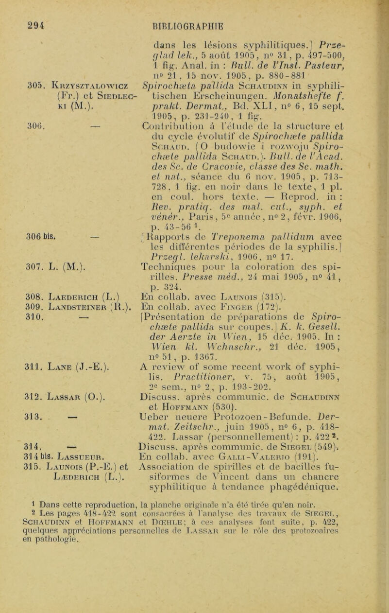 305. Krzysztalowicz (Fr.) et Siedlec- KI (M.). 300. 306 bis. 307. L. (M.). 308. Laederich (L.) 309. Landsteiner (IF). 310. — 311. Lais’e (J.-E.). 312. Lassar (O.). 313. — 314. — 314 bis. Lassueur. 315. Launois (P.-E.) et Læderich (L.). dans les lésions syphilitiques.] Prze- glad leli., 5 août 1905, n° 31, p. 497-500, 1 fig. Anal, in : Bull, de l’Inst. Pasteur, n° 21 , 15 nov. 1905, p. 880-881 Spirochæta pallida Schaudinn in syphili- tischen Erscheinungen. Monatshefte f. prnkt. Dermat., Bd. XLI. n° 6, 15 sept. 1905, p. 231-240. 1 fi g. Contribution à l'étude de la structure et du cycle évolutif de Spirochæte pallida Schaud. (O budowie i rozwoju Spiro- chæte pallida Schaud.). Bull, de l’Acad. des Se. de Cracovie, classe des Sc. math, et nat., séance du 6 nov. 1905, p. 713- 728, 1 fig. en noir dans le texte, 1 pl. en coul. hors texte. — Reprod. in : Bev. pratiq. des mal. eut., syph. et vènèr., Paris, 5e année , n° 2 , févr. 1906, p. 43-56 F [Rapports de Treponema pallidum avec les différentes périodes de la syphilis.] Przegl. lekarski, 1906, n° 17. Techniques pour la coloration des spi- rilles. Presse méd., 24 mai 1905, n° 41, p. 324. En collab. avec Launois (315). En collab. avec Finger (172). [Présentation de préparations de Spiro- chæte pallida sur coupes.] K. k. Gesell. der Aerzle in Wicn, 15 déc. 1905. In : Wien kl. Wchnschr., 21 déc. 1905, n° 51, p. 1367. A review of some recent work of syphi- lis. Practitioner, v. 75, août 1905, 2e sem., n° 2, p. 193-202. Discuss. après communie, de Schaudinn et Hoffmann (530). Ueber neuere Protozoen-Befunde. Der- mat. Zeitschr., juin 1905, n° 6, p. 418- 422. Lassar (personnellement) : p. 422 2. Discuss. après communie, de Siegel (549). En collab. avec Gai.li-Valerio (191). Association de spirilles et de bacilles fu- siformes de Vincent dans un chancre syphilitique à tendance pliagédénique. 1 Dans cette reproduction, la planche originale n’a été tirée qu’en noir. 2 Les pages 418-422 sont consacrées à l’analyse des travaux de Siegel, Schaudinn et Hoffmann et Dcehle; à ces analyses font suite, p. 422, quelques appréciations personnelles de Lassar sur le rôle des protozoaires en pathologie.