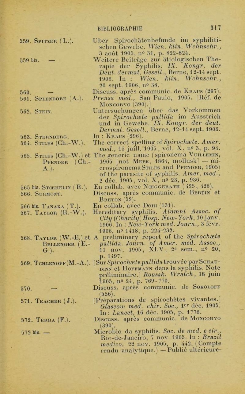 559. Spitzer ( L.). 559 bis. — 560. — 561. Splendore (A.). 562. Stein. 563. Sternberg. 56 4. Stm.es (Ch.-W.). 565. Stm.es (Ch.-W.) et Pfender (Ch.- A.). 565 bis. Stoehei.in ( R.). 566. Surmont. 566 bis. T an ak a (T.). 567. Taylor (R.-W.). 568. Taylor (W.-E.) et Rei.lenger ( E.- G.). 569. Tchlenoff(M.-A.). 570. — 571. Teacher (J.). 572. Terra (F.). 572 bis. — Uber Spirochatenbefunde im syphiliti- sehen Gewebe. Wien. klin. Wchnschr., 3 août 1905, n° 31, p. 822-824. Weitéré Beitrage zur atiologischen Thé- rapie der Syphilis.' IX. Kongr. der Deut. dermat. Gesell., Berne, 12-14 sept. 1906. In : Wien. klin. Wchnschr., 20 sept. 1906, il» 38. Discuss. après communie, de Kraus (297). Prensa med., San Paulo, 1905. [Réf. de Moncorvo (390).1 Untersuchungen über das Vorkommen der Spirochæte pallida im Ausstrich und in Gewebe. IX. Kongr. der deut. Dermat. Gesell., Berne, 12-14 sept. 1906. In : Kraus (296). The correct spellingof Spirochæte. Amer, med., 15 juill. 1905, vol. X, n° 3, p. 94. The generic name (spironema Vum.lemin, 1905 [not Meek, 1864, mollusk] — mi- crospironemaSTiLES and Pfender, 19'05) of the parasite of syphilis. Amer, med., 2 déc. 1905, vol. X, n° 23, p. 936. En collab. avec Nœggeratii ( 425, 426). Discuss. après communie, de Bertin et Breton (52). En collab. avec Dohi (131). Hereditary syphilis. Alumni Assoc. of City (Charity IIosp. New-York, 10 janv. 1906. In : New-York med. Journ., 3 févr. 1906, n° 1418, p. 224-232. A preliminary report of the Spirochæte pallida. Journ. of Amer. med. Assoc., 11 nov. 1905, XLV, 2® sem., n° 20, p. 1497. [Sur Spirochæte pallida trouvée parSchau- dinn et Hoffmann dans la syphilis. Note préliminaire.] Roussk. Wratch, 18 juin 1905, n° 24, p. 769-770. Discuss. après communie, de Sokoloff (556). [Préparations de spirochètes vivantes.] Glascow med. chir. Soc., 1er déc. 1905. In: Lancet, 16 déc. 1905, p. 1776. Discuss. après communie, de Moncorvo (390). Microbio da syphilis. Soc. de med. e cir., Rio-de-Janeiro, 7 nov. 1905. In : Brazil medico, 22 nov. 1905, p. 442. (Compte rendu analytique.) — Publié ultérieure-
