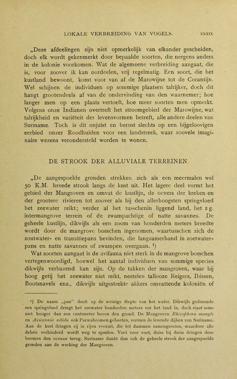 „Deze afdeelingen zijn niet opmerkelijk van elkander gescheiden, doch elk wordt gekenmerkt door bepaalde soorten, die nergens anders in de kolonie voorkomen. Wat de algemeene verbreiding aangaat, die is, voor zoover ik kan oordeelen, vrij regelmatig. Een soort, die het kustland bewoont, komt voor van af de Marowijne tot de Corantijn. Wel schijnen de individuen op sommige plaatsen talrijker, doch dit hangt grootendeels af van de ondervinding van den waarnemer; hoe langer men op een plaats vertoeft, hoe meer soorten men opmerkt. Volgens onze Indianen overtreft het stroomgebied der Marowijne, wat talrijkheid en variëteit der levensvormen betreft, alle andere deelen van Suriname. Toch is dit onjuist en berust slechts op een bijgeloovigen eerbied onzer Roodhuiden voor een landstreek, waar zoovele imagi- naire wezens verondersteld worden te wonen. DE STROOK DER ALLUVIALE TERREINEN. „De aangespoelde gronden strekken zich als een meermalen wel 50 K.M. breede strook langs de kust uit. Het lagere deel vormt het gebied der Mangroven en omvat de kustlijn, de oevers der kreken en der grootere rivieren tot zoover als bij den allerhoogsten springvloed het zeewater reikt; verder al het tasschenin liggend land, het z g. intermangrove terrein of de zwampachtige of natte savannes. De geheele kustlijn, dikwijls als een zoom van honderden meters breedte wordt door de mangrove bosschen ingenomen, waartusschen zich de zoutwater- en transitiepans bevinden, die langzamerhand in zoetwater- pans en natte savannes of zwampen overgaan. Wat soorten aangaat is de avifauna niet sterk in de mangrove bosschen vertegenwoordigd, hoewel het aantal individuen van sommige species dikwijls verbazend kan zijn. Op de takken der mangroven, waar bij hoog getij het zeewater niet reikt, nestelen tallooze Reigers, Ibissen, Bootsnavels enz., dikwijls uitgestrekte akkers omvattende koloniën of *) De naam „pan” doelt op de weinige diepte van het water. Dikwijls gedurende een springvloed dringt het zeewater honderden meters ver het land in, doch staat soms niet hooger dan een centimeter boven den grond. De Mangroven Rhizophora mandie en Avicennia nilida ook Parwaboomen geheeten, vormen de levende dijken van Suriname. Aan de kust dringen zij in rijen vooruit, die tot dammen samengroeien, waardoor allo debris verhinderd wordt weg te spoelen. Voet voor voet, duim bij duim dringen deze boomen den oceaan terug. Suriname dankt dan ook de geheele strook der aangespoelde gronden aan de werking der Mangroven.