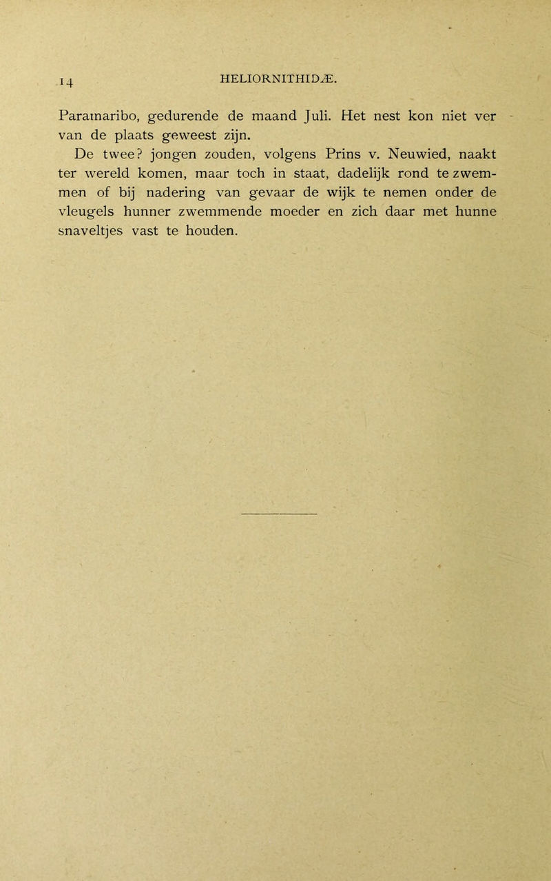 Paramaribo, gedurende de maand Juli. Het nest kon niet ver van de plaats geweest zijn. De twee? jongen zouden, volgens Prins v. Neuwied, naakt ter wereld komen, maar toch in staat, dadelijk rond te zwem- men of bij nadering van gevaar de wijk te nemen onder de vleugels hunner zwemmende moeder en zich daar met hunne snaveltjes vast te houden.