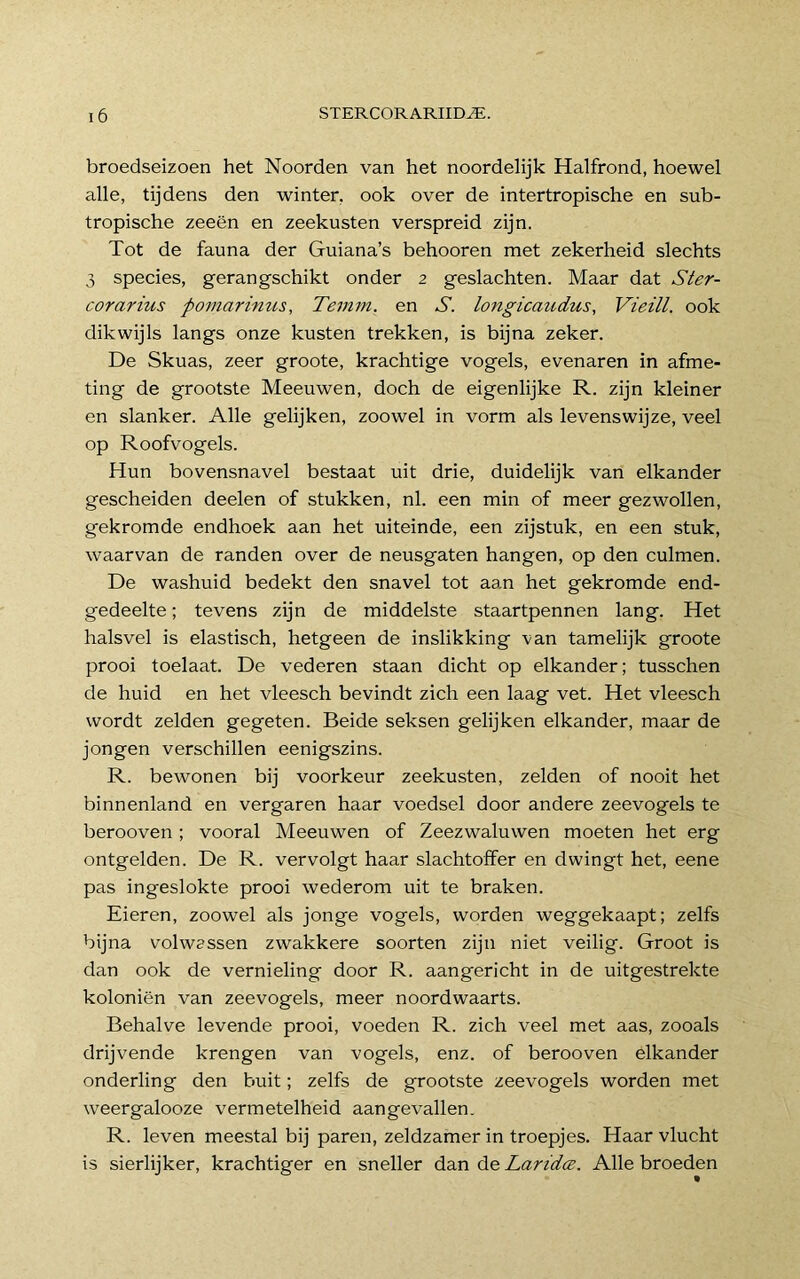 broedseizoen het Noorden van het noordelijk Halfrond, hoewel alle, tijdens den winter, ook over de intertropische en sub- tropische zeeën en zeekusten verspreid zijn. Tot de fauna der Guiana’s behooren met zekerheid slechts 3 species, gerangschikt onder 2 geslachten. Maar dat Ster- corarius pomarinus, Teimn. en S. longicaitdus, Vieill. ook dikwijls langs onze kusten trekken, is bijna zeker. De Skuas, zeer groote, krachtige vogels, evenaren in afme- ting de grootste Meeuwen, doch de eigenlijke R. zijn kleiner en slanker. Alle gelijken, zoowel in vorm als levenswijze, veel op Roofvogels. Hun bovensnavel bestaat uit drie, duidelijk van elkander gescheiden deelen of stukken, nl. een min of meer gezwollen, gekromde endhoek aan het uiteinde, een zijstuk, en een stuk, waarvan de randen over de neusgaten hangen, op den culmen. De washuid bedekt den snavel tot aan het gekromde end- gedeelte; tevens zijn de middelste staartpennen lang. Het halsvel is elastisch, hetgeen de inslikking van tamelijk groote prooi toelaat. De vederen staan dicht op elkander; tusschen de huid en het vleesch bevindt zich een laag vet. Het vleesch wordt zelden gegeten. Beide seksen gelijken elkander, maar de jongen verschillen eenigszins. R. bewonen bij voorkeur zeekusten, zelden of nooit het binnenland en vergaren haar voedsel door andere zeevogels te berooven ; vooral Meeuwen of Zeezwaluwen moeten het erg ontgelden. De R. vervolgt haar slachtoffer en dwingt het, eene pas ingeslokte prooi wederom uit te braken. Eieren, zoowel als jonge vogels, worden weggekaapt; zelfs bijna volwassen zwakkere soorten zijn niet veilig. Groot is dan ook de vernieling door R. aangericht in de uitgestrekte koloniën van zeevogels, meer noordwaarts. Behalve levende prooi, voeden R. zich veel met aas, zooals drijvende krengen van vogels, enz. of berooven elkander onderling den buit; zelfs de grootste zeevogels worden met weergalooze vermetelheid aangevallen. R. leven meestal bij paren, zeldzamer in troepjes. Haar vlucht is sierlijker, krachtiger en sneller dan de Laridcz. Alle broeden