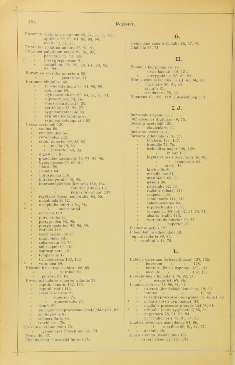 Register. Foramen occipitale magnutn 48, 54, 55, 56, 89. opticum 59, 60, 61, 88, 98, 99. » ovale 59, 61, 96. Foramina palatina minora 83, 90, 97. Foramen palatinum majus 90, 96, 97. » parietale 72, 73, 100. 1 pterygospinosum 91. » rotundum 58, 59, 60, 61, 88, 92, 93, 99. Foramina saeralia anteriora 30. » » posteriora 31. Foramen singulare 68. » sphenopalatinum 90, 91, 98, 99. » spinosum 59. » stylomastoideum 62, 64, 67, 70, 71. » supraorbitale 74, 76. » transversarium 26, 29. » vertebrale 25, 26, 27. » zygomaticofaciale 83. » zygomaticoorbitale 83. » zygomaticotemporale 83. Fossa acetabuli 130. * canina 80. i condyloidea 55. » coronoidea 112. > cranii anterior 49, 88, 95. » » media 49, 88. » > posterior 49, 88. x digastrica 85. » glandulae lacrimalis 76, 77, 92, 98. » hypophyseos 59, 60, 61. » iliaca 128. » incudis 64. > infraspinata 110. x infratemporalis 48, 95. intercondyloidea (femoris) 132, 134. » x anterior (tibiae) 137. » x posterior (tibiae) 137. * jugularis (ossis temporalis) 62, 65. > mandibularis 62. * * occipitalis inferior 54, 56. * x » superior 54. x olecrani 112. x praenasalis 97. x pterygoidea 58, 95. » pterygopalatina 92, 98, 99. x radialis 112. x sacci lacrimalis 98. » scaphoidea 58. x subarcuata 63, 70. x subscapularis 110. x supraspinata 110. x temporalis 47. x trochanterica 132, 133. * x vermiana 89. Fossula fenestrae cochleae 66, 68. x x vestibuli 66. x petrosa 62, 65. Fovea articularis superior atlantis 29. x capitis femoris 132, 133. x capituli radii 115. x costalis inferior 25. x x superior 25. x x transversalis 25. x dentis 29. x pterygoidea (processus condyloidei) 84, 85. x sublingualis 85. x submaxillaris 85. x trochlearis 76. *Foveolae ethmoidales 76. x granuläres [Pacchioni] 50, 73. Frons 46, 47. Fundus meatus acustici interni 65. G. Geniculum canalis facialis 65, 67, 68. Glabella 46, 74. H. Hamulus lacrimalis 79, 98. » ossis hamati 118, 121. x pterygoideus 58, 60, 95. Hiatus canalis facialis 63, 64, 65, 66, 67. » maxillaris 80, 91, 99. » sacralis 31. » semilunaris 78, 90. Humerus 12, 106, 112. Entwicklung 113. I, J. Impressio trigemini 63. Jmpressiones digitatae 49, 75. Incisura acetabuli 130. » clavicularis 41. Tncisurae costales 41. Incisura ethmoidalis 76, 77. » fibularis 136, 137. » frontalis 74, 76. » ischiadica major 128, 129. » x minor 129. » jugularis ossis occipitalis 56, 89. x x x temporalis 63. » x sterni 41. » lacrimalis 80. x mandibulae 84. x mastoidea 62, 71. » nasalis 80. x parietalis 62, 63. * radialis (ulnae) 114. x scapulae 110. » semilunaris 114, 115. x sphenopalatina 83. * supraorbitalis 74, 76. x tympanica [Rivini] 62, 64, 70, 71. x ulnaris (radii) 115. x vertebralis inferior 25, 27. x x superior 27. Inclinatio pelvis 127. Infundibulum etlimoidale 78. Juga alveolaria 80, 85. x cerebralia 49, 75. L. Labium externum (cristae iliacae) 129, 130. x internum x x 128. x laterale (lineae asperae) 132, 133. x mediale » » 132, 133. Labyrinthus ethmoidalis 78, 92, 94. x osseus 68, 69, 96. Lamina cribrosa 78, 90, 91, 94. x externa (der Schädelknochen) 19, 50. » interna » » 19, 50. x lateralis processus pterygoidei 58, 60,61,99 x malaris (ossis zygomatici) 83. x medialis processus pterygoidei 58, 61. x orbitalis (ossis zygomatici) 83, 98. x papyracea 78, 91, 92, 94. x perpendicularis 78, 91, 94, 95. Limbus alveolaris mandibulae 84, 86. x x maxillae 80, 81, 82, 97. x dentalis 48. Linea arcuata (ossis ilium) 128. x aspera (femoris) 132, 133.