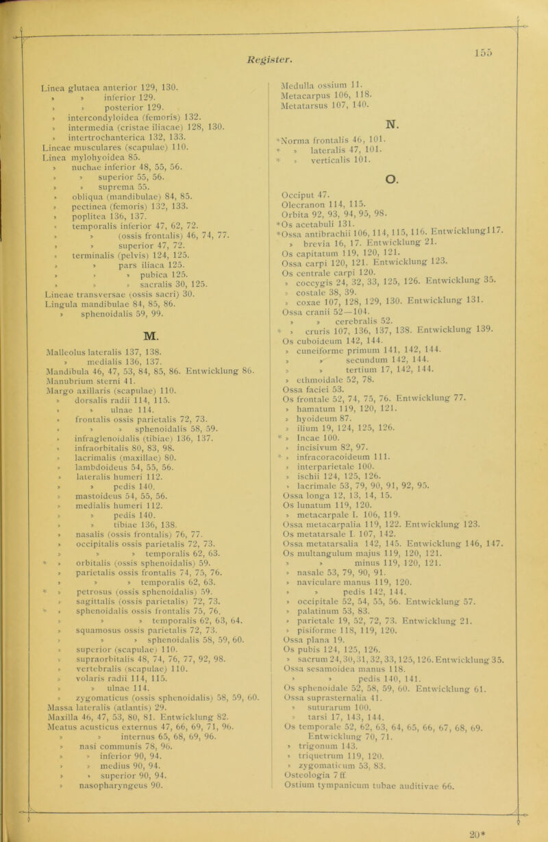 Linea glutaea anterior 129, 130. » » inferior 129. » » posterior 129. » intercondyloidea (femoris) 132. » intermedia (cristae iliacae) 128, 130. » intertrochanterica 132, 133. Lineae musculares (scapulae) 110. Linea mylohyoidea 85. » nuchae inferior 48, 55, 56. » > superior 55, 56. » » suprema 55. > obliqua (mandibulae) 84, 85. » pectinea (femoris) 132, 133. » poplitea 136, 137. » temporalis inferior 47, 62, 72. » » (ossis frontalis) 46, 74, 77. » » superior 47, 72. » terminalis (pelvis) 124, 125. » > pars iliaca 125. » » > pubica 125. » » > sacralis 30, 125. Lineae transversae (.ossis sacri) 30. Lingula mandibulae 84, 85, 86. » sphenoidalis 59, 99. M. Malleolus lateralis 137, 138. > medialis 136, 137. Mandibula 46, 47, 53, 84, 85, 86. Entwicklung 86. Manubrium sterni 4L Margo axillaris (scapulae) 110. t> dorsalis radii 114, 115. » » ulnae 114. » frontalis ossis parietalis 72, 73. » » > sphenoidalis 58, 59. » infraglenoidalis (tibiae) 136, 137. * infraorbitalis 80, 83, 98. > lacrimalis (maxillae) 80. » lambdoideus 54, 55, 56. » lateralis humeri 112. » » pedis 140. » mastoideus 54, 55, 56. t medialis humeri 112. » » pedis 140. » » tibiae 136, 138. » nasalis (ossis frontalis) 76, 77. » occipitalis ossis parietalis 72, 73. » » » temporalis 62, 63. =>• > orbitalis (ossis sphenoidalis) 59. » parietalis ossis frontalis 74, 75, 76. » » » temporalis 62, 63. * » petrosus (ossis sphenoidalis) 59. sagittalis (ossis parietalis) 72, 73. ■' • sphenoidalis ossis frontalis 75, 76. » » temporalis 62, 63, 64. » squamosus ossis parietalis 72, 73. » » sphenoidalis 58, 59, 60. » superior (scapulae) 110. supraorbitalis 48, 74, 76, 77, 92, 98. vertebralis (scapulae) 110. » volaris radii 114, 115. » ulnae 114. zygomaticus (ossis sphenoidalis) 58, 59, 60 Massa lateralis (atlantis) 29. Maxilla 46, 47, 53, 80, 81. Entwicklung 82. Meatus acusticus externus 47, 66, 69, 71, 96. » » internus 65, 68, 69, 96. » nasi communis 78, 96. » » inferior 90, 94. » medius 90, 94. > » superior 90, 94. > nasopharyngeus 90. Medulla ossium 11. Metacarpus 106, 118. Metatarsus 107, 140. N. *Norma frontalis 46, 101. * -t> lateralis 47, 101. * » verticalis 101. o. Occiput 47. Olecranon 114, 115. Orbita 92, 93, 94, 95, 98. *Os acetabuli 131. . *Ossa antibrachii 106, 114, 115, 116. Entwicklung! . » brevia 16, 17. Entwicklung 21. Os capitatum 119, 120, 121. Ossa carpi 120, 121. Entwicklung 123. Os centrale carpi 120. > coccygis 24, 32, 33, 125, 126. Entwicklung 35. > costale 38, 39. , coxae 107, 128, 129, 130. Entwicklung 131. Ossa cranii 52 —104. » » cerebralis 52. * » cruris 107, 136, 137, 138. Entwicklung 139. Os cuboideum 142, 144. > cuneiforme primum 141, 142, 144. > » secundum 142, 144. » » tertium 17, 142, 144. » etlimoidale 52, 78. Ossa faciei 53. Os frontale 52, 74, 75, 76. Entwicklung 77. » hamatum 119, 120, 121. » hyoideum 87. » ilium 19, 124, 125, 126. * » Incae 100. » incisivuin 82, 97. :t » infracoracoideum 111. » interparietale 100. » ischii 124, 125, 126. » lacrimale 53, 79, 90, 91, 92, 95. Ossa longa 12, 13, 14, 15. Os lunatum 119, 120. » metacarpale I. 106, 119. Ossa metacarpalia 119, 122. Entwicklung 123. Os metatarsale I. 107, 142. Ossa metatarsalia 142, 145. Entwicklung 146, 147. Os multangulum majus 119, 120, 121. » > minus 119, 120, 121. » nasale 53, 79, 90, 91. » naviculare manus 119, 120. » » pedis 142, 144. » occipitale 52, 54, 55, 56. Entwicklung 57. » palatinum 53, 83. » parietale 19, 52, 72, 73. Entwicklung 21. » pisiforme 118, 119, 120. Ossa plana 19. Os pubis 124, 125, 126. » sacrum 24,30,31,32, 33,125, 126. Entwicklung 35. Ossa sesamoidea manus 118. > » pedis 140, 141. Os sphenoidale 52, 58, 59, 60. Entwicklung 61. Ossa suprasternalia 4L » suturarum 100. » tarsi 17, 143, 144. Os temporale 52, 62, 63, 64, 65, 66, 67, 68, 69. Entwicklung 70, 71. » trigonum 143. » triquetrum 119, 120. > zygomaticum 53. 83. Osteologia 7 ff Ostium tympanicum tubae auditivae 66.