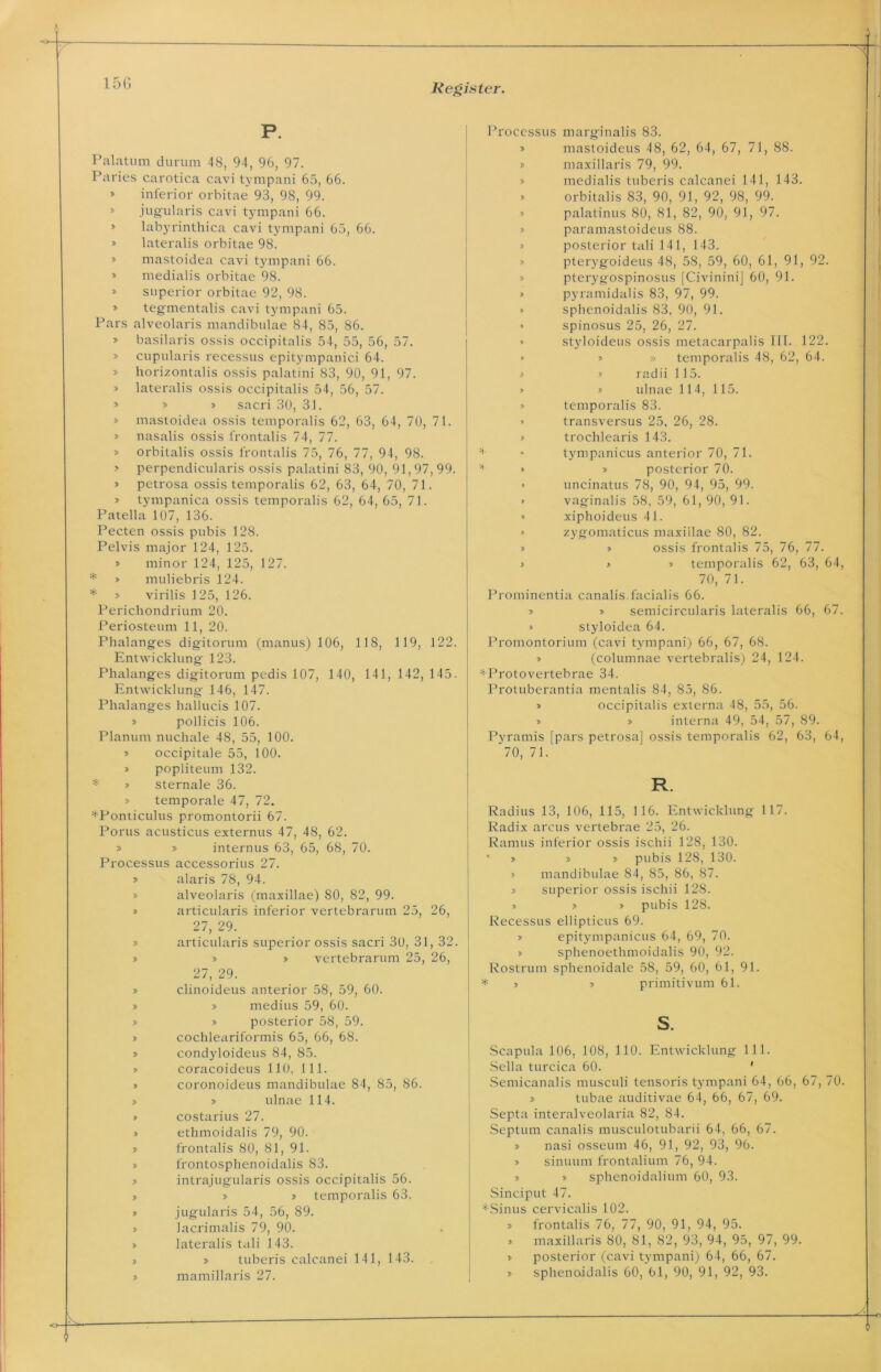 P. Palatum durum 48, 94, 96, 97. Paries carotica cavi tympani 65, 66. » inferior orbitae 93, 98, 99. * jugularis cavi tympani 66. » labyrinthica cavi tympani 65, 66. » lateralis orbitae 98. » mastoidea cavi tympani 66. » medialis orbitae 98. » superior orbitae 92, 98. * tegmentalis cavi tympani 65. Pars alveolaris mandibulae 84, 85, 86. » basilaris ossis occipitalis 54, 55, 56, 57. » cupularis recessus epitympanici 64. » horizontalis ossis palatini 83, 90, 91, 97. » lateralis ossis occipitalis 54, 56, 57. » » » sacri 30, 31. » mastoidea ossis temporalis 62, 63, 64, 70, 71. » nasalis ossis frontalis 74, 77. » orbitalis ossis frontalis 75, 76, 77, 94, 98. > perpendicularis ossis palatini 83, 90, 91,97, 99. » petrosa ossis temporalis 62, 63, 64, 70, 71. » tympanica ossis temporalis 62, 64, 65, 71. Patella 107, 136. Pecten ossis pubis 128. Pelvis major 124, 125. » minor 124, 125, 127. * » muliebris 124. * * virilis 125, 126. Perichondrium 20. Periosteum 11, 20. Phalanges digitorum (manus) 106, 1 18, 119, 122. Entwicklung- 123. Phalanges digitorum pedis 107, 140, 141, 142, 145. Entwicklung 146, 147. Phalanges hallucis 107. » pollicis 106. Planum nuchale 48, 55, 100. » occipitale 55, 100. » popliteum 132. * » sternale 36. » temporale 47, 72. *Ponticulus promontorii 67. Porus acusticus externus 47, 48, 62. » » internus 63, 65, 68, 70. Processus accessorius 27. » alaris 78, 94. » alveolaris (maxillae) 80, 82, 99. * articularis inferior vertebrarum 25, 26, 27, 29. p articularis superior ossis sacri 30, 31, 32. > » » vertebrarum 25, 26, 27, 29. » clinoideus anterior 58, 59, 60. > » medius 59, 60. » » posterior 58, 59. » cochleariformis 65, 66, 68. » condyloideus 84, 85. » coracoideus 110, 111. » coronoideus mandibulae 84, 85, 86. » » ulnae 114. » costarius 27. » ethmoidalis 79, 90. » frontalis 80, 81, 91. » frontosphenoidalis 83. * intrajugularis ossis occipitalis 56. » » > temporalis 63. » jugularis 54, 56, 89. » lacrimalis 79, 90. » lateralis tali 143. » » tuberis calcanei 141, 143. » mamillaris 27. Processus marginalis 83. » mastoideus 48, 62, 64, 67, 71, 88. ? maxillaris 79, 99. » medialis tuberis calcanei 141, 143. » orbitalis 83, 90, 91, 92, 98, 99. * palatinus 80, 81, 82, 90, 91, 97. » paramastoideus 88. » posterior tali 141, 143. » pterygoideus 48, 58, 59, 60, 61, 91, 92. » pterygospinosus [Civinini] 60, 91. > pyramidalis 83, 97, 99. » sphenoidalis 83, 90, 91. * spinosus 25, 26, 27. » styloideus ossis metacarpalis III. 122. » » » temporalis 48, 62, 64. * » radii 115. » * ulnae 114, 115. » temporalis 83. » transversus 25, 26, 28. » trochlearis 143. * * tympanicus anterior 70, 71. '■* » » posterior 70. * uncinatus 78, 90, 94, 95, 99. » vaginalis 58, 59, 61, 90, 91. » xiphoideus 41. » zygomaticus maxillae 80, 82. » » ossis frontalis 75, 76, 77. » » » temporalis 62, 63, 64, 70, 71. Prominentia canalis.facialis 66. p p semicircularis lateralis 66, 67. » styloidea 64. Promontorium (cavi tympani) 66, 67, 68. » (columnae vertebralis) 24, 124. Protovertebrae 34. Protuberantia mentalis 84, 85, 86. > occipitalis externa 48, 55, 56. » p interna 49, 54, 57, 89. Pyramis [pars petrosa] ossis temporalis 62, 63, 64, 70, 71. R. Radius 13, 106, 115, 116. Entwicklung 117. Radix arcus vertebrae 25, 26. Ramus inferior ossis ischii 128, 130. • p pp pubis 128, 130. » mandibulae 84, 85, 86, 87. p superior ossis ischii 128. » p p pubis 128. Recessus ellipticus 69. » epitympanicus 64, 69, 70. p sphenoetlimoidalis 90, 92. Rostrum sphenoidale 58, 59, 60, 61, 91. * p p primitivum 61. s. Scapula 106, 108, 110. Entwicklung 111. Sella turcica 60. ' Semicanalis musculi tensoris tympani 64, 66, 67, 70. » tubae auditivae 64, 66, 67, 69. Septa interalveolaria 82, 84. Septum canalis musculotubarii 64, 66, 67. p nasi osseum 46, 91, 92, 93, 96. > sinuum frontalium 76, 94. p p sphenoidalium 60, 93. Sinciput 47. *Sinus cervicalis 102. p frontalis 76, 77, 90, 91, 94, 95. » maxillaris 80, 81, 82, 93, 94, 95, 97, 99. p posterior (cavi tympani) 64, 66, 67. p sphenoidalis 60, 61, 90, 91, 92, 93.