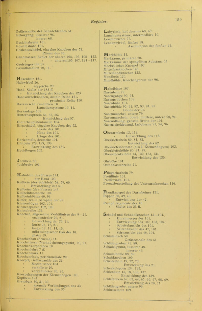 Gefiisscanäle des Schädeldaches 51. Gehörgang-, äusserer 96. » innerer 68. Gesichtsbreite 101. Gesichtshöhe 101. Gesichtsschädel, einzelne Knochen des 53. » Räume des 96. Gliedmassen, Skelet der oberen 105, 106, 108 — > » » unteren 105, 107, 124 — Greisengesicht 87. Grundlamellen 10, 11. Hakenbein 121. Halswirbel 26. » atypische 29. Hand, Skelet der 188 ff. » Entwicklung der Knochen der 123. Handwurzelknochen, distale Reihe 121. > proximale Reihe 120. Havers’sche Canälchen 10. » Lamellensysteme 10, 11. Herzanlage 102. Hinterhauptbein 54, 55, 56. » Entwicklung des 57. Hinterhauptsfontanelle 104. Hirnschädel, einzelne Knochen des 52. » Breite des 101. » Höhe des 101. » Länge des 101. Horizontale, deutsche 101. Hüftbein 128, 129, 130. » Entwicklung des 131. Hyoidbogen 102. Jochbein 83. Jochbreite 101. Kahnbein des Fusses 144. » der Hand 120. Keilbein (des Schädels) 58, 59, 60. » Entwicklung des 61. Keilbeine (des Fusses) 144. KeilbeinfontaneUe 104. Keilbeinhöhlen 60, 93. Kiefer, senile Atrophie der 87. Kiemenbögen 102, 103. Kiemenspalten 102, 103. Kniescheibe 136. Knochen, allgemeine Verhältnisse der 9 — 21. » enchondraler 20, 21. Entwicklung der 20, 21. » kurze 16, 17, 21. » lange 12, 13, 14, 15. mikroskopischer Bau der 10. > platte 19. Knochenbau (Schema) 11. Knochenkern (Verknöcherungspunkt) 20, 21. Knochenkörperchen 10. Knochenlehre 7 ff. Knochenmark 11. Knochenrinde, perichondralc 20. Knorpel, Gefässcanäle des 21. » Meckel’scher 103. » verkalkter 20. » vorgebildeter 20, 21. Knorpelspangen der Kiemenbögen 103. Kopfbein 121. Kreuzbein 30, 31, 32. anomale Verbindungen des 33. » Entwicklung des 35. Labyrinth, knöchernes 68, 69. Lamellensysteme, intermediäre 10. Lendenwirbel 27. Lendenwirbel, fünfter 28. » Assimilation des fünften 33. Markhöhle 11. Markraum, primärer 20. Markräume der spongiösen Substanz 11. Meckel’scher Knorpel 103. Mittelfussknochen 145. Mittelhandknochen 122. Mondbein 120. Mundhöhle, Knochengerüst der 96. Nabelblase 102. Nasenbein 79. Nasengänge 90, 94. Nasengrübchen 102. Nasenhöhe 101. Nasenhöhle 90, 91, 92, 93, 94, 95. » Boden der 97. Nasenmuschel, untere 79. Nasenmuscheln, obere, mittlere, untere 90, 94. Nasenöffnung, grösste Breite der 101. Nasenscheidewand, knöcherne 91, 94, 96. Oberarmbein 12, 112. » Entwicklung des 113. Oberkieferbein 80, 81, 82. » Entwicklung des 82. Oberkieferfortsatz (des I. Kiemenbogens) 102. Oberkieferhöhle 80, 94, 99. Oberschenkelbein 14, 132, 133, 134. > Entwicklung des 135. | Ohrhöhe 101. Osteoblastenreihe 21. Pflugscharbein 79. Profillinie 101. Profilwinkel 101. Pronationsstellung der Unterarmknochen 116. R andknorpel des Darmbeines 131. Rippen 38, 39, 40. » Entwicklung der 42. Rumpf, Segmente des 43. » Skelet des 23 ff. Schädel und Schädelknochen 45—104. » Durchmesser des 101. » Entwicklung des 102, 103, 104. » Scheitelansicht des 101. » Seitenansicht des 47, 101. » Stirnansicht des 46, 101. Schädeldach 50. > Gefässcanäle des 51. Schädelgruben 49, 88. Schädelgrund, äusserer 48. » innerer 49. Schädelhöhle 88, 89. Schaltknochen 100. Scheitelbein 19, 72, 73. » Entwicklung des 21. Schenkelsporn 134, 135. Schienbein 15, 18, 136, 137. » Entwicklung des 139. Schläfenbein 62, 63, 64, 65, 66, 67, 68, 69. Entwicklung des 70, 71. Schläfengrube, untere 96. Schlüsselbein 109. 123. 147.