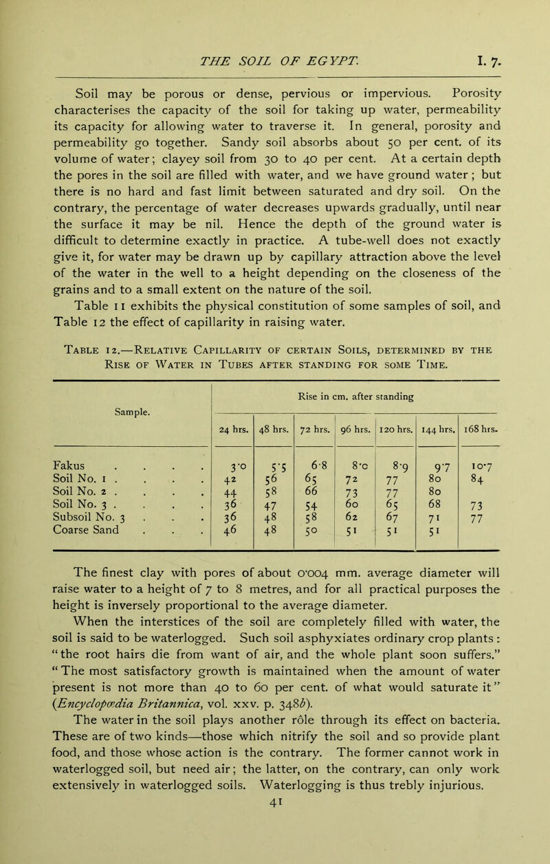 Soil may be porous or dense, pervious or impervious. Porosity characterises the capacity of the soil for taking up water, permeability its capacity for allowing water to traverse it. In general, porosity and permeability go together. Sandy soil absorbs about 50 per cent, of its volume of water; clayey soil from 30 to 40 per cent. At a certain depth the pores in the soil are filled with water, and we have ground water; but there is no hard and fast limit between saturated and dry soil. On the contrary, the percentage of water decreases upwards gradually, until near the surface it may be nil. Hence the depth of the ground water is difficult to determine exactly in practice. A tube-well does not exactly give it, for water may be drawn up by capillary attraction above the level of the water in the well to a height depending on the closeness of the grains and to a small extent on the nature of the soil. Table ll exhibits the physical constitution of some samples of soil, and Table 12 the effect of capillarity in raising water. Table 12.—Relative Capillarity of certain Soils, determined by the Rise of Water in Tubes after standing for some Time. Sample. Rise in cm. after standing 24 hrs. 48 hrs. 72 hrs. 96 hrs. 120 hrs. 144 hrs. 168 hrs. Fakus .... 3'o 5'5 68 8'C 8-9 97 10*7 Soil No. i . 42 56 65 72 77 80 84 Soil No. 2 . 44 58 66 73 77 80 Soil No. 3 . 36 47 54 60 65 68 73 Subsoil No. 3 . . . 36 48 58 62 67 71 77 Coarse Sand 46 48 5° 51 51 51 The finest clay with pores of about 0'004 mm. average diameter will raise water to a height of 7 to 8 metres, and for all practical purposes the height is inversely proportional to the average diameter. When the interstices of the soil are completely filled with water, the soil is said to be waterlogged. Such soil asphyxiates ordinary crop plants : “the root hairs die from want of air, and the whole plant soon suffers.” “ The most satisfactory growth is maintained when the amount of water present is not more than 40 to 60 per cent, of what would saturate it’' {Encyclopcp.dia Britannica, vol. xxv. p. 348<^). The water in the soil plays another role through its effect on bacteria. These are of two kinds—those which nitrify the soil and so provide plant food, and those whose action is the contrary. The former cannot work in waterlogged soil, but need air; the latter, on the contrary, can only work extensively in waterlogged soils. Waterlogging is thus trebly injurious.