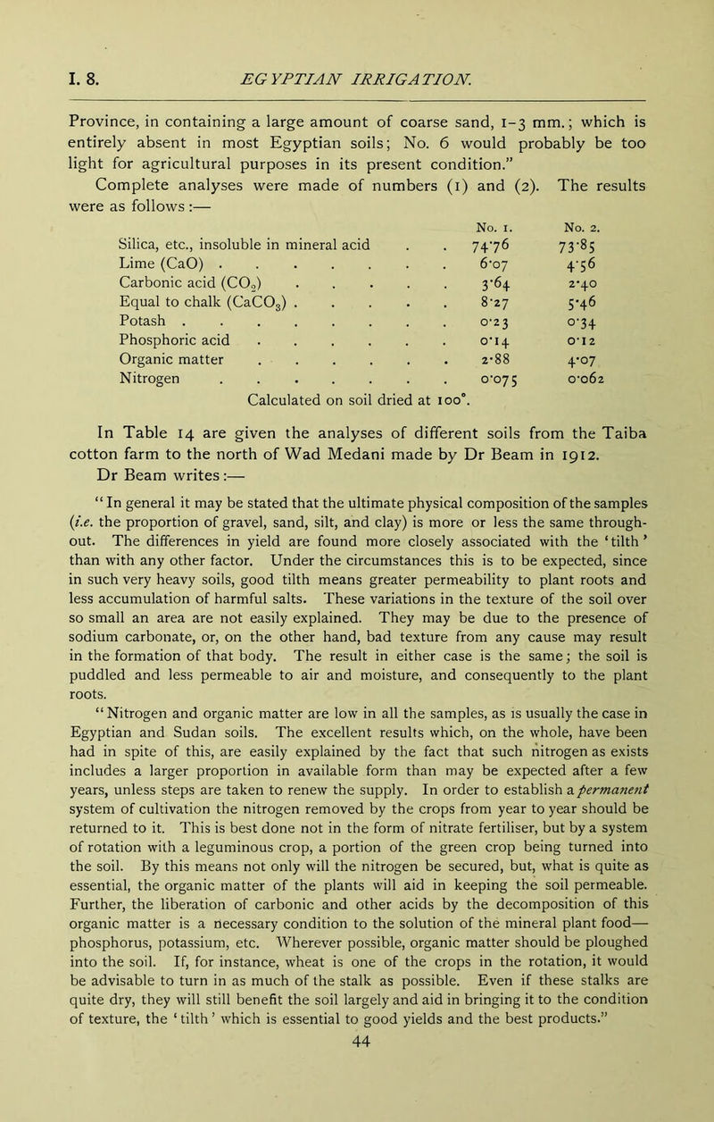 Province, in containing a large amount of coarse sand, 1-3 mm.; which is entirely absent in most Egyptian soils; No. 6 would probably be too light for agricultural purposes in its present condition.” Complete analyses were made of numbers (i) and (2). The results were as follows :— No. I. No. 2. Silica, etc., insoluble in mineral acid . 7476 73-85 Lime (CaO) .... 6‘o7 4-56 Carbonic acid (CO,) 3-64 2-40 Equal to chalk (CaCOg) . 8'27 5*46 Potash ..... 0-23 0-34 Phosphoric acid o'lq 0-12 Organic matter 2-88 4*07 Nitrogen .... 0-075 0-062 Calculated on soil dried at 100°. In Table 14 are given the analyses of different soils from the Taiba cotton farm to the north of Wad Medani made by Dr Beam in 1912. Dr Beam writes :— “ In general it may be stated that the ultimate physical composition of the samples {i.e. the proportion of gravel, sand, silt, and clay) is more or less the same through- out. The differences in yield are found more closely associated with the ‘tilth’ than with any other factor. Under the circumstances this is to be expected, since in such very heavy soils, good tilth means greater permeability to plant roots and less accumulation of harmful salts. These variations in the texture of the soil over so small an area are not easily explained. They may be due to the presence of sodium carbonate, or, on the other hand, bad texture from any cause may result in the formation of that body. The result in either case is the same; the soil is puddled and less permeable to air and moisture, and consequently to the plant roots. “Nitrogen and organic matter are low in all the samples, as is usually the case in Egyptian and Sudan soils. The excellent results which, on the whole, have been had in spite of this, are easily explained by the fact that such nitrogen as exists includes a larger proportion in available form than may be expected after a few years, unless steps are taken to renew the supply. In order to establish apermane7it system of cultivation the nitrogen removed by the crops from year to year should be returned to it. This is best done not in the form of nitrate fertiliser, but by a system of rotation with a leguminous crop, a portion of the green crop being turned into the soil. By this means not only will the nitrogen be secured, but, what is quite as essential, the organic matter of the plants will aid in keeping the soil permeable. Further, the liberation of carbonic and other acids by the decomposition of this organic matter is a rlecessary condition to the solution of the mineral plant food— phosphorus, potassium, etc. Wherever possible, organic matter should be ploughed into the soil. If, for instance, wheat is one of the crops in the rotation, it would be advisable to turn in as much of the stalk as possible. Even if these stalks are quite dry, they will still benefit the soil largely and aid in bringing it to the condition of texture, the ‘ tilth ’ which is essential to good yields and the best products.”