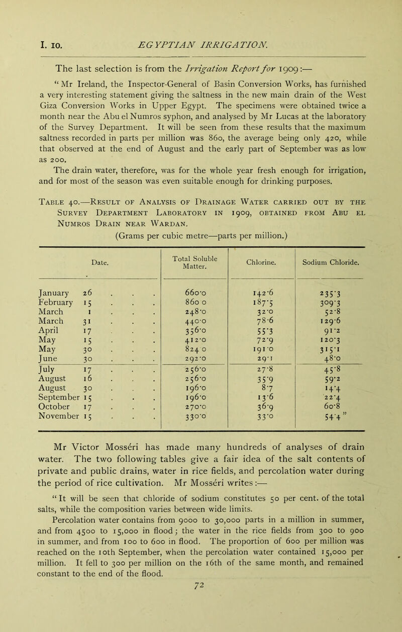 The last selection is from the Irrigation Report for 1909:— “ Mr Ireland, the Inspector-General of Basin Conversion Works, has furnished a very interesting statement giving the saltness in the new main drain of the West Giza Conversion Works in Upper Egypt. The specimens were obtained twice a month near the Abu el Numros syphon, and analysed by Mr Lucas at the laboratory of the Survey Department. It will be seen from these results that the maximum saltness recorded in parts per million was 860, the average being only 420, while that observed at the end of August and the early part of September was as low as 200. The drain water, therefore, was for the whole year fresh enough for irrigation, and for most of the season was even suitable enough for drinking purposes. Table 40.—Result of Analysis of Drainage Water carried out by the Survey Department Laboratory in 1909, obtained from Abu el Numros Drain near Wardan. (Grams per cubic metre—parts per million.) Date. Total Soluble Matter. Chlorine. Sodium Chloride. January 26 . . . 66o‘o 142-6 235'3 February 15 860 0 187-5 3°9'3 March i . . . 248'o 32-0 52-8 March 31 440-0 78-6 129-6 April 17 356-0 55-3 91-2 May 15 412-0 72-9 120-3 May 30 8240 1910 3«5-i June 30 . . . 292 *0 29-1 48-0 July 17 . . . 256-0 27-8 45-8 August 16 256-0 35'9 59-2 August 30 196-0 8-7 14-4 September 15 196-0 13-6 22-4 October 17 270-0 36-9 60-8 November 15 330-0 33‘o 54 4 Mr Victor Mossdri has made many hundreds of analyses of drain water. The two following tables give a fair idea of the salt contents of private and public drains, water in rice fields, and percolation water during the period of rice cultivation. Mr Mosseri writes :— “ It will be seen that chloride of sodium constitutes 50 per cent, of the total salts, while the composition varies between wide limits. Percolation water contains from 9000 to 30,000 parts in a million in summer, and from 4500 to 15,000 in flood; the water in the rice fields from 300 to 900 in summer, and from 100 to 600 in flood. The proportion of 600 per million was reached on the loth September, when the percolation water contained 15,000 per million. It fell to 300 per million on the i6th of the same month, and remained constant to the end of the flood.