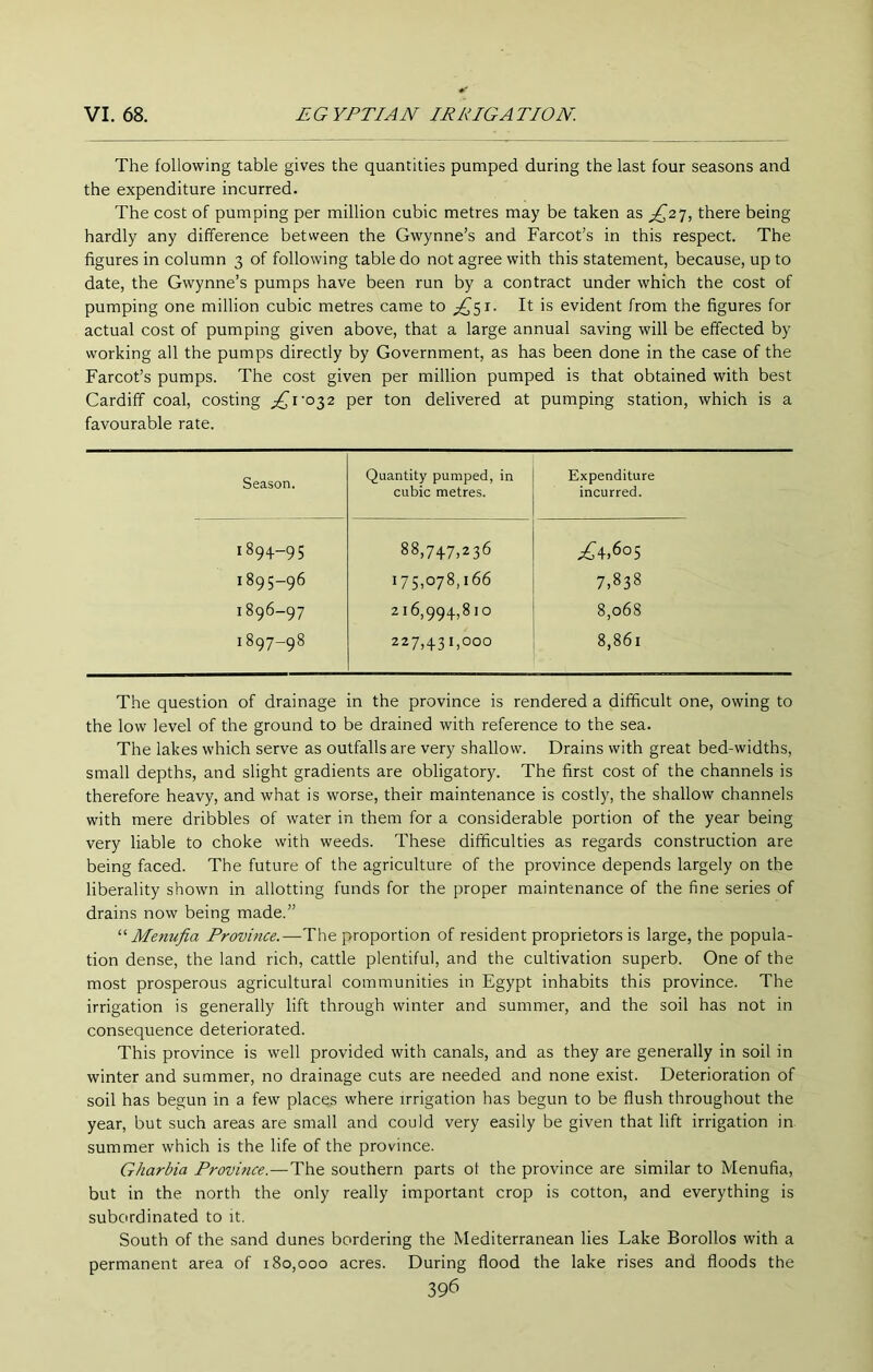 The following table gives the quantities pumped during the last four seasons and the expenditure incurred. The cost of pumping per million cubic metres may be taken as ^^27, there being hardly any difference between the Gwynne’s and Farcot’s in this respect. The figures in column 3 of following table do not agree with this statement, because, up to date, the Gwynne’s pumps have been run by a contract under which the cost of pumping one million cubic metres came to It is evident from the figures for actual cost of pumping given above, that a large annual saving will be effected by working all the pumps directly by Government, as has been done in the case of the Farcot’s pumps. The cost given per million pumped is that obtained with best Cardiff coal, costing per ton delivered at pumping station, which is a favourable rate. Season. Quantity pumped, in Expenditure cubic metres. incurred. 1894-95 88,747,236 ;^4,6o5 1895-96 175,078,166 7,838 1896-97 216,994,810 8,068 I 897-98 227,431,000 8,861 The question of drainage in the province is rendered a difficult one, owing to the low level of the ground to be drained with reference to the sea. The lakes which serve as outfalls are very shallow. Drains with great bed-widths, small depths, and slight gradients are obligatory. The first cost of the channels is therefore heavy, and what is worse, their maintenance is costly, the shallow channels with mere dribbles of water in them for a considerable portion of the year being very liable to choke with weeds. These difficulties as regards construction are being faced. The future of the agriculture of the province depends largely on the liberality shown in allotting funds for the proper maintenance of the fine series of drains now being made.” Menufia Province.—The proportion of resident proprietors is large, the popula- tion dense, the land rich, cattle plentiful, and the cultivation superb. One of the most prosperous agricultural communities in Egypt inhabits this province. The irrigation is generally lift through winter and summer, and the soil has not in consequence deteriorated. This province is well provided with canals, and as they are generally in soil in winter and summer, no drainage cuts are needed and none exist. Deterioration of soil has begun in a few places where irrigation has begun to be flush throughout the year, but such areas are small and could very easily be given that lift irrigation in summer which is the life of the province. Gharbia Provitice.—The southern parts ot the province are similar to Menufia, but in the north the only really important crop is cotton, and everything is subordinated to it. South of the sand dunes bordering the Mediterranean lies Lake Borollos with a permanent area of 180,000 acres. During flood the lake rises and floods the