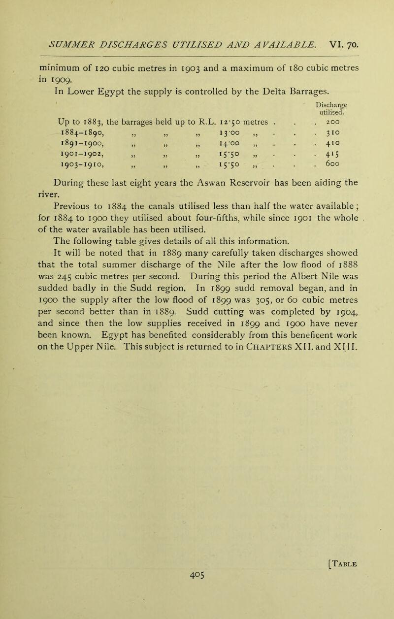 minimum of 120 cubic metres in 1903 and a maximum of 180 cubic metres in 1909. In Lower Egypt the supply is controlled by the Delta Barrages. Up to 1883, the barrages held up to R.L. 12-50 metres Discharge utilised. 200 1884-1890, 6 0 . 310 1891-1900, )) )) 11 U 11 410 1901-1902, 11 11 11 U 5*^ 11 • 4‘5 1903-1910, 11 11 11 U 5*^ 11 600 During these last eight years the Aswan Reservoir has been aiding the river. Previous to 1884 the canals utilised less than half the water available; for 1884 to 1900 they utilised about four-fifths, while since 1901 the whole of the water available has been utilised. The following table gives details of all this information. It will be noted that in 1889 many carefully taken discharges showed that the total summer discharge of the Nile after the low flood of 1888 was 245 cubic metres per second. During this period the Albert Nile was sudded badly in the Sudd region. In 1899 sudd removal began, and in 1900 the supply after the low flood of 1899 was 305, or 60 cubic metres per second better than in 1889. Sudd cutting was completed by 1904, and since then the low supplies received in 1899 and 1900 have never been known. Egypt has benefited considerably from this beneficent work on the Upper Nile. This subject is returned to in CHAPTERS XII. and XIII. [Table