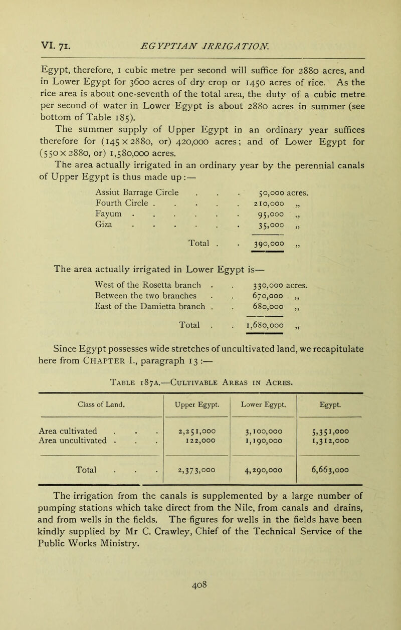 Egypt, therefore, i cubic metre per second will suffice for 2880 acres, and in Lower Egypt for 3600 acres of dry crop or 1450 acres of rice. As the rice area is about one-seventh of the total area, the duty of a cubic metre per second of water in Lower Egypt is about 2880 acres in summer (see bottom of Table 185). The summer supply of Upper Egypt in an ordinary year suffices therefore for (145x2880, or) 420,000 acres; and of Lower Egypt for (550x2880, or) 1,580,000 acres. The area actually irrigated in an ordinary year by the perennial canals of Upper Egypt is thus made up : — Assiut Barrage Circle 50,000 acres. Fourth Circle ..... 210,000 35 Fayum ...... 95,000 5 5 Giza ...... 35,000 55 Total . 390,000 55 actually irrigated in Lower Egypt is— West of the Rosetta branch 0 0 0^ o' acres. Between the two branches 670,000 55 East of the Damietta branch . 680,000 55 Total 1,680,000 55 Since Egypt possesses wide stretches of uncultivated land, we recapitulate here from CHAPTER I., paragraph 13 :— Table 187A.—Cultivable Areas in Acres. Class of Land. Upper Egypt. Lower Egypt. Egypt. Area cultivated Area uncultivated . 2,25 1,000 I 22,000 3.100.000 1.190.000 5.351.000 1.312.000 Total 2,373,000 4,290,000 6,663,000 The irrigation from the canals is supplemented by a large number of pumping stations which take direct from the Nile, from canals and drains, and from wells in the fields. The figures for wells in the fields have been kindly supplied by Mr C. Crawley, Chief of the Technical Service of the Public Works Ministry.