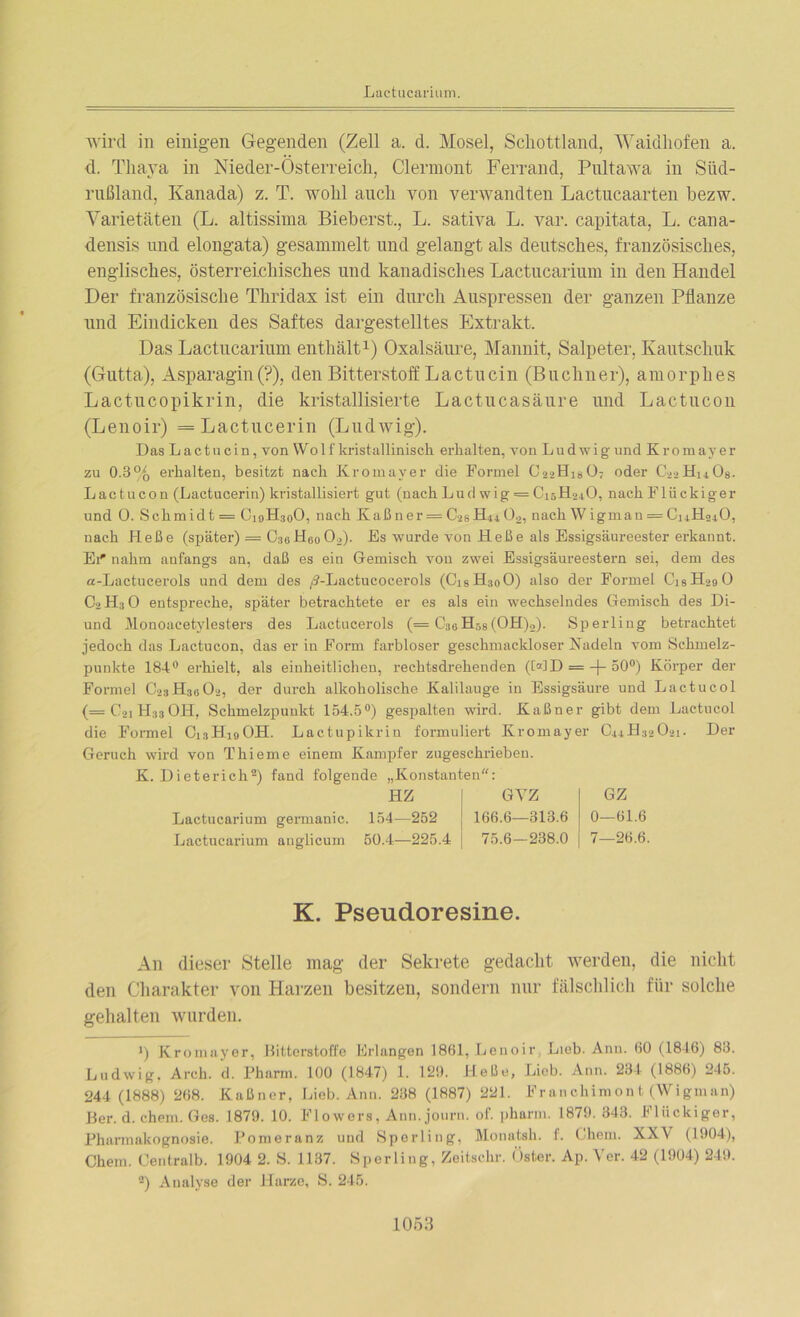 Lactucarium. wird in einigen Gegenden (Zell a. d. Mosel, Schottland, Waidhofen a. d. Thaya in Nieder-Österreich, Clermont Fernand, Pultawa in Süd- rußland, Kanada) z. T. wohl auch von verwandten Lactucaarten bezw. Varietäten (L. altissima Bieberst., L. sativa L. var. capitata, L. cana- densis und elongata) gesammelt und gelangt als deutsches, französisches, englisches, österreichisches und kanadisches Lactucarium in den Handel Der französische Thridax ist ein durch Auspressen der ganzen Pflanze und Eindicken des Saftes dargestelltes Extrakt. Das Lactucarium enthält1) Oxalsäure, Mannit, Salpeter, Kautschuk (Gutta), Äsparagin (?), den Bitterstoff Lactu ein (Büchner), amorphes Lactucopikrin, die kristallisierte Lactucasäure und Lactucon (Lenoir) = Lactucerin (Ludwig). Das Lactu ein, von Wolf kristallinisch erhalten, von Ludwig und Kromay er zu 0.3% erhalten, besitzt nach Kromaver die Formel C22H18O7 oder CggHuOs. Lactucon (Lactucerin) kristallisiert gut (nach Lud wig = CiöH2+0, nach Flii ckiger und 0. Schmidt = C19H30O, nach Kaßner = C28Hu02, nach Wigman = C14H24O, nach Heße (später) = C3oHoo02). Es wurde von Heße als Essigsäureester erkannt. Ei' nahm anfangs an, daß es ein Gemisch von zwei Essigsäureestern sei, dem des a-Lactucerols und dem des /2-Lactucocerols (C18H30O) also der Formel CisHagO C2 H3 0 entspreche, später betrachtete er es als ein wechselndes Gemisch des Di- und Monoacetylesters des Lactucerols (= C3aH58(0H)2). Sperling betrachtet jedoch das Lactucon, das er in Form farbloser geschmackloser Nadeln vom Schmelz- punkte 184° erhielt, als einheitlichen, rechtsdrehenden (MD = -j- 50°) Körper der Formel C23H36O2, der durch alkoholische Kalilauge in Essigsäure und Lactucol (= 02iH33 0H, Schmelzpunkt 154.5°) gespalten wird. Kaßner gibt dem Lactucol die Formel C13H19OH. Lactupikrin formuliert Kromayer C44H32O21. Der Geruch wird von Thieme einem Kampfer zugeschrieben. K. Dieterich2) fand folgende „Konstanten“: Lactucarium germanic. Lactucarium anglicum HZ 154—252 50.4—225.4 GVZ 166.6—313.6 75.6—238.0 GZ 0—61.6 7—26.6. K. Pseudoresine. An dieser Stelle mag der Sekrete gedacht werden, die nicht, den Charakter von Harzen besitzen, sondern nur fälschlich für solche gehalten wurden. *) Kromayer, Bitterstoffe Erlangen 1861, Lenoir . Lieb. Ann. 60 (1846) 83. Ludwig. Arch. d. Pharm. 100 (1847) 1. 12!). Heße, Lieb. Ann. 234 (1886) 245. 244 (1888) 268. Kaßner, Lieb. Ann. 238 (1887) 221. Franchimont (Wigman) Ber. d. ehern. Ges. 1879. 10. Flowers, Ann. journ. of. pharm. 1879. 343. Flückiger, Pharmakognosie. Pom er an z und Sperling, Monutsh. f. Chem. XX\ (1904), Chem. Centralb. 1904 2. S. 1137. Sperling, Zeitschr. Öster. Ap. Yer. 42 (1904) 249. 2) Analyse der Harze, S. 245.