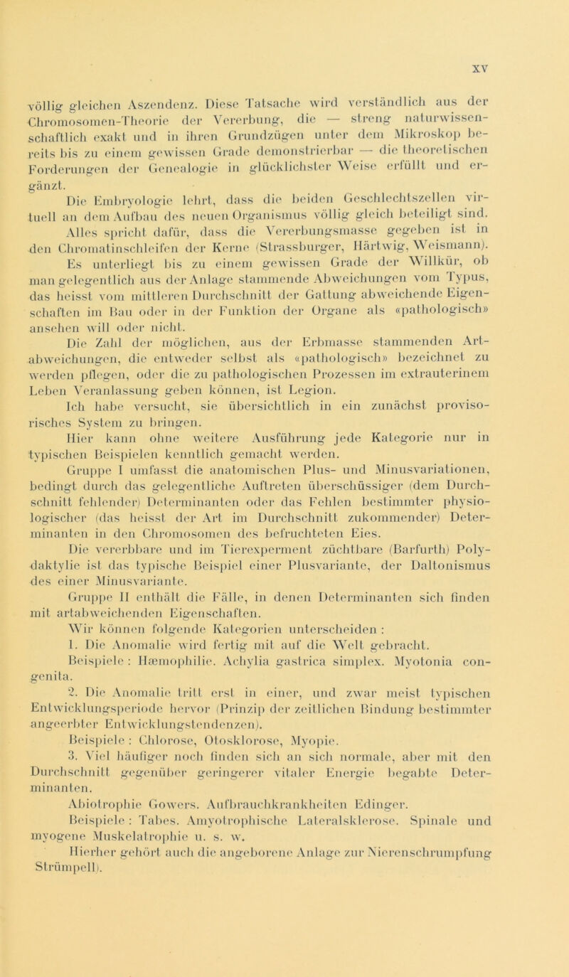 vòllig gleichen Aszendenz. Diese Tatsache wird Chromosomen-Theorie der Vererbung, die verstàndlich aus der s t re n g n a t u r w i s se n - schaftlich exakt und in ihren Grundzùgen unter dem Mikroskop be- reits bis zu einem gewissen Grade demonstrierbar die theoretischen Forderungen der Genealogie in gliickliclisler W eisc erlullt und ei- gànzt. Die Embryologie lehrt, dass die beidcn Geschlechtszellen vir- tuell an demAufbau des neuen Organismus vòllig gleicli beteiligi sind. Alles spricht dafùr, dass die Vcrerbungsmasse gegeben ist in den Chromatinschleifen der Kerne (Strassburger, Hàrtwig, Weismann). Es unterliegt bis zu einem gewissen Grade der 'W' illkiir, ob man gelegentlich aus dcrAnlage stammende Abweiehungen vom lypus, das heisst vom mittleren Durchschnitt der Gattung abweichende Eigen- schaften im Bau oder in der Funktion der Organe als «pathologisch» ansehen will oder nielli. Die Zahl der mòglichen, aus der Erbmasse stammenden Art- abweichungen, die entweder selbst als «pathologisch» bezeichnet zu werden pflegen, oder die zu pathologischen Prozessen ini extrauterinem Leben Veranlassung geben kònnen, ist Legion. Idi liabe versucht, sie ubersichtlich in ein zunàchst proviso- risches System zu bringen. Hier kann oline weitere Ausfuhrung jede Kategorie nur in typischen Beispielen kenntlich gemacht werden. Gruppe I umfasst die anatomischen Plus- und Minusvariationen, bedingt durch das gelegentliche Auftreten uberschiissiger (dem Durch- schnitt fehlender) Determinanten oder das Fehlen bestimmter physio- logischer (das heisst der Art im Durchschnitt zukommender) Deter- minanten in den Chromosomen des befruchteten Eies. Die vererbbare und im Tierexperment zuchtbare (Barfurth) Poly- daktylie ist das typische Beispiel einer Plusvariante, der Daltonismus des einer Minusvariante. Gruppe II enthàlt die Falle, in denen Determinanten siedi fìnden mit artabweichenden Eigenschaften. Wir kònnen folgende Kategorien unterscheiden : 1. Die Anomalie wird fertig mit auf die Welt gebracht. Beispiele : Haemophilie. Achylia gastrica simplex. Myotonia con- genita. 2. Die Anomalie triti ersi in einer, und zwar meist typischen Entwicklungsperiode hervor (Prinzip der zeitlichen Bindung bestimmter angeerbter Entwicklungstendcnzen). Beispiele : Chlorose, Olosklorose, Myopie. 3. Viel hàufìger nodi fìnden siedi an sicli normale, aber mit den Durchschnitt gegenuber geringerer vitaler Energie begabte Deter- minanten. Abiotrophie Gowers. Aufbrauchkrankheiten Edinger. Beispiele : Tabes. Amyotrophische Lateralsklerose. Spinale und myogene Muskelatrophie u. s. w. Ilierher gehòrt aneli die angeborene Anlage zur Nierenschrumpfung Strumpelb.