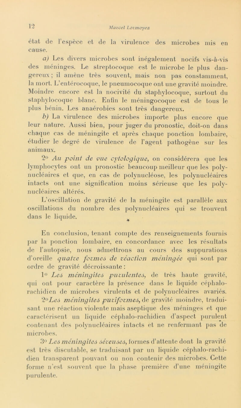 ctat de Fespèce et de la virulence des microbes mis en cause. a) Les divers microbes sont inégalement nocifs vis-à-vis des méninges. Le streptocoque est le microbe le plus dan- gereux ; il amène très souvent, mais non pas constamment, la mort. L’entérocoque, le pneumocoque ont ime gravitò moindre. Moindre encore est la nocivité du staphylocoque, surtout du staphylocoque blanc. Enfin le méningocoque est de tous le plus bénin. Les anaérobies sont très dangereux. b) La virulence des microbes importe plus encore que leur nature. Aussi bien, pour juger du pronostic, doit-on dans chaque cas de méningite et après cbaque ponction lombaire, étudier le degré de virulence de l’agent pathogène sur les animaux. 2° Au point de vile cptologique, on considérera que les lymphocytes ont un pronostic beaucoup meilleur que les poly- nucléaires et que, en cas de polynucléose, les polynucléaires intacts ont une signifìcation moins sérieuse que les poly- nucléaires altérés. L’oscillation de gravitò de la méningite est parallèle aux oscillations du nombre des polynucléaires qui se trouvent dans le liquide. T* En conclusion, tenant compte des renseignements fournis par la ponction lombaire, en concordance avec les résultats de l’autopsie, nous admettrons au cours des suppurations d’oreille quatte fotmeà de zéaction meningee qui sont par ordre de gravité décroissante : 1° Leó méningiteó puzulenteó, de très haute gravité, qui ont pour caractère la présence dans le liquide céphalo- rachidien de microbes virulents et de polynucléaires avariés. 2°Leó méningiteó puzifozmeó, de gravité moindre, tradui- sant une réaction violente mais aseptique des méninges et que caractérisent un liquide céphalo-racbidien d’aspect purulent contenant des polynucléaires intacts et ne renfermant pas de microbes. 3° Leò méningiteó óézeuóeó, formes d’attente doni la gravité est très discutable, se traduisant par un liquide céphalo-racbi- dien transparent pouvant ou non contenir des microbes. Gette forme n’est souvent que la phase première d’ime méningite purulente.