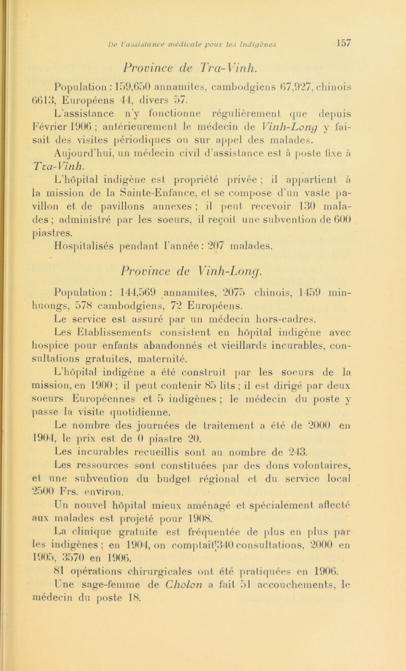 Province de Tra-Vinh. Population ; 159,650 annamites, cambodgiens 67,927, chinois 6613, Européens 44, divers 57. L’assistance n’y fonctionne régulièrement que depuis Février 1906 ; antérieurement le médecin de Vinli-Long y fai- sait des visites périodiques ou sur appel des malades. Aujourd’hui, un médecin civil d’assistance est à poste fixe à Tza-Vinli. Lhòpital indigène est propriété privée ; il appartieni à la mission de la Sainte-Enfance, et se compose d’un vaste pa- villon et de pavillons annexes ; il peut recevoir 130 mala- des ; administré par les soeurs, il regoit une subvention de 600 piastres. Hospitalisés pendant l’année : 207 malades. Province de Vinh-Loncj. Population: 144,569 annamites, 2075 chinois, 1459 min- huongs, 578 cambodgiens, 72 Européens. Le Service est assuré par un médecin liors-cadres. Les Etablissements consistent en hòpital indigène avec hospice pour enfants abandonnés et vieillards incurables, con- sultations gratuites, maternité. L'hòpital indigène a été construit par les soeurs de la mission, en 1900 ; il peut contenir 85 lits ; il est dirigé par deux soeurs Européennes et 5 indigènes ; le médecin du poste y passe la visite quotidienne. Le nombre des journées de traitement a été de 2000 en 1904, le prix est de 0 piastre 20. Les incurables recueillis soni au nombre de 243. Les ressources sont constituées par des dons volontaires, et une subvention du budget régional et du Service locai 2500 Frs. environ. Un nouvel hòpital mieux aménagé et spécialement affecté aux malades est projeté pour 1908. La clinique gratuite est fréquentée de plus en plus par les indigènes; en 1904, on comptaitJ340consultations, 2000 en 1905, 3570 en 1906. 81 opérations ehirurgicales ont été pratiquées en 1906. Une sage-femme de Cholon a fai! 51 accouchements, le médecin du poste 18.