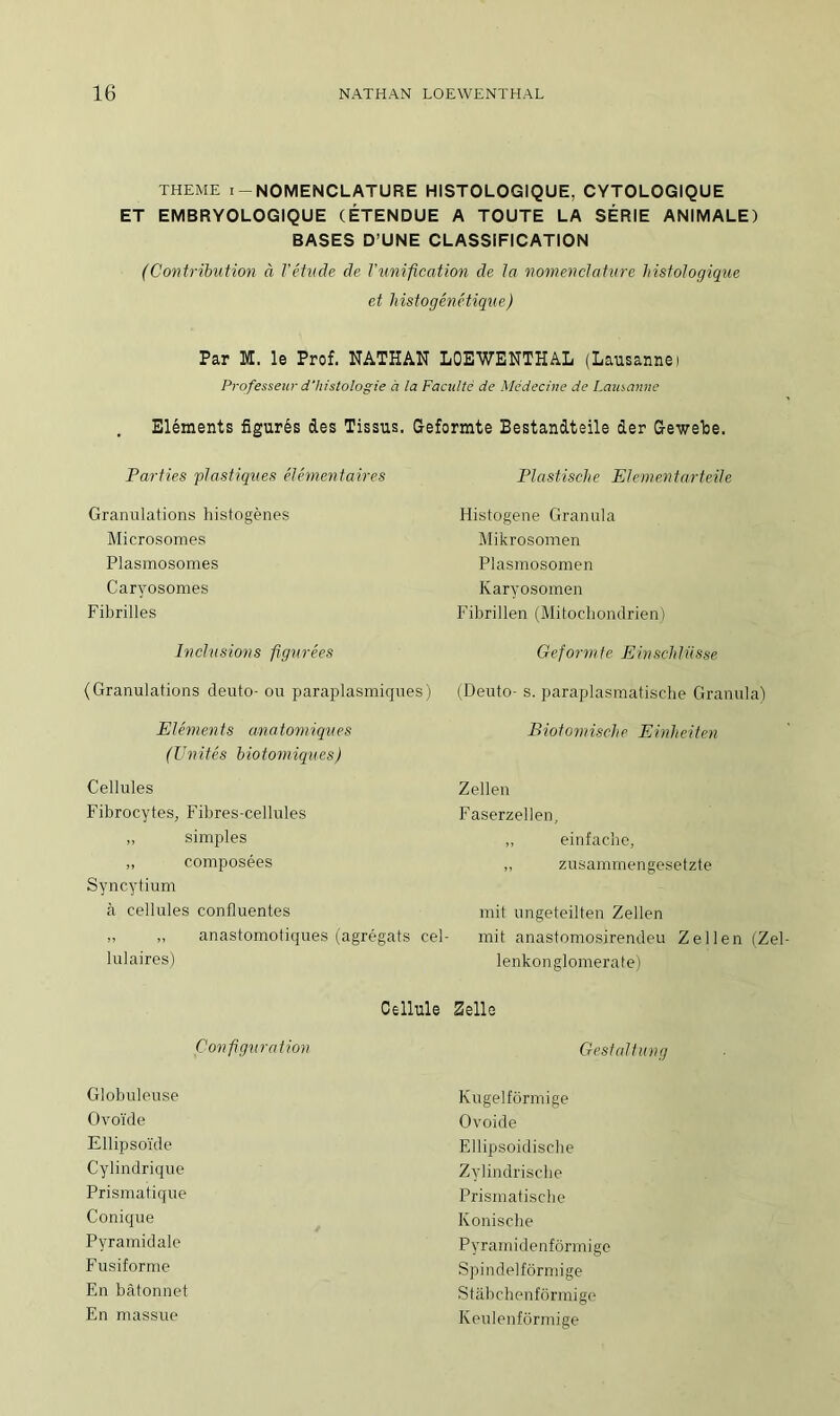 THEME i-NOMENCLATURE HISTOLOGIQUE, CYTOLOGIQUE ET EMBRYOLOGIQUE (ÉTENDUE A TOUTE LA SÉRIE ANIMALE) BASES D’UNE CLASSIFICATION (Contribution à l’étude de Vunification de la nomenclature histologique et histogénétique) Par 3VC. le Prof. NATHAN LOEWENTHAL (Lausanne) Professeur d'histologie à la Faculté de Médecine de Lausanne Eléments figurés des Tissus. Geformte Bestandteile der Gewebe. Parties plastiques élémentaires Plastische Elémentarteile Granulations histogènes Histogene Granula Microsomes Mikrosomen Plasmosomes Plasmosomen Caryosomes Karyosomen Fibrilles Fibrillen (Mitochondrien) Inclusions figurées Geform te Ein sçh l ii s se (Granulations deuto- ou paraplasmiques) (Deuto- s. paraplasmatische Granula) Eléments anatomiques Biotomische Einheiten (Unités biotomiques) Cellules Zellen Fibrocytes, Fibres-cellules Faserzellen, ,, simples „ einfache, „ composées „ zusammengesetzte Syncytium à cellules confluentes mit ungeteilten Zellen „ „ anastomotiques (agrégats cel- mit anastomosirendeu Zellen (Zel lulaires) lenkonglomerate) Cellule Selle Configuration Gestaltung Globuleuse Kugelfôrmige Ovoïde Ovoide Ellipsoïde Ellipsoidiscbe Cylindrique Zylindrische Prismatique Prisinatiscbe Conique Konische Pyramidale Pyramidenfôrmige Fusiforme Spindelfôrmige En bâtonnet Stàbchenfôrmige En massue Keulenfôrmige