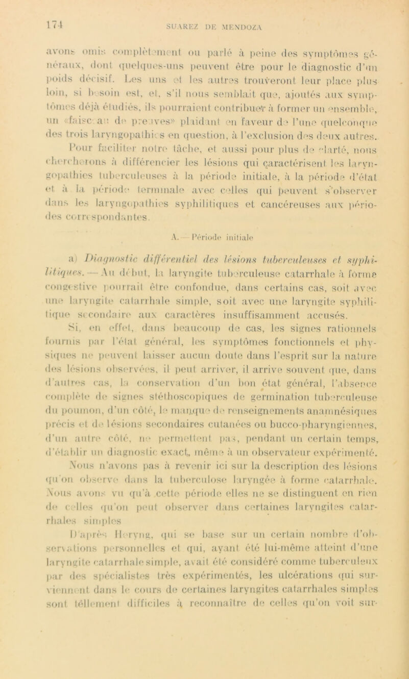 avons omis complût iik iiI ou parle ;i peine dos symptômes go- lier aux, dont ({iielquos-uus peuvent être pour le diagnostic d’un poids décisif. Los uns ol los autres trouveront leur place plus loin, si h’ soin osl, et, s’il nous semblait que, ajoutés aux symp- tômes déjà étudiés, ils pourraient contribiuvr à former un ensemble, un «faisc au do pre ivos» plaidant en faveur de l’une quelco’nque dos trois 1 iryngopalhios en question, à l’exclusion des deux autres. Pour faciliter notre tache, et aussi pour plus de Harté, nous chercherons à différencier les lésions qui caractérisent los lurvn- gopathies tuberculeuses à la période initiale, à la période d’état et a la période terminale avec celles qui peuvent s’observer dans les laryngopathies syphilitiques et cancéreuses aux pério- des correspondantes. A. Période initiale a Diagnostic différentiel des lésions tuberculeuses et si/phi- litiques. — Au début, la laryngite tuberculeuse catarrhale à fôrme congestive pourrait être confondue, dans certains cas, soit avec une laryngite catarrhale simple, soit avec une laryngite syphili- tique secondaire' aux caractères insuffisamment accusés. Si, (*n effet, dans beaucoup de cas, les signes rationnels fournis par l’état général, los symptômes fonctionnels et phy- siques no peuvent laisser aucun doute dans l’esprit sur la nature dos lésions observées, il peut arriver, il arrive souvent que, dans d’autres cas, lu conservation d’un bon état général, l’absence complète de signes stéthoscopiques de germination tuberculeuse (lu poumon, d'un côté, b> muii.qu mI.* renseignements anarnnésiques précis et do lésions secondaires cutanées ou bucco-pharyngiemies, d’un autre côté, no permettent pas, pendant un certain temps, d'établir un diagnostic exact, mêm ' à un observateur expérimenté. Vous n’avons pas à revenir ici sur la description dos lésions ([n on observe dans la tuberculose laryngée à forme catarrhale. .Nous avons vu qu’à celle' période elles ne se distinguent en rien de c Iles qu’on peut observer dans certaines laryngites catar- rhales simples D'après M.-ryng, qui se base sur un certain nombre d’ob- servations personnelles et qui, ayant été lui-même atteint d’une laryngite catarrhale simple, avait été considéré comme tuberculeux par des spécialistes très expérimentés, les ulcérations qui sur- vit un nt. dans le cours de certaines laryngites catarrhales simples sont téllemeni difficiles a reconnaître (b* celles qu’on voit sur-