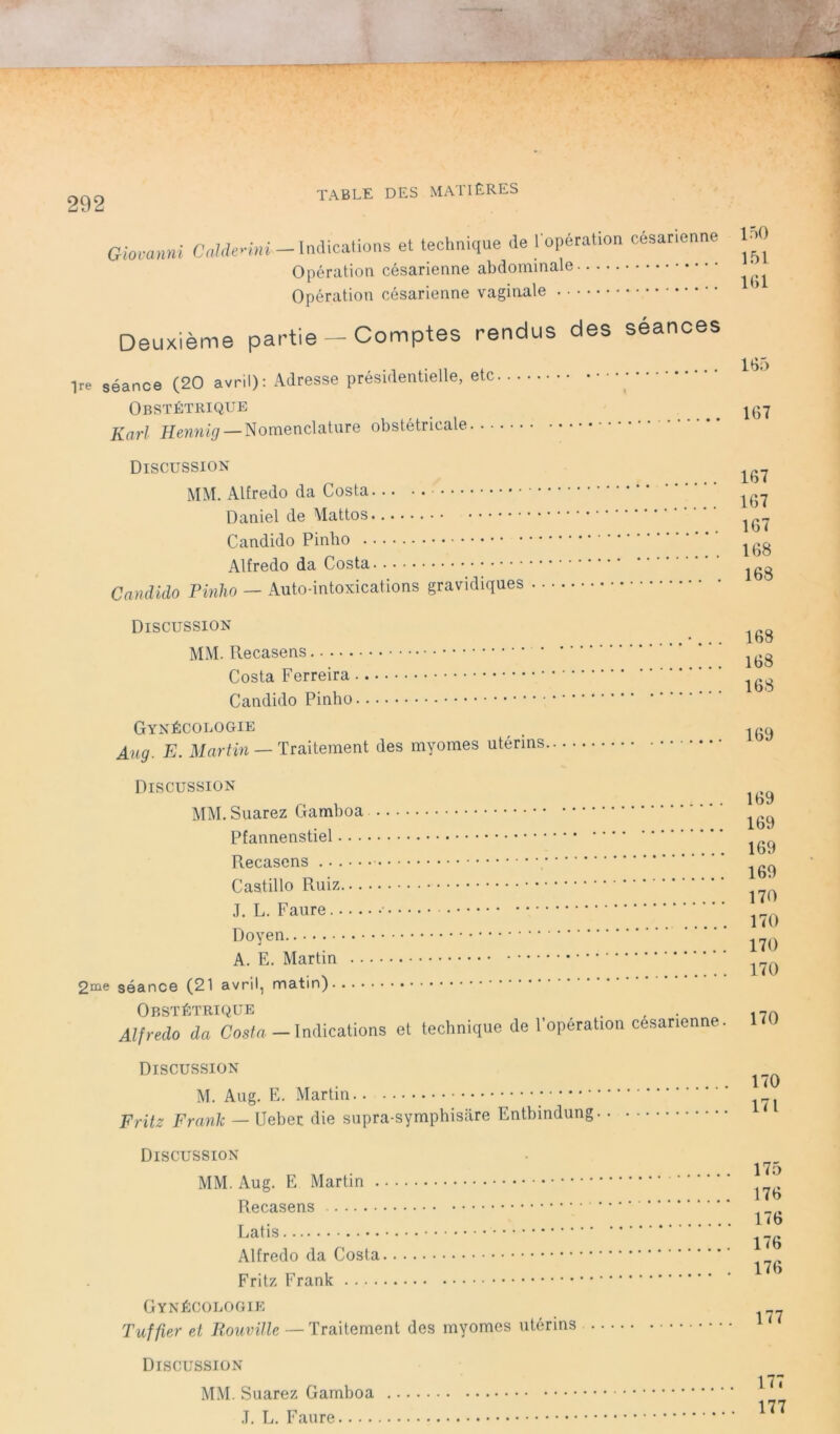 Giovanni CàldeHni— Indications et technique de l'opération césarienne Opération césarienne abdominale Opération césarienne vaginale Deuxième partie — Comptes rendus des séances Ire séance (20 avril): Adresse présidentielle, etc Obstétrique Karl Hennig — Nomenclature obstétricale... 150 151 101 165 167 Discussion MM. Alfredo da Costa Daniel de Mattos Candido Pinho Alfredo da Costa Candido Pinlw — Auto-intoxications gravidiques 167 167 167 168 168 Discussion MM. Recasens Costa Ferreira Candido Pinbo Gynécologie Ang. E. Martin — Traitement des myomes utérins 168 168 168 169 Discussion MM. Suarez Gamboa Pfannenstiel Recasens Castillo Ruiz J. L. Faure Doyen A. E. Martin 2me séance (21 avril, matin) Obstétrique Alfredo da Costa — Indications et technique de l’opération césarienne. 169 169 169 169 170 170 170 170 170 Discussion M. Aug. E. Martin Fritz Frank — Ueber die supra-symphisâre Entbindung 170 171 Discussion MM. Aug. E Martin Recasens Latis Alfredo da Costa Fritz Frank Gynécologie Tuf fier et Rouvillc — Traitement des myomes utérins Discussion MM. Suarez Gamboa .T. L. Faure 175 176 176 176 176 177 177 177