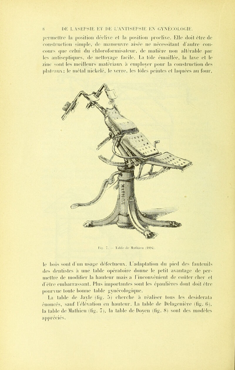 permettre la position déclive et la position proclive. Elle doit être de construction simple, de manœuvre aisée ne nécessitant d’autre con- cours que celui du chloroformisateur, de matière non altérable par les antiseptiques, de nettoyage facile. La tôle émaillée, la lave et le zinc sonI les meilleurs matériaux à employer pour la construction des plateaux; le métal nickelé, le verre, les tôles peintes et laquées au four, ! iii. 7. Table de Mathieu (ISiH). le bois sont d’un usage défectueux. L'adaptation du pied des fauteuils des dentistes à une table opératoire donne le pelil avantage de per- mettre de modifier la hauteur mais a l'inconvénient de coûter cher et d’être embarrassant. Plus importantes sont les épaulières dont doit être pourvue toute bonne table gynécologique. La table de Jaylé (fig. 5) cherche à réaliser tous les desiderata énoncés, sauf l'élévation en hauteur. La table de Delagenière (fig. (i), la table de Mathieu (fig. 7), la table de Doyen (fig. 8) sont des modèles appréciés.