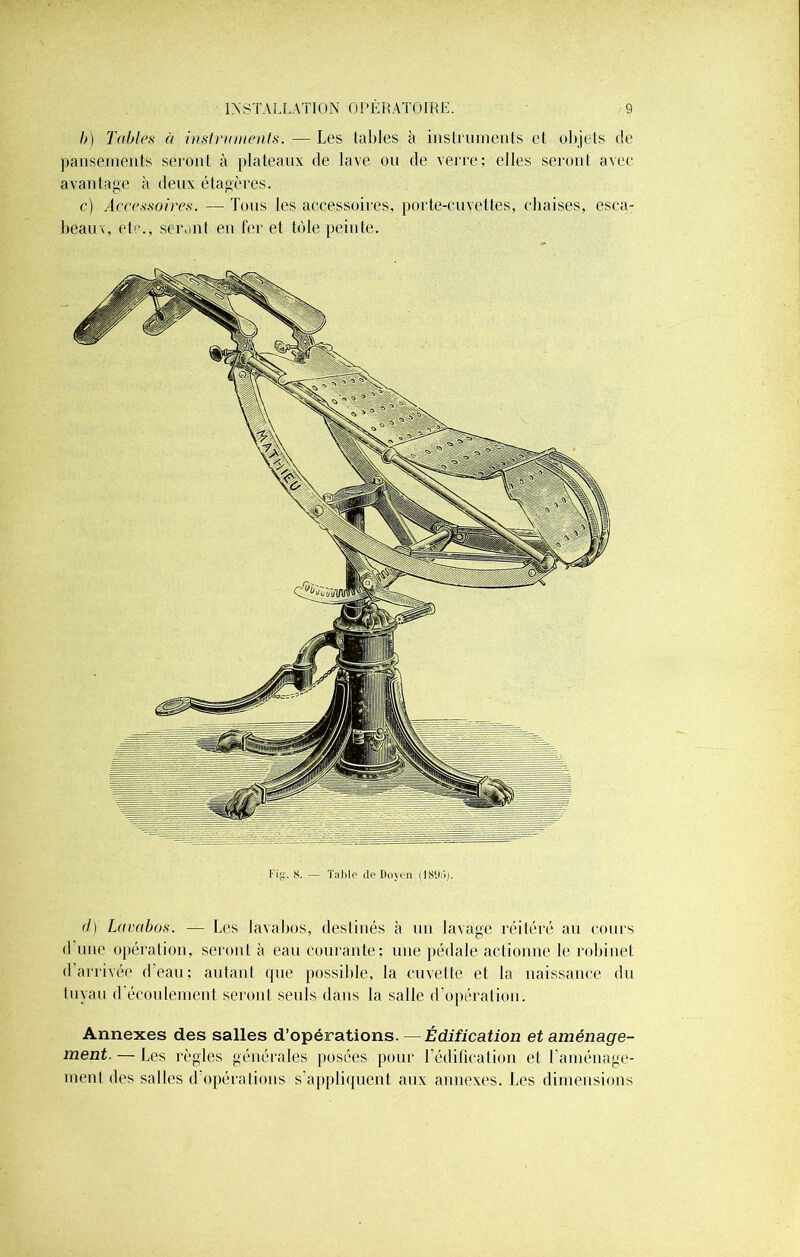 b) Tables à instruments.—Les tables à instruments et objets de pansements seront à plateaux de lave ou de verre; elles seront avec avantage à deux étagères. c) Accessoires. — Tous les accessoires, porte-cuvettes, chaises, esca- beaux, etc., seront eu fer et tôle peinte. Fig. S. — Table île Doyen (J890). d) Lavabos. — Les lavabos, destinés à un lavage réitéré au cours d’une opération, seront à eau courante; une pédale actionne le robinet d’arrivée d’eau; autant que possible, la cuvette et la naissance du tuyau d écoulement seront seuls dans la salle d’opération. Annexes des salles d’opérations. —Édification et aménage- ment. — Les règles générales posées pour l’édification et l'aménage- ment des salles d opérations s’appliquent aux annexes. Les dimensions