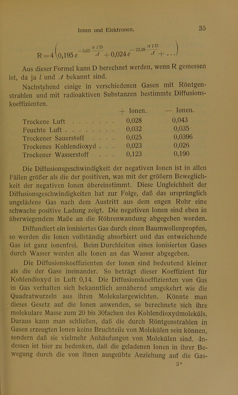 R = 4 \0,195 e 71 i d „„„»1D '3'65äT+ 0,024 e ’ ->+■ Aus dieser Formel kann D berechnet werden, wenn R gemessen ist, da ja / und J bekannt sind. Nachstehend einige in verschiedenen Gasen mit Röntgen- strahlen und mit radioaktiven Substanzen bestimmte Diffusions- koeffizienten. + Ionen. — Ionen. Trockene Luft . . 0,028 0,043 Feuchte Luft . . 0,032 0,035 Trockener Sauerstoff . . . . 0,025 0,0396 Trockenes Kohlendioxyd . . . 0,023 0,026 Trockener Wasserstoff . . 0,123 0,190 Die Diffusionsgeschwindigkeit der negativen Ionen ist in allen Fällen größer als die der positiven, was mit der großem Beweglich- keit der negativen Ionen übereinstimmt. Diese Ungleichheit der Diffusionsgeschwindigkeiten hat zur Folge, daß das ursprünglich ungeladene Gas nach dem Austritt aus dem engen Rohr eine schwache positive Ladung zeigt. Die negativen Ionen sind eben in überwiegendem Maße an die Röhrenwandung abgegeben worden. Diffundiert ein ionisiertes Gas durch einen Baumwollenpropfen, so werden die Ionen vollständig absorbiert und das entweichende Gas ist ganz ionenfrei. Beim Durchleiten eines ionisierten Gases durch Wasser werden alle Ionen an das Wasser abgegeben. Die Diffusionskoeffizienten der Ionen sind bedeutend kleiner als die der Gase ineinander. So beträgt dieser Koeffizient für Kohlendioxyd in Luft 0,14. Die Diffusionskoeffizienten von Gas in Gas verhalten sich bekanntlich annähernd umgekehrt wie die Quadratwurzeln aus ihren Molekulargewichten. Könnte man dieses Gesetz auf die Ionen anwenden, so berechnete sich ihre molekulare Masse zum 20 bis 30fachen des Kohlendioxydmoleküls. Daraus kann man schließen, daß die durch Röntgenstrahlen in Gasen erzeugten Ionen keine Bruchteile von Molekülen sein können, sondern daß sie vielmehr Anhäufungen von Molekülen sind. In- dessen ist hier zu bedenken, daß die geladenen Ionen in ihrer Be- wegung durch die von ihnen ausgeübte Anziehung auf die Gas-