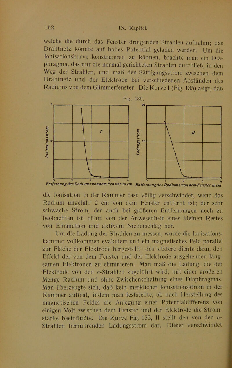 welche die durch das Fenster dringenden Strahlen aufnahm; das Drahtnetz konnte auf hohes Potential geladen werden. Um die lonisationskurve konstruieren zu können, brachte man ein Dia- phragma, das nur die normal gerichteten Strahlen durchließ, in den Weg der Strahlen, und maß den Sättigungsstrom zwischen dem Drahtnetz und der Elektrode bei verschiedenen Abständen des Radiums von dem Glimmerfenster. Die Kurve I (Fig. 135) zeigt, daß Fig. 135. die Ionisation in der Kammer fast völlig verschwindet, wenn das Radium ungefähr 2 cm von dem Fenster entfernt ist; der sehr schwache Strom, der auch bei größeren Entfernungen noch zu beobachten ist, rührt von der Anwesenheit eines kleinen Restes von Emanation und aktivem Niederschlag her. Um die Ladung der Strahlen zu messen, wurde die Ionisations- kammer vollkommen evakuiert und ein magnetisches Feld parallel zur Fläche der Elektrode hergestellt; das letztere diente dazu, den Effekt der von dem Fenster und der Elektrode ausgehenden lang- samen Elektronen zu eliminieren. Man maß die Ladung, die der Elektrode von den «-Strahlen zugeführt wird, mit einer größeren Menge Radium und ohne Zwischenschaltung eines Diaphragmas. Man überzeugte sich, daß kein merklicher lonisationsstrom in der Kammer auftrat, indem man feststellte, ob nach Herstellung des magnetischen Feldes die Anlegung einer Potentialdifferenz von einigen Volt zwischen dem Fenster und der Elektrode die Strom- stärke beeinflußte. Die Kurve Fig. 135, II stellt den von den «- Strahlen herrührenden Ladungsstrom dar. Dieser verschwindet