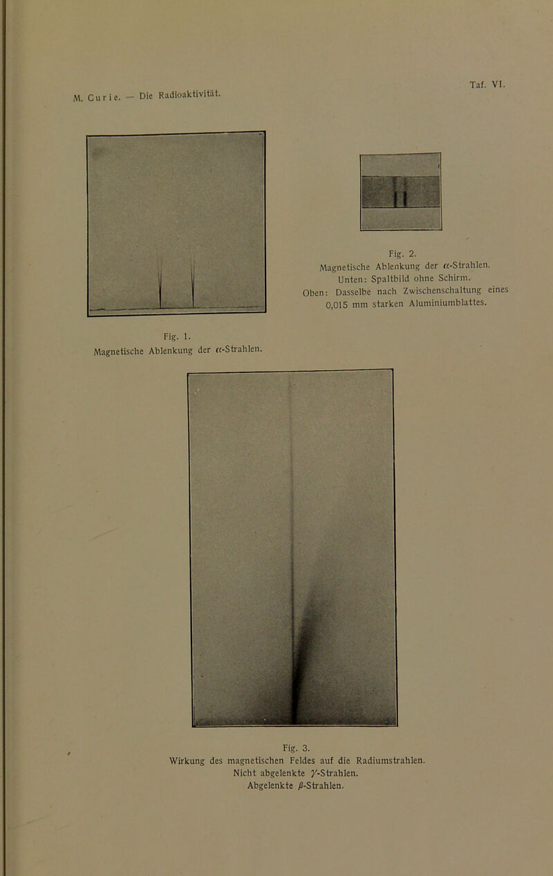 Tat. VI. Fig. 2. Magnetische Ablenkung der ß-Strahlen. Unten: Spaltbild ohne Schirm. Oben: Dasselbe nach Zwischenschaltung eines 0,015 mm starken Aluminiumblattes. Fig. 1. Magnetische Ablenkung der «-Strahlen. Fig. 3. Wirkung des magnetischen Feldes auf die Radiurastrahlen. Nicht abgelenkte /-Strahlen. Abgelenkte P-Strahlen.