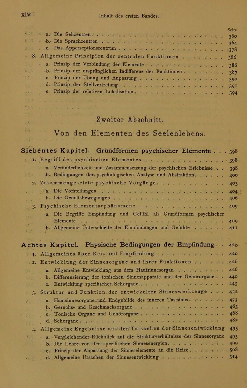 Seite ' '  ä. Die Sehzentren . . 360 i, ! . -b.* Die Sprachzentren 364 . c. Das Apperzeptionszentrum 37g 8. Allgemeine Prinzipien der zentralen Funktionen 386 a. Prinzip der Verbindung der Elemente . 386 ' b. Prinzip der ursprünglichen Indifferenz der Funktionen 387 c. Prinzip der Übung und Anpassung 390 d. Prinzip der Stellvertretung 391 e. Prinzip der relativen Lokalisation 394 Zweiter Abschnitt. Von den Elementen des Seelenlebens. Siebentes Kapitel. Grundformen psychischer Elemente ... 398 1. Begriff des psychischen Elementes . 398 a. Veränderlichkeit und Zusammensetzung der psychischen Erlebnisse . . 398 b. . Bedingungen der, psychologischen Analyse und Abstraktion 400 2. Zusammengesetzte psychische Vorgänge 403 . ■ ; a. Die Vorstellungen 404 b. Die Gemütsbewegungen 406 3. Psychische Elementarphänomene 409 a. Die Begriffe Empfindung und Gefühl als Grundformen psychischer Elemente 409 b. Allgemeine Ünterschiede der Empfindungen und Gefühle 411 Achtes Kapitel. Physische Bedingungen der Empfindung. . 420 1. Allgemeines über Reiz und Empfindung 420 2. Entwicklung der Sinnesorgane und ihrer Funktionen 426 a. Allgemeine Entwicklung aus dem Hautsinnesorgan 426 b. Differenzierung der tonischen Sinnesapparate und der Gehörorgane . . 440 c. Entwicklung spezifischer Sehorgane 445 3. Struktur und Funktion .der entwickelten Sinneswerkzeuge . . . 452 a. Hautsinnesorgane.und Endgebilde des inneren Tastsinns. 453 b. Geruchs- und Geschmacksorgane 4^3 c. Tonische Organe und Gehörorgane 468 d. Sehorgane 4§2 4. Allgemeine Ergebnisse aus den Tatsachen der Sinnesentwicklung 495 ' . a. Vergleichender Rückblick auf die Strukturverhältnisse der Sinnesorgane 495 b. Die Lehre von den spezifischen Sinnesenergien 499 c. Prinzip der Anpassung der Sinneselemente an die Reize ....... 5°^ d. Allgemeine Ursachen der Sinnesentwicklung 5*4