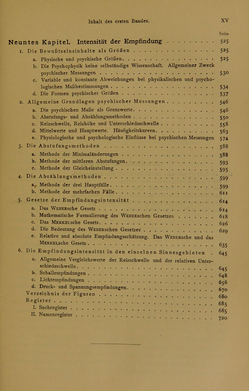 Neuntes Kapitel. Intensität der Empfindung 1. Die Bewußtseinsinhalte als Größen a. Physische und psychische Größen b. Die Psychophysik keine selbständige Wissenschaft. Allgemeiner Zweck psychischer Messungen c. Variable und konstante Abweichungen bei physikalischen und psycho- logischen Maßbestimmungen d. Die Formen psychischer Größen 2. Allgemeine Grundlagen psychischer Messungen a. Die psychischen Maße als Grenzwerte b. Abstufungs- und Abzählungsmethoden c. Reizschwelle, Reizhöhe und Unterschiedsschwelle d. Mittelwerte und Hauptwerte. Häufigkeitskurven e. Physiologische und psychologische Einflüsse bei psychischen Messungen 3. Die Abstufungsmethoden a. Methode der Minimaländerungen b. Methode der mittleren Abstufungen c. Methode der Gleicheinstellung 4. Die Abzählungsmethoden ay Methode der drei Hauptfälle b. Methode der mehrfachen Fälle 5. Gesetze der Empfindungsintensität . . . a. Das WEBERsche Gesetz b. Mathematische Formulierung des WEBERschen Gesetzes c. Das MERKELsche Gesetz d. Die Bedeutung des WEBERschen Gesetzes e. Relative und absolute Empfindungsschätzung. Das WEBERsche und das MERKELsche Gesetz 6. Die Empfindungsintensität in den einzelnen Sinnesgebieten . a. Allgemeine Vergleichswerte der Reizschwelle und der relativen Unter- schiedsschwelle b. Schallempfindungen c. Lichtempfindungen d. Druck- und Spannungsempfindungen Verzeichnis der Figuren Register I. Sachregister II. Namenregister Seite 525 525 525 53° 534 537 546 546 55° 558 563 574 588 588 593 595 599 599 611 614 614 618 626 629 635 645 645 648 656 670 680 685 685 720