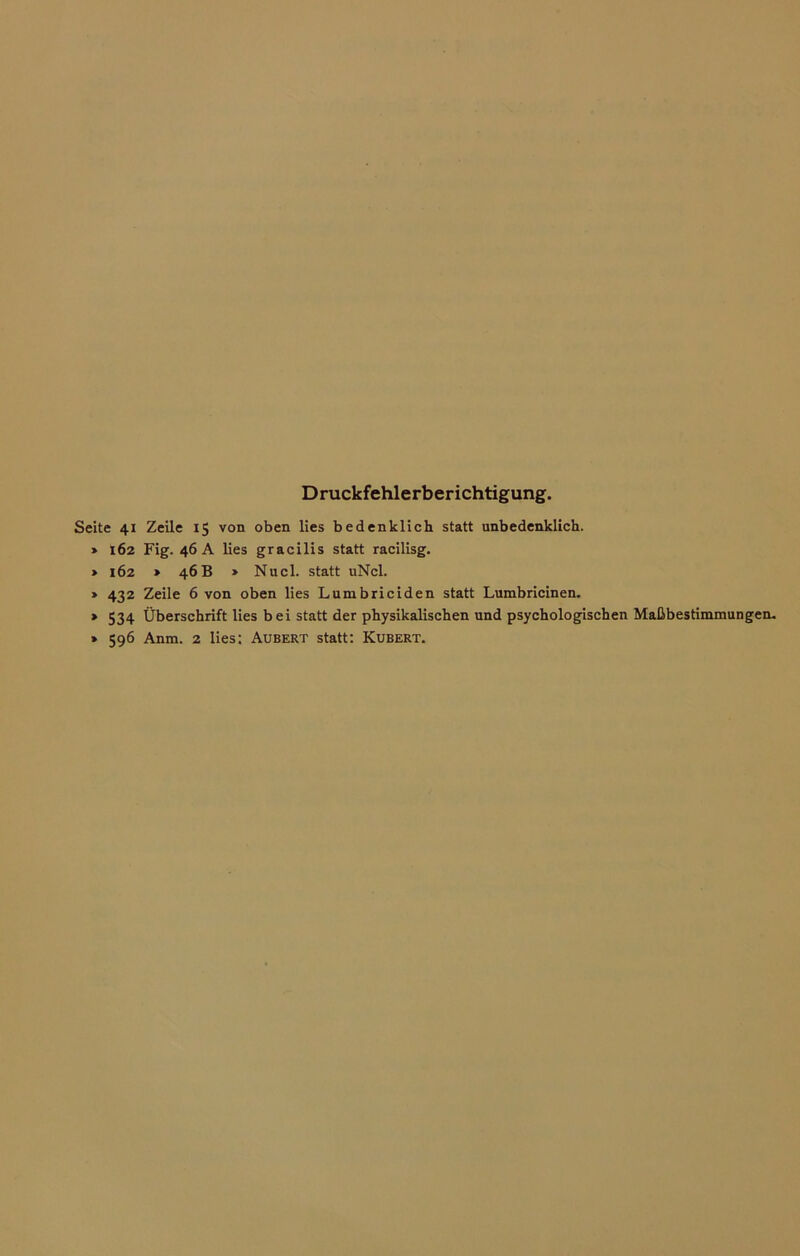 Druckfehlerberichtigung. Seite 41 Zeile 15 von oben lies bedenklich statt unbedenklich. » 162 Fig. 46 A lies gracilis statt racilisg. » 162 » 46B > Nucl. statt uNcl. » 432 Zeile 6 von oben lies Lumbriciden statt Lumbricinen. » 534 Überschrift lies bei statt der physikalischen und psychologischen Maßbestimmungen. » 596 Anm. 2 lies: Aubert statt: Kubert.