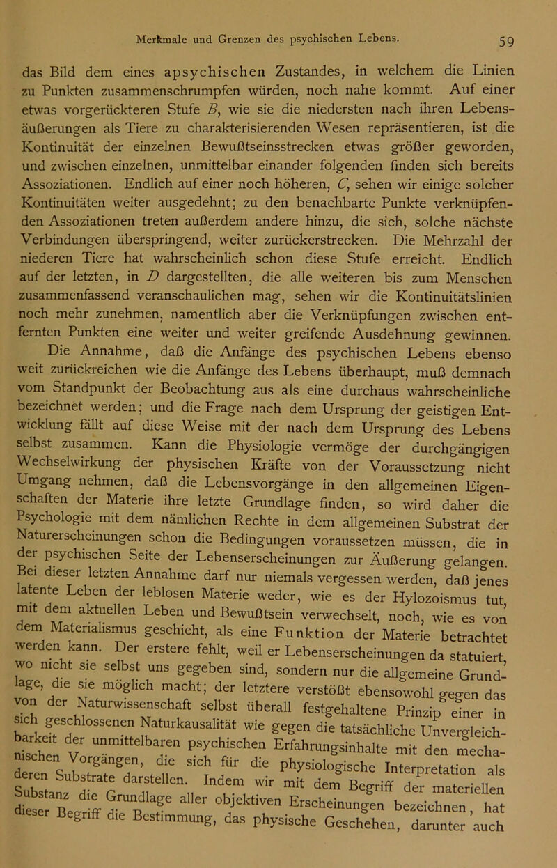 das Bild dem eines apsychischen Zustandes, in welchem die Linien zu Punkten zusammenschrumpfen würden, noch nahe kommt. Auf einer etwas vorgerückteren Stufe i>, wie sie die niedersten nach ihren Lebens- äußerungen als Tiere zu charakterisierenden Wesen repräsentieren, ist die Kontinuität der einzelnen Bewußtseinsstrecken etwas größer geworden, und zwischen einzelnen, unmittelbar einander folgenden finden sich bereits Assoziationen. Endlich auf einer noch höheren, U, sehen wir einige solcher Kontinuitäten weiter ausgedehnt; zu den benachbarte Punkte verknüpfen- den Assoziationen treten außerdem andere hinzu, die sich, solche nächste Verbindungen überspringend, weiter zurückerstrecken. Die Mehrzahl der niederen Tiere hat wahrscheinlich schon diese Stufe erreicht. Endlich auf der letzten, in D dargestellten, die alle weiteren bis zum Menschen zusammenfassend veranschaulichen mag, sehen wir die Kontinuitätslinien noch mehr zunehmen, namentlich aber die Verknüpfungen zwischen ent- fernten Punkten eine weiter und weiter greifende Ausdehnung gewinnen. Die Annahme, daß die Anfänge des psychischen Lebens ebenso weit zurückreichen wie die Anfänge des Lebens überhaupt, muß demnach vom Standpunkt der Beobachtung aus als eine durchaus wahrscheinliche bezeichnet werden; und die Frage nach dem Ursprung der geistigen Ent- wicklung fallt auf diese Weise mit der nach dem Ursprung des Lebens selbst zusammen. Kann die Physiologie vermöge der durchgängigen Wechselwirkung der physischen Kräfte von der Voraussetzung nicht Umgang nehmen, daß die Lebensvorgänge in den allgemeinen Eigen- schaften der Materie ihre letzte Grundlage finden, so wird daher die Psychologie mit dem nämlichen Rechte in dem allgemeinen Substrat der Naturerscheinungen schon die Bedingungen voraussetzen müssen, die in der psychischen Seite der Lebenserscheinungen zur Äußerung gelangen. Bei dieser letzten Annahme darf nur niemals vergessen werden, daß jenes latente Leben der leblosen Materie weder, wie es der Hylozoismus tut mit dem aktuellen Leben und Bewußtsein verwechselt, noch, wie es von dem Materialismus geschieht, als eine Funktion der Materie betrachtet werden kann. Der erstere fehlt, weil er Lebenserscheinungen da statuiert wo nicht sie selbst uns gegeben sind, sondern nur die allgemeine Grund- lage die sie möglich macht; der letztere verstößt ebensowohl geo-en das von der Naturwissenschaft selbst überall festgehaltene Prinzip einer in sich geschlossenen Naturkausalität wie gegen die tatsächliche Unvergleich- machen V ****** Erfahrungsinhalte mit den mecha- dl7en SuisTST’ , ,',e SK? , diC Physiol°gische Interpretation als Substanzdfr'T „ T, * dem Begriff d« materiellen fee Beer ff STT ° 1 !“ bezeichnen, hat Begnff die Best.mmung, das physische Geschehen, darunter auch