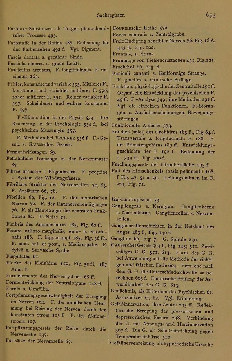 Farblose Substanzen als Träger photochemi- scher Prozesse 493. Farbstoffe in der Retina 487, Bedeutung für das Farbensehen 492 f. Vgl. Pigment. Fascia dentata s. gezahnte Binde. Fasciola cinerea s. graue Leiste. Fasciculus arcuatus, F. longitudinalis, F. un- cinatus 265. Fehler, konstanteundvariable535. MittlererF., konstanter und variabler mittlerer F. 596, roher mittlerer F. 597. Reiner variabler F. 597- Scheinbarer und wahrer konstanter F. 597. F.-Elimination in der Physik 534; ihre Bedeutung in der Psychologie 534 f., bei psychischen Messungen 557. F.-Methoden bei Fechner 556 f. F.-Ge- setz s. GAUSSsches Gesetz. Fermentwirkungen 89. Fettähnliche Gemenge in der Nervenmasse 87. Fibrae arcuatae s. Bogenfasern. F. propriae s. System der Windungsfasern. Fibrilläre Struktur der Nervenzellen 70, 85. F. Ausläufer 66, 78. Fibrillen 69, Fig. 12. F. der motorischen Nerven 72. F. der Hautnervenendigungen 76. F. als Hauptträger der zentralen Funk- tionen 82. F.-Netze 71. Fimbria des Ammonshorns 183, Fig. 60 fi. Fissura calloso-marginalis, ento- u. ectorhi- nalis 186. F. hippocampi 185, Fig. 56 fh. F. med. ant. et post., s. Medianspalte. F. Sylvii s. SYLVische Spalte. Flagellaten 61. Flocke des Kleinhirns 170, Fig. 52 fl, 187 Anm. 1. Formelemente des Nervensystems 68 ff. Formentwicklung der Zentralorgane 148 ff. Fomix s. Gewölbe. Fortpflanzungsgeschwindigkeit der Erregung im Nerven 104. F. der anodischen Hem- mung bei Reizung der Nerven durch den konstanten Strom 115 f. F. des Aktions- stroms 117. Fortpflanzungsgesetz der Reize durch die Nervenzelle 137. Fortsätze der Nervenzelle 69. FouRiERsche Reihe 572. Fovea centralis s. Zentralgrube. Freie Endigung sensibler Nerven 76, Fig. 18 A, 453 ff., Fig. 122. Frontal-, s. Stirn-. Frontauge von Tiefseecrustaceen 451, Fig.l2li Fruchthof 66, Fig. 8. Funiculi cuneati s. Keilförmige Stränge. F. graciles s. GoLLsche Stränge. Funktion, physiologische der Zentralteile 291 ff. Organische Entwicklung der psychischen F. 49 ff. F.-Analyse 349; ihre Methoden 291 ff. Vgl. die einzelnen Funktionen. F.-Störun- gen, s. Ausfallserscheinungen, Bewegungs- störungen. Funktionelle Aphasie 373. Furchen (sulci) des Großhirns 185 ff., Fig. 64 f. Transversale u. longitudinale F. 188. F. des Primatengehirns 189 ff. Entwicklungs- geschichte der F. 192 f. Bedeutung der F. 339 ff-> Fig. 100 f. Furchungsgesetz der Hirnoberfläche 193 f. Fuß des Hirnschenkels (basis pedunculi) 168, f Fig. 47, 51 u. 56. Leitungsbahnen im F. 224> Fig. 72. Galvanotropismus 53. Gangliengrau s. Kerngrau. Ganglienkerne s. Nervenkerne. Ganglienzellen s. Nerven- zellen. Ganglienzellenschichten in der Netzhaut des Auges 483 f., Fig. 140 f. Ganglion 66, Fig. 7. G. Spirale 230. GAUSSsches Gesetz 564 f., Fig. 143; 571. Zwei- seitiges G. G. 571, 613. Form des G. G. bei Anwendung auf die Methode der richti- gen und falschen Fälle 604. Versuche nach dem G. G. die Unterschiedsschwelle zu be- rechnen 605 f. Empirische Prüfung der An- wendbarkeit des G. G. 613. Gedächtnis, als Kriterium des Psychischen 61. Assoziatives G. 62. Vgl. Erinnerung. Gefäßinnervation, ihre Zentra 295 ff. Reflek- torische Erregung der pressorischen und depressorischen Fasern 298. Verbindung der G. mit Atmungs- und Herzinnervation 307 f. Die G. als Schutzeinrichtung gegen Temperatureinflüsse 510. Gefäßnervenreizung, als hypothetische Ursache