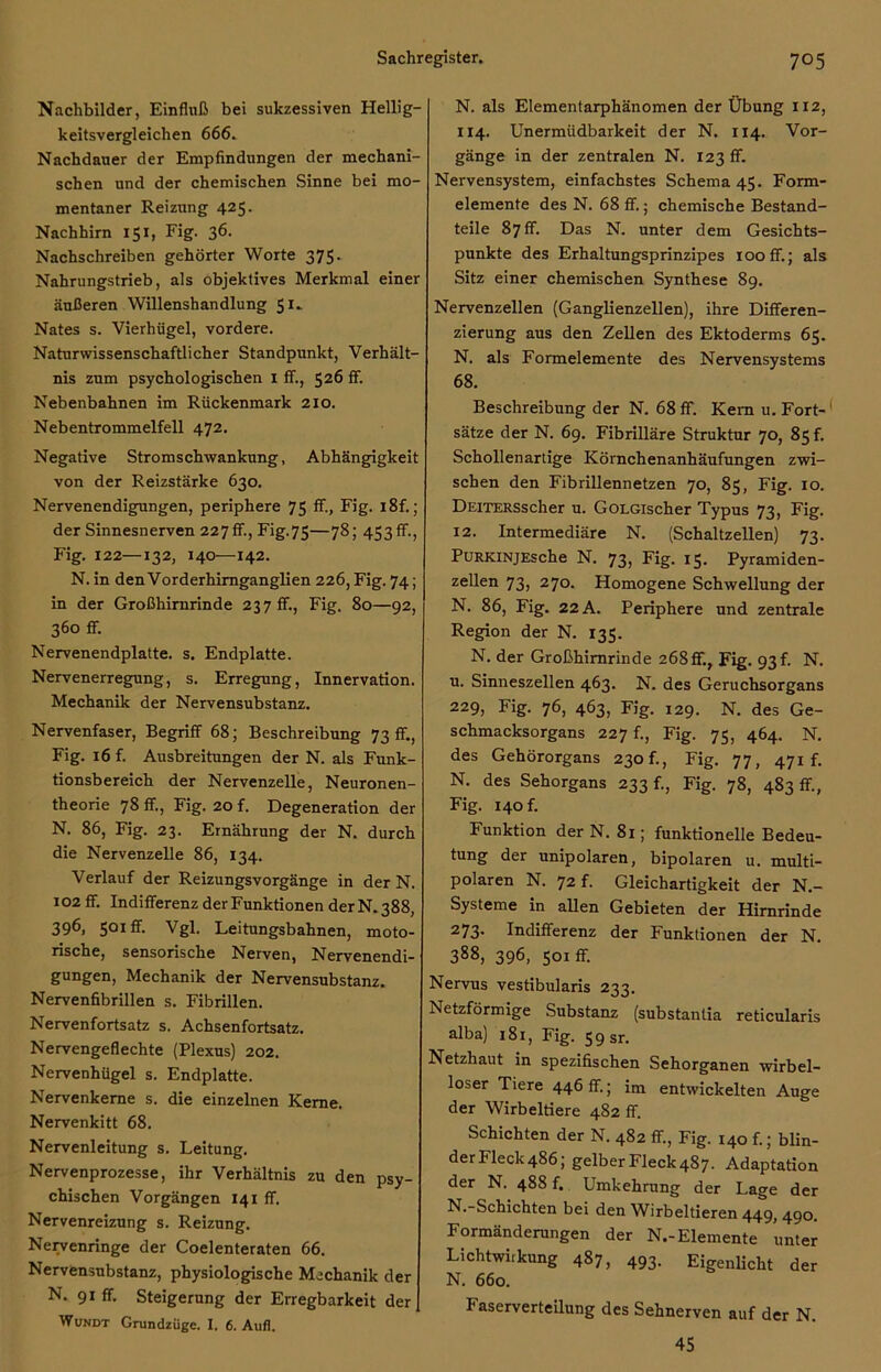 Nachbilder, Einfluß bei sukzessiven Hellig- keitsvergleichen 666. Nachdaner der Empfindungen der mechani- schen und der chemischen Sinne bei mo- mentaner Reizung 425. Nachhirn 151, Fig. 36. Nachschreiben gehörter Worte 375. Nahrungstrieb, als objektives Merkmal einer äußeren Willenshandlung 51. Nates s. Vierhügel, vordere. Naturwissenschaftlicher Standpunkt, Verhält- nis zum psychologischen 1 ff., 526 ff. Nebenbahnen im Rückenmark 210. Nebentrommelfell 472. Negative Stromschwankung, Abhängigkeit von der Reizstärke 630. Nervenendigungen, periphere 75 ff., Fig. i8f.; der Sinnesnerven 227 fl., Fig.75—78; 453 ff., Fig. 122—132, 140—142. N. in den Vorderhimganglien 226, Fig. 74; in der Großhirnrinde 237 ff., Fig. 80—92, 360 ff. Nervenendplatte. s. Endplatte. Nervenerregung, s. Erregung, Innervation. Mechanik der Nervensubstanz. Nervenfaser, Begriff 68; Beschreibung 73 ff., Fig. 16 f. Ausbreitungen der N. als Funk- tionsbereich der Nervenzelle, Neuronen- theorie 78 ff-, Fig. 20 f. Degeneration der N. 86, Fig. 23. Ernährung der N. durch die Nervenzelle 86, 134. Verlauf der Reizungsvorgänge in der N. J02 ff. Indifferenz der Funktionen der N. 388, 396, 501 ff. Vgl. Leitungsbahnen, moto- rische, sensorische Nerven, Nervenendi- gungen, Mechanik der Nervensubstanz. Nervenfibrillen s. Fibrillen. Nervenfortsatz s. Achsenfortsatz. Nervengeflechte (Plexus) 202. Nervenhügel s. Endplatte. Nervenkerne s. die einzelnen Kerne. Nervenkitt 68. Nervenleitung s. Leitung. Nervenprozesse, ihr Verhältnis zu den psy- chischen Vorgängen 141 ff. Nervenreizung s. Reizung. Neiwenringe der Coelenteraten 66. Nervensubstanz, physiologische Mechanik der N. 91 ff. Steigerung der Erregbarkeit der Wundt Grundziige. I. 6. Aufl. N. als Eiemenlarphänomen der Übung 112, 114. Unermüdbarkeit der N. 114. Vor- gänge in der zentralen N. 123 ff. Nervensystem, einfachstes Schema 45. Form- elemenfe des N. 68 ff.; chemische Bestand- teile 87 ff. Das N. unter dem Gesichts- punkte des Erhaltungsprinzipes 100ff.; als Sitz einer chemischen Synthese 89. Nervenzellen (Ganglienzellen), ihre Differen- zierung aus den Zellen des Ektoderms 65. N. als Formelemente des Nervensystems 68. Beschreibung der N. 68 ff. Kern u. Fort- sätze der N. 69. Fibrilläre Struktur 70, 85 f. Schollenartige Körnchenanhäufungen zwi- schen den Fibrillennetzen 70, 85, Fig. 10. DEiTERSscher u. GoLGischer Typus 73, Fig. 12. Intermediäre N. (Schaltzellen) 73. PüRKiNjEsche N. 73, Fig. 15. Pyramiden- zellen 73, 270. Homogene Schwellung der N. 86, Fig. 22 A. Periphere und zentrale Region der N. 135. N. der Großhirnrinde 268ff., Fig. 93f. N. u. Sinneszellen 463. N. des Geruchsorgans 229, Fig- 76, 463, Fig. 129. N. des Ge- schmacksorgans 227 f., Fig. 75, 464. N. des Gehörorgans 230 f., Fig. 77, 471 f. N. des Sehorgans 233!., Fig. 78, 483 fr., Fig. 140 f. Funktion der N. 81; funktionelle Bedeu- tung der unipolaren, bipolaren u. multi- polaren N. 72 f. Gleichartigkeit der N.- Systeme in allen Gebieten der Hirnrinde 273. Indifferenz der Funktionen der N. 388, 396, 501 ff. Nervus vestibularis 233. Netzförmige Substanz (substanlia reticularis alba) 181, Fig. 59 Sr. Netzhaut in spezifischen Sehorganen wirbel- loser Tiere 446 fr.; im entwickelten Auge der Wirbeltiere 482 ff. Schichten der N. 482 ff., Fig. 140 f.; blin- der Fleck 486; gelber Fleck 487. Adaptation der N. 488 f. Umkehrung der Lage der N.-Schichten bei den Wirbeltieren 449, 490. Formänderungen der N.-Elemente unter Lichtwirkung 487, 493. Eigenlicht der N. 660. Faserverteilung des Sehnerven auf der N. 45