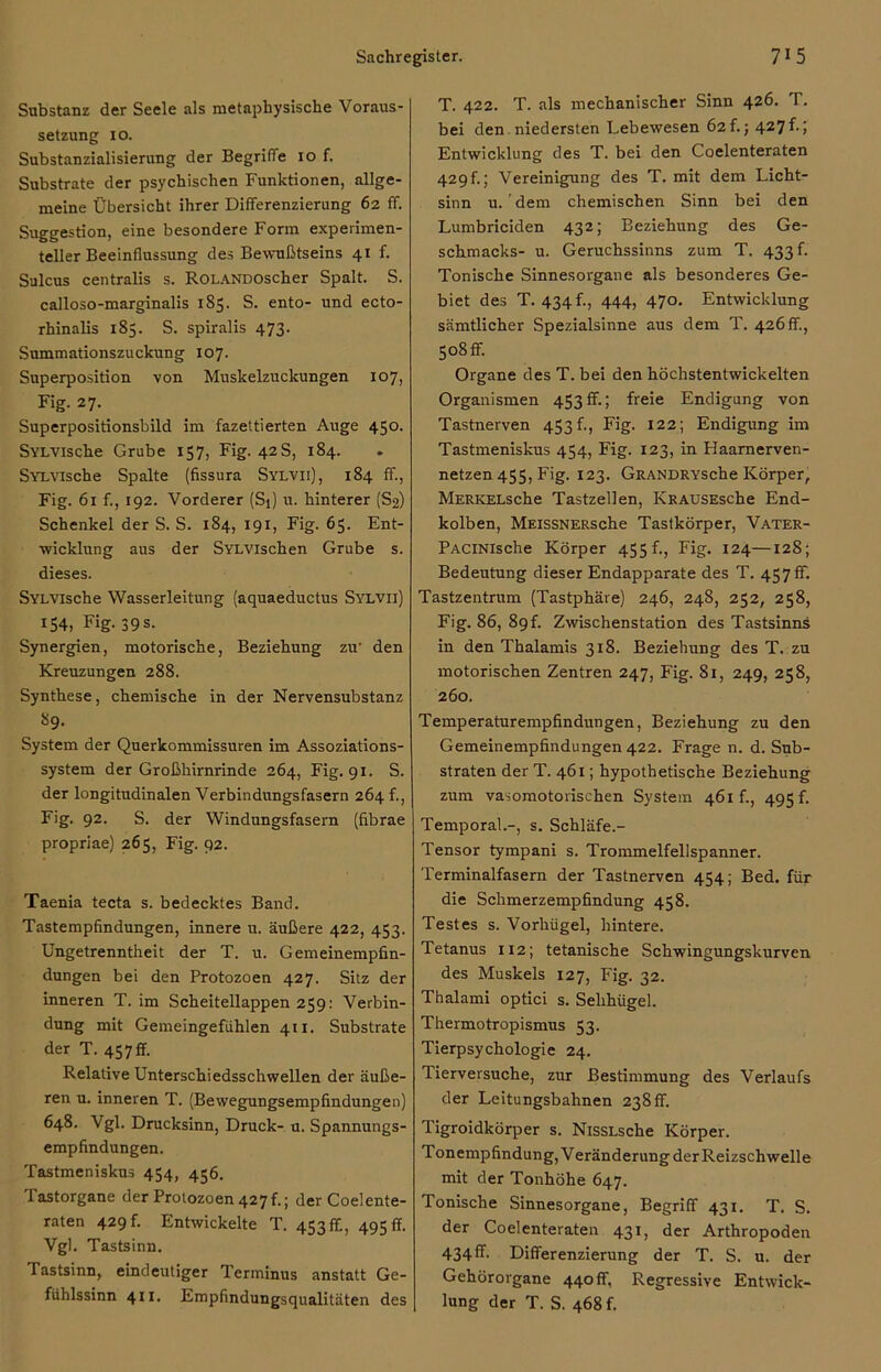 Substanz der Seele als metaphysische Voraus- setzung 10. Substanzialisierung der Begriffe 10 f. Substrate der psychischen Funktionen, allge- meine Übersicht ihrer Differenzierung 62 ff. Suggestion, eine besondere Form experimen- teller Beeinflussung des Bewußtseins 41 f. Sulcus centralis s. ROLANDOscher Spalt. S. calloso-marginalis 185. S. ento- und ecto- rhinalis 185. S. spiralis 473. Summationszuckung 107. Superposition von Muskelzuckungen 107, Fig. 27. Superpositionsbild im fazettierten Auge 450. SYLVische Grube 157, Fig. 42 S, 184. SYLVische Spalte (fissura Sylvii), 184 ff., Fig. 61 f., 192. Vorderer (Si) u. hinterer (S2) Schenkel der S. S. 184, 191, Fig. 65- Ent- wicklung aus der SYLVischen Grube s. dieses. SYLVische Wasserleitung (aquaeductus Sylvii) 154, Fig. 39 s. Synergien, motorische, Beziehung zu' den Kreuzungen 288. Synthese, chemische in der Nervensubstanz 89. System der Querkommissuren im Assoziations- system der Großhirnrinde 264, Fig. 91. S. der longitudinalen Verbindungsfasern 264 f., Fig. 92. S. der Windungsfasern (fibrae propriae) 265, Fig. 92. Taenia tecta s. bedecktes Band. Tastempfindungen, innere u. äußere 422, 453. Ungetrenntheit der T. u. Gemeinempfin- dungen bei den Protozoen 427. Sitz der inneren T. im Scheitellappen 259: Verbin- dung mit Gemeingefühlen 411. Substrate der T. 457 fr. Relative Unterschiedsschwellen der äuße- ren u. inneren T. (Bewegungsempfindungen) 648. Vgl. Drucksinn, Druck- u. Spannungs- empfindungen. Tastmeniskus 454, 456. Tastorgane der Protozoen 427t; der Coelente- raten 429 h Entwickelte T. 453 ff., 495 ff. Vgl. Tastsinn. Tastsinn, eindeutiger Terminus anstatt Ge- fühlssinn 411- Empfindungsqualitäten des T. 422. T. als mechanischer Sinn 426. T. bei den niedersten Lebewesen 62f.; 427f.; Entwicklung des T. bei den Coelenteraten 429 p; Vereinigung des T. mit dem Licht- sinn u.'dem chemischen Sinn bei den Lumbriciden 432; Beziehung des Ge- schmacks- u. Geruchssinns zum T. 433 f. Tonische Sinnesorgane als besonderes Ge- biet des T. 434 f., 444, 470. Entwicklung sämtlicher Spezialsinne aus dem T. 426fr., 508 ff. Organe des T. bei den höchstentwickelten Organismen 453 fr.; freie Endigung von Tastnerven 453f., Fig. 122; Endigung im Tastmeniskus 454, Fig. 123, in Haamerven- netzen 455, Fig. 123. GRANDRYSche Körper, MERKELsche Tastzellen, KRAUSEsche End- kolben, MEissNERsche Tastkörper, Vater- PAClNische Körper 455 p, Fig. 124—128; Bedeutung dieser Endapparate des T. 457 fr. Tastzentrum (Tastphäre) 246, 248, 252, 258, Fig. 86, 89p Zwischenstation des Tastsinns in den Thalamis 318. Beziehung des T. zu motorischen Zentren 247, Fig. 81, 249, 258, 260. Temperaturempfindungen, Beziehung zu den Gemeinempfindungen 422. Frage n. d. Sub- straten der T. 461; hypothetische Beziehung zum vasomotorischen System 461 fi, 495 f. Temporal.-, s. Schläfe.- Tensor tympani s. Trommelfellspanner. Terminalfasern der Tastnerven 454; Bed. für die Schmerzempfindung 458. Testes s. Vorhügel, hintere. Tetanus 112; tetanische Schwingungskurven des Muskels 127, Fig. 32. Thalami optici s. Selihügel. Thermotropismus 53. Tierpsychologie 24. Tierversuche, zur Bestimmung des Verlaufs der Leitungsbahnen 238 ff. Tigroidkörper s. NissLsche Körper. Tonempfindung, Veränderung der Reizschwelle mit der Tonhöhe 647. Tonische Sinnesorgane, Begriff 431. T. S. der Coelenteraten 431, der Arthropoden 434 ff- Differenzierung der T. S. u. der Gehörorgane 440 fr. Regressive Entwick- lung der T. S. 468 f.