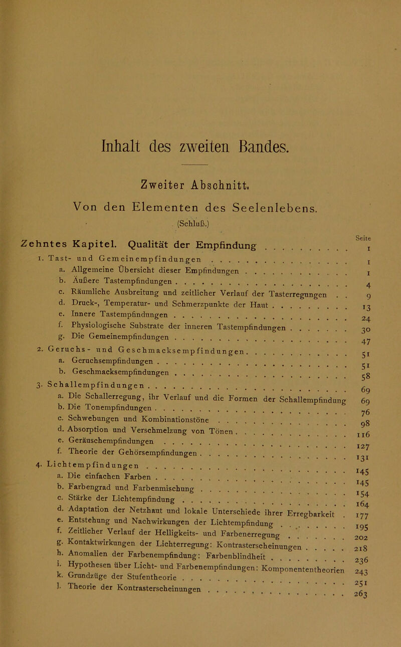 Inhalt des zweiten Bandes. Zweiter Abschnitt, Von den Elementen des Seelenlebens. (Schluß.) Zehntes Kapitel. Qualität der Empfindung 1. Tasfc- und G em ein empfin dun gen a. Allgemeine Übersicht dieser Empfindungen b. Äußere Tastempfindungen c. Räumliche Ausbreitung und zeitlicher Verlauf der Tasterregungen d. Druck-, Temperatur- und Schmerzpunkte der Haut e. Innere Tastempfindungen f. Physiologische Substrate der inneren Tastempfindungen g. Die Gemeinempfindungen 2. Geruchs- und Geschmacksempfindungen a. Geruchsempfindungen b. Geschmacksempfindungen 3. Schallempfindungen a. Die Schallerregung, ihr Verlauf und die Formen der Schallempfindun b. Die Tonempfindungen c. Schwebungen und Kombinationstöne d. Absorption und Verschmelzung von Tönen e. Geräuschempfindungen f. Theorie der Gehörsempfindungen 4. Lichtempfindungen a. Die einfachen Farben b. Farbengrad und Farbenmischung c. Stärke der Lichtempfindung d. Adaptation der Netzhaut und lokale Unterschiede ihrer Erregbarkeit e. Entstehung und Nachwirkungen der Lichtempfindung f. Zeitlicher Verlauf der Helligkeits- und Farbenerregung g. Kontaktwirkungen der Lichterregung: Kontrasterscheinungen .... h. Anomalien der Farbenempfindung: Farbenblindheit 1. Hypothesen über Licht- und Farbenempfindungen: Komponententheorien k. Grundzüge der Stufentheorie 1- Theorie der Kontrasterscheinungen Seite I 4 9 13 24 3° 47 5i 5i 58 69 69 76 98 116 127 *3* I45 !45 i54 164 177 !95 202 218 236 243 251 263