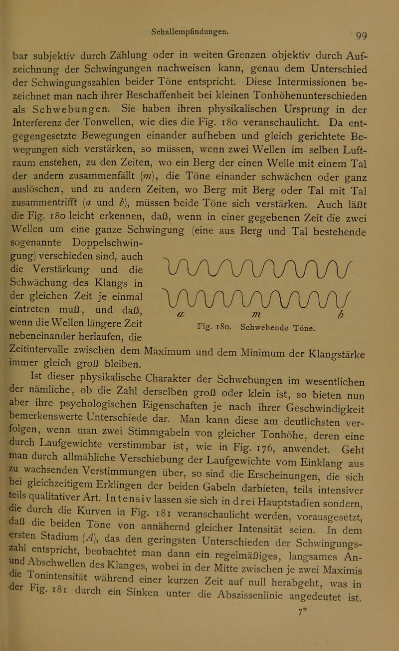 m bar subjektiv durch Zählung oder in weiten Grenzen objektiv durch Auf- zeichnung der Schwingungen nachweisen kann, genau dem Unterschied der Schwingungszahlen beider Töne entspricht. Diese Intermissionen be- zeichnet man nach ihrer Beschaffenheit bei kleinen Tonhöhenunterschieden als Schwebungen. Sie haben ihren physikalischen Ursprung in der Interferenz der Tonwellen, wie dies die Fig. 180 veranschaulicht. Da ent- gegengesetzte Bewegungen einander aufheben und gleich gerichtete Be- wegungen sich verstärken, so müssen, wenn zwei Wellen im selben Luft- raum enstehen, zu den Zeiten, wo ein Berg der einen Welle mit einem Tal der andern zusammenfällt (7«), die Töne einander schwächen oder ganz auslöschen, und zu andern Zeiten, wo Berg mit Berg oder Tal mit Tal zusammentrifft [a und b), müssen beide Töne sich verstärken. Auch läßt die Fig. 180 leicht erkennen, daß, wenn in einer gegebenen Zeit die zwei Wellen um eine ganze Schwingung (eine aus Berg und Tal bestehende sogenannte Doppelschwin- gung) verschieden sind, auch die Verstärkung und die Schwächung des Klangs in der gleichen Zeit je einmal eintreten muß, und daß, wenn die Wellen längere Zeit nebeneinander herlaufen, die Zeitintervalle zwischen dem Maximum und dem Minimum der Klan<rStärke immer gleich groß bleiben. Ist dieser physikalische Charakter der Schwebungen im wesentlichen der nämliche, ob die Zahl derselben groß oder klein ist, so bieten nun aber ihre psychologischen Eigenschaften je nach ihrer Geschwindigkeit bemerkenswerte Unterschiede dar. Man kann diese am deutlichsten'ver- loigen, wenn man zwei Stimmgabeln von gleicher Tonhöhe, deren eine durch Laufgewichte verstimmbar ist, wie in Fig. 176, anwendet. Geht man durch allmähliche Verschiebung der Laufgewichte vom Einklang aus zu wachsenden Verstimmungen über, so sind die Erscheinungen, die sich bei gleichzeitigem Erklingen der beiden Gabeln darbieten, teils intensiver ^ qualüativer Art. Intensiv lassen sie sich in drei Hauptstadien sondern, , arven *n ^ig- I^1 veranschaulicht werden, vorausgesetzt, er ‘o. Jden.^°ne V°n annähernd gleicher Intensität seien. In dem „ v 1 n tadmm (f)> das den geringsten Unterschieden der Schwingungs- und AhcX1'^ b,e°bT^htet man dann ein regelmäßiges, langsames An- j: t . WC en es Klanges, wobei in der Mitte zwischen je zwei Maximis der ährend einer kurzen Zeit auf null herabgeht, was in ig. 181 durch ein Sinken unter die Abszissenlinie angedeutet ist. 7* Fig. 180. Schwebende Töne.