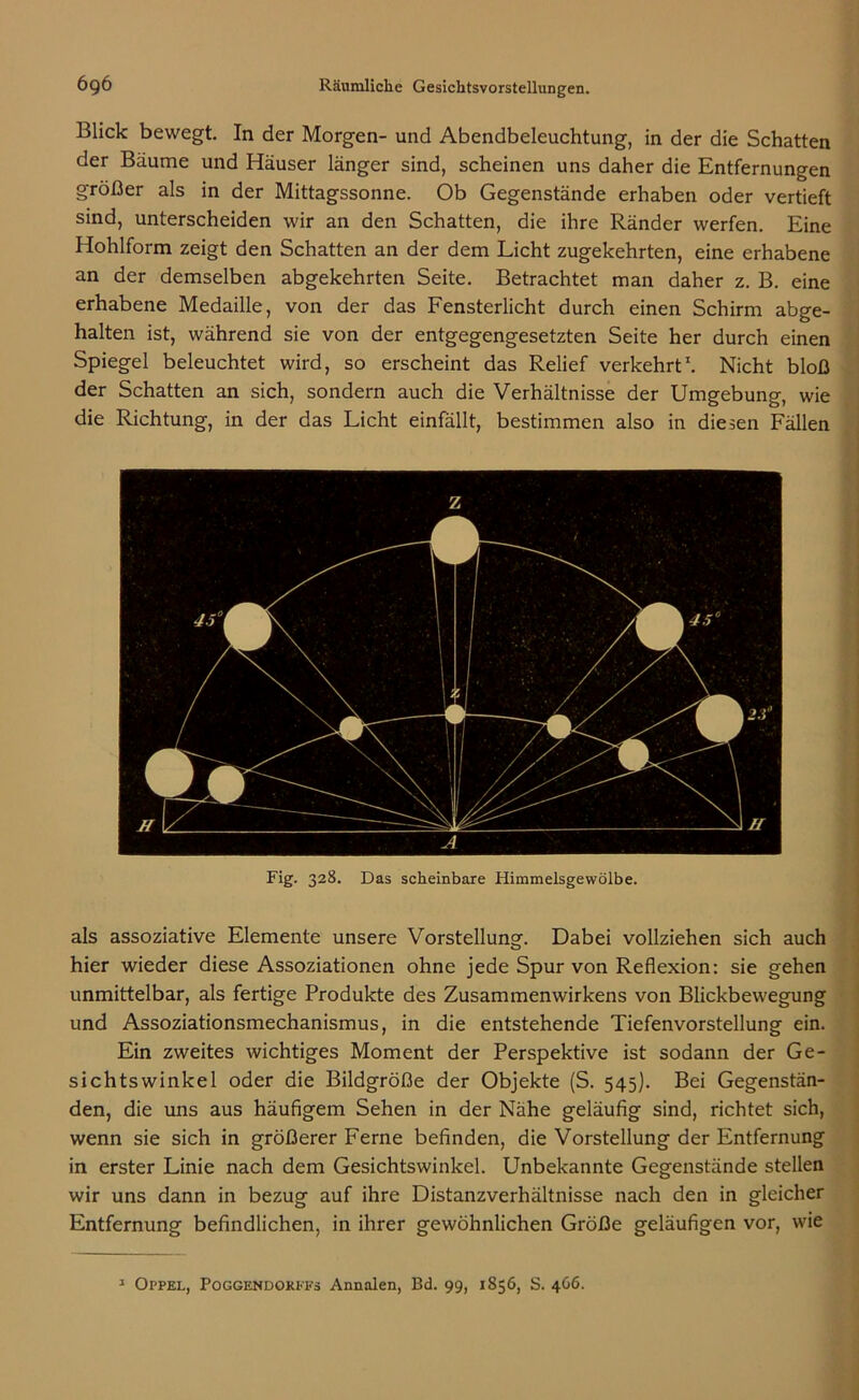 Blick bewegt. In der Morgen- und Abendbeleuchtung, in der die Schatten der Bäume und Häuser länger sind, scheinen uns daher die Entfernungen größer als in der Mittagssonne. Ob Gegenstände erhaben oder vertieft sind, unterscheiden wir an den Schatten, die ihre Ränder werfen. Eine Hohlform zeigt den Schatten an der dem Licht zugekehrten, eine erhabene an der demselben abgekehrten Seite. Betrachtet man daher z. B. eine erhabene Medaille, von der das Fensterlicht durch einen Schirm abge- halten ist, während sie von der entgegengesetzten Seite her durch einen Spiegel beleuchtet wird, so erscheint das Relief verkehrt1. Nicht bloß der Schatten an sich, sondern auch die Verhältnisse der Umgebung, wie die Richtung, in der das Licht einfällt, bestimmen also in diesen Fällen Fig. 328. Das scheinbare Himmelsgewölbe. als assoziative Elemente unsere Vorstellung. Dabei vollziehen sich auch hier wieder diese Assoziationen ohne jede Spur von Reflexion: sie gehen unmittelbar, als fertige Produkte des Zusammenwirkens von Blickbewegung und Assoziationsmechanismus, in die entstehende Tiefenvorstellung ein. Ein zweites wichtiges Moment der Perspektive ist sodann der Ge- sichtswinkel oder die Bildgröße der Objekte (S. 545). Bei Gegenstän- den, die uns aus häufigem Sehen in der Nähe geläufig sind, richtet sich, wenn sie sich in größerer Ferne befinden, die Vorstellung der Entfernung in erster Linie nach dem Gesichtswinkel. Unbekannte Gegenstände stellen wir uns dann in bezug auf ihre Distanzverhältnisse nach den in gleicher Entfernung befindlichen, in ihrer gewöhnlichen Größe geläufigen vor, wie