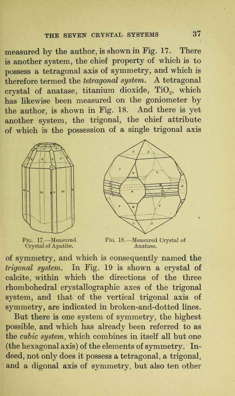 measured by the author, is shown in Fig. 17. There is another system, the chief property of which is to possess a tetragonal axis of symmetry, and which is therefore termed the tetragonal system. A tetragonal crystal of anatase, titanium dioxide, TiOg, which has hkewise been measured on the goniometer by the author, is shown in Fig. 18. And there is yet another system, the trigonal, the chief attribute of which is the possession of a single trigonal axis of symmetry, and which is consequently named the trigonal system. In Fig. 19 is shown a crystal of calcite, within which the directions of the three rhombohedral crystallographic axes of the trigonal system, and that of the vertical trigonal axis of symmetry, are indicated in broken-and-dotted lines. But there is one system of symmetry, the highest possible, and which has already been referred to as the cvbic system, which combines in itself all but one (the hexagonal axis) of the elements of symmetry. In- deed, not only does it possess a tetragonal, a trigonal, and a digonal axis of symmetry, but also ten other Fig. 17.—Measured Crystal of Apatite. Fig. 18.—Measured Crystal of Anatase.