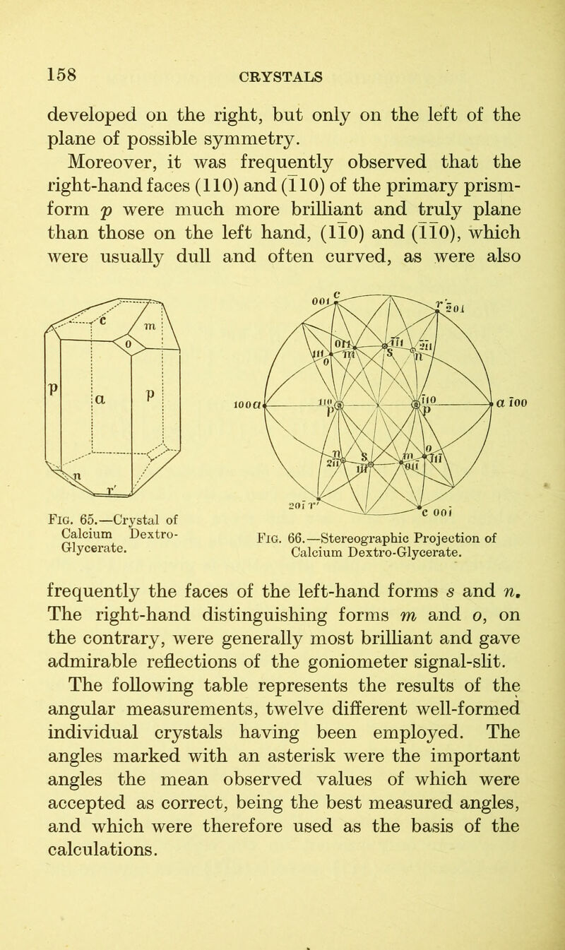 developed on the right, but only on the left of the plane of possible symmetry. Moreover, it was frequently observed that the right-hand faces (110) and (TlO) of the primary prism- form p were much more briUiant and truly plane than those on the left hand, (110) and (110), which were usually dull and often curved, as were also frequently the faces of the left-hand forms s and n. The right-hand distinguishing forms m and o, on the contrary, were generally most brilhant and gave admirable reflections of the goniometer signal-slit. The following table represents the results of the angular measurements, twelve different well-formed individual crystals having been employed. The angles marked with an asterisk were the important angles the mean observed values of which were accepted as correct, being the best measured angles, and which were therefore used as the basis of the calculations. Fig. 65.—Crystal of Calcium Dextro- Glycerate. Fig. 66.—Stereographic Projection of Calcium Dextro-Glycerate.