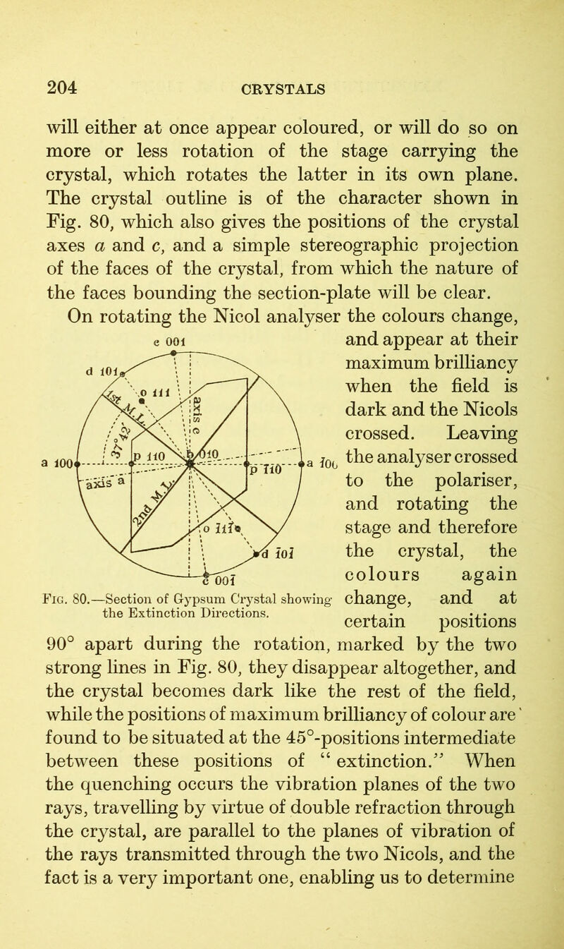 will either at once appear coloured, or will do so on more or less rotation of the stage carrying the crystal, which rotates the latter in its own plane. The crystal outline is of the character shown in Fig. 80, which also gives the positions of the crystal axes a and c, and a simple stereographic projection of the faces of the crystal, from which the nature of the faces bounding the section-plate will be clear. On rotating the Nicol analyser the colours change, e ooi and appear at their maximum brilhancy when the field is dark and the Nicols crossed. Leaving the analyser crossed to the polariser, and rotating the stage and therefore the crystal, the colours again change, and at certain positions 90° apart during the rotation, marked by the two strong lines in Fig. 80, they disappear altogether, and the crystal becomes dark like the rest of the field, while the positions of maximum brilliancy of colour are' found to be situated at the 45°-positions intermediate between these positions of “ extinction.'' When the quenching occurs the vibration planes of the two rays, travelling by virtue of double refraction through the crystal, are parallel to the planes of vibration of the rays transmitted through the two Mcols, and the fact is a very important one, enabling us to determine Fig. 80.- -Section of Gypsum Ci’ystal showing the Extinction Directions.