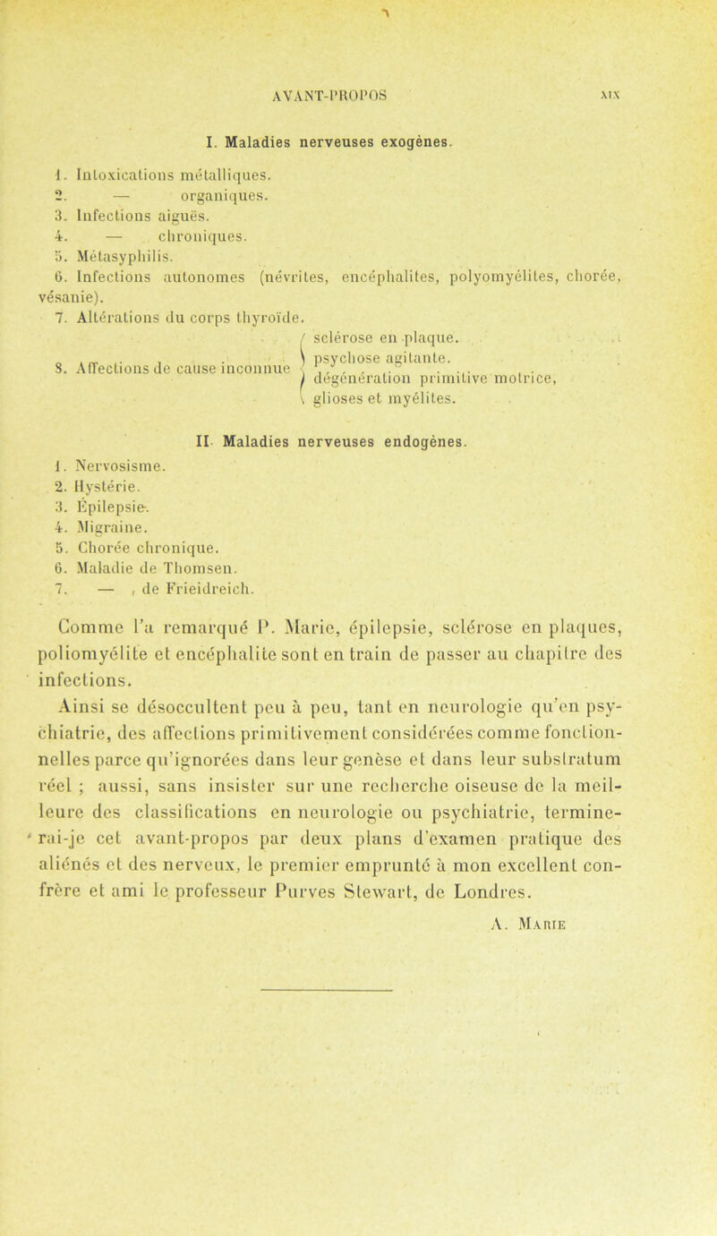 A AVANT-PROPOS MX I. Maladies nerveuses exogenes. 1. Intoxications metalliques. 2. — organiques. 3. Infections aigues. 4. — chroniques. 5. Metasyphilis. 6. Infections autonomes (nevrites, encephalites, polyomyeliles, choree, vesanie). 7. Alterations du corps thyroi'de. / sclerose en plaque. 5 psychose agitante. 8. Affections de cause inconnue ) degeneration primitive motrice, \ glioses el glioses et myelites. II Maladies nerveuses endogenes. 1. Nervosisme. 2. Hysterie. 3. Fpilepsie-. 4. Migraine. а. Choree chronique. б. Maladie de Thomsen. 7. — , de Frieidreich. Comme l’a remarque P. Marie, epilepsie, sclerose en plaques, poliomyelite et encephalite sont en train de passer au chapilre des infections. Ainsi se desoccultent pen ii peu, tant en neurologic qu’cn psy- chiatric, des affections primitivement considerees comme fonclion- nelles parce qu’ignorees dans leurgenese et dans leur substratum reel ; aussi, sans insisler sur une recherche oiseuse de la nieil- leure dcs classifications en neurologie on psychiatric, termine- ' rai-je cet avantqiropos par denx plans d’examen pratique des alienes el des nerveux, le premier empruntc ii mon excellent con- frere et ami le professeur Purves Stewart, de Londres. A. Marie