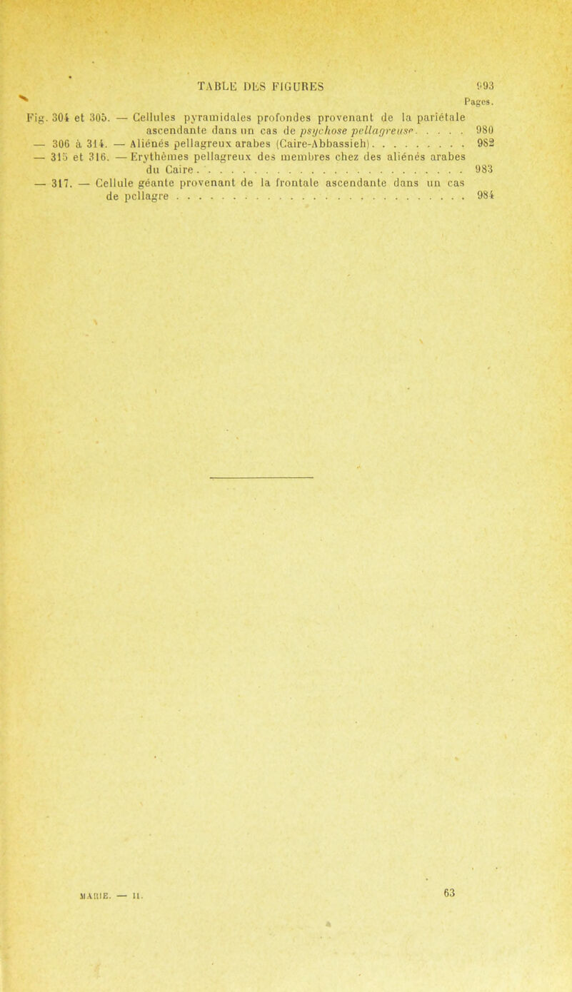 Pages. Fig. 304 et 305. — Cellules pyramidales profondes provenant de la parietale ascendanle dans un cas de psychose pellagreuse 980 — 306 5. 314. — Alienes pellagreux arabes (Caire-Abbassieh) 982 — 315 et 316. —Erythemes pellagreux des membres chez des alienes arabes *du Caire 983 — 317. — Cellule geante provenant de la frontale ascendanle dans un cas de pellagre 984 63