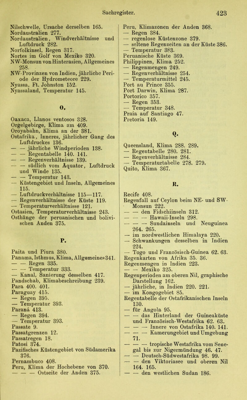 Nilschwelle, Ursache derselben 165. Nordaustralien 277. Nordaustralien, Windverhältnisse und Luftdruck 282. Norfolkinsel, Regen 317. Nortes im Golf von Mexiko 320. N W-Monsun von Hinterasien, Allgemeines 258. NW-Provinzen von Indien, jährliche Peri- ode der Hydrometeore 229. Nyassa, Ft. Johnston 152. Nyassaland, Temperatur 145. 0. Oaxaca, Llanos ventosos 328. Orgelgebirge, Klima am 409. Oroyabahn, Klima an der 381. Ostafrika, Inneres, jährlicher Gang des Luftdruckes 136. — — jährliche Windperioden 138. — — Regentabelle 140. 141. — — Regenverhältnisse 139. — — südlich vom Äquator, Luftdruck und Winde 135. — — Temperatur 143. — Küstengebiet und Inseln, Allgemeines 115. — Luftdruckverhältnisse 115—117. — Regen Verhältnisse der Küste 119. — Temperaturverhältnisse 121. Ostasien, Temperaturverhältnisse 243. Osthänge der peruanischen und bolivi- schen Anden 375. P. Paita und Piura 380. Panama, Isthmus, Klima, Allgemeines 341. — — Regen 335. — — Temperatur 333. — Kanal, Sanierung desselben 417. Pandschab, Klimabeschreibung 239. Para 400. 401. Paraguay 415. — Regen 395. — Temperatur 393. Parana 413. — Regen 394. — Temperatur 393. Passate 9. Passatgrenzen 12. Passatregen 18. Patosi 374. Pazifisches Küstengebiet von Südamerika 376. Pernambuco 408. Peru, Klima der Hochebene von 370. — Ostseite der Anden 375. Peru, Klimazonen der Anden 368. — Regen 384. — regenlose Küstenzone 379. — seltene Regenzeiten an der Küste 386. — Temperatur 383. Peruanische Küste 369. Philippinen, Klima 252. — Regenmengen 249. — Regenverhältnisse 254. — Temperaturmittel 245. Port au Prince 355. Port Darwin, Klima 287. Portorico 357. — Regen 353. — Temperatur 348. Praia auf Santiago 47. Pretoria 149. q. Queensland, Klima 288. 289. — Regentabelle 280. 281. — Regenverhältnisse 284. — Temperaturtabelle 278. 279. Quito, Klima 367. R. Recife 408. Regenfall auf Ceylon beim NE- und SW- Monsun 222. — — den Fidschiinseln 312. — — — Hawaii-Inseln 298. — — — Sundainseln und Neuguinea 264. 265. — im nordwestlichen Himalaya 220. — Schwankungen desselben in Indien 224. — Togo und Französisch-Guinea 62. 63. Regenkarten von Afrika 35. 36. Regenmengen in Indien 223. — — Mexiko 325. Regenperioden am oberen Nil, graphische Darstellung 162. — jährliche, in Indien 220. 221. — im Kongogebiet 85. Regentabelle der Ostafrikanischen Inseln 130. — für Angola 95. — — das Hinterland der Guineaküste und Französisch-Westafrika 62. 63. — — — Innere von Ostafrika 140. 141. — — — Kamerungebiet und Umgebung 71. — — — tropische Westafrika vom Sene- gal bis zur Nigermündung 46. 47. — — Deutsch-Südwestafrika 98. 99. — — den Yiktoriasee und oberen Nil 164. 165. — — den westlichen Sudan 186.