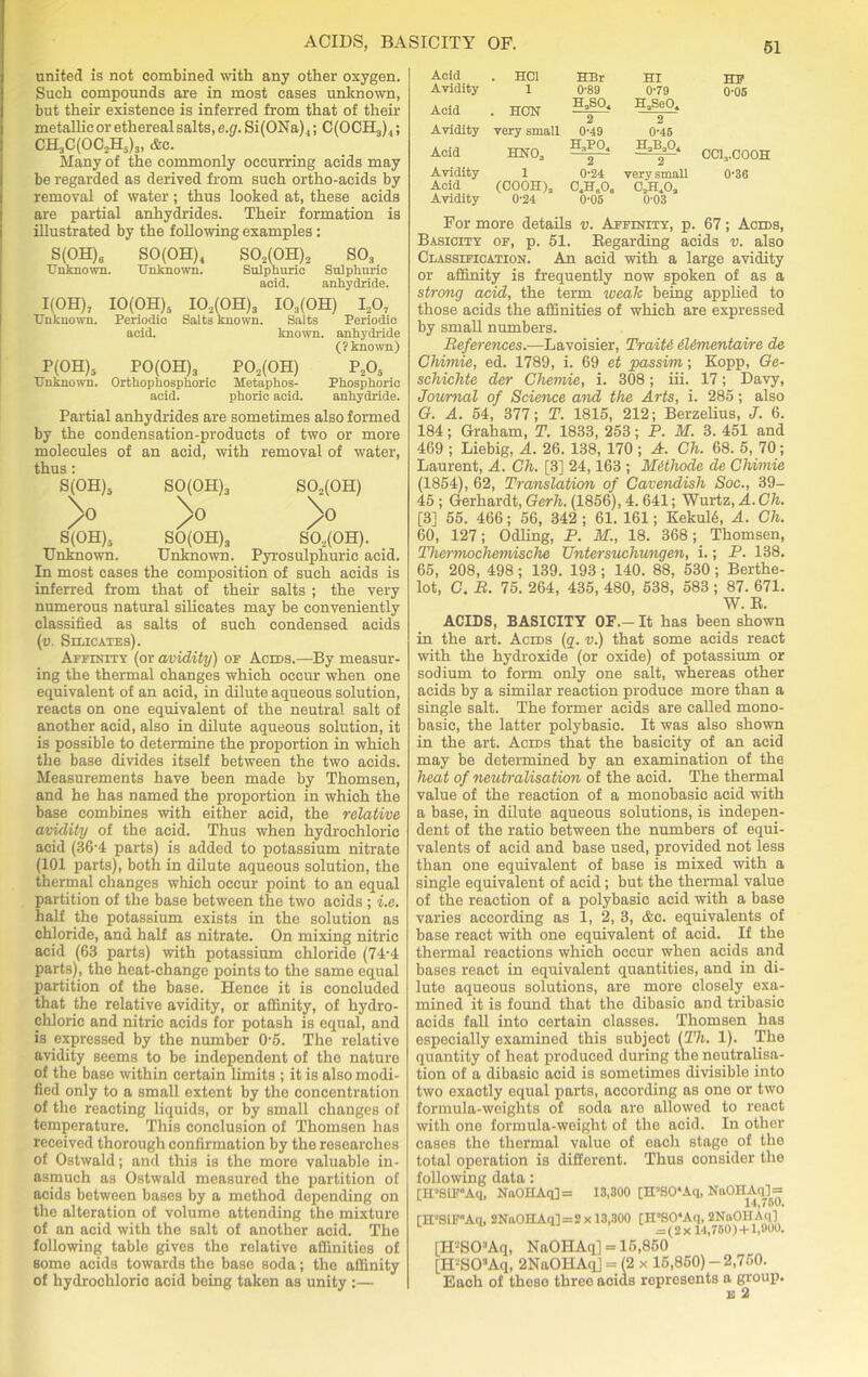 united is not combined with any other oxygen. Such compounds are in most eases unknown, but their existence is inferred from that of their metallic or ethereal salts, e.g. Si(ONa)4; C(OCH3),; CH3C(OC2H5)3, &c. Many of the commonly occurring acids may be regarded as derived from such ortho-acids by removal of water; thus looked at, these acids are partial anhydrides. Their formation is illustrated by the following examples: S(OH)6 SO(OH)4 S02(0H)2 S03 Unknown. Unknown. Sulphuric Sulphuric acid. anhydride. I(OH)7 IO(OH)s I02(0H)3 I03(0H) i2o7 Unknown. Periodic Salts known. Salts Periodic acid. known, anhydride (? known) P(OH)5 PO(OH)3 P02(0H) p2o5 Unknown. Orthophosphoric Metaphos- Phosphoric acid. phoric acid. anhydride. S(OH)5 > S(OH)5 Unknown. Partial anhydrides are sometimes also formed by the condensation-products of two or more molecules of an acid, with removal of water, thus: SO(OH)3 S02(0H) >° >° SO(OH)3 SO..,(OH). Unknown. Pyrosulphuric acid. In most cases the composition of such acids is inferred from that of their salts ; the very numerous natural silicates may be conveniently classified as salts of such condensed acids (v. Silicates). Affinity (or avidity) of Acids.—By measur- ing the thermal changes which occur when one equivalent of an acid, in dilute aqueous solution, reacts on one equivalent of the neutral salt of another acid, also in dilute aqueous solution, it is possible to determine the proportion in which the base divides itself between the two acids. Measurements have been made by Thomsen, and he has named the proportion in which the base combines with either acid, the relative avidity of the acid. Thus when hydrochloric acid (36-4 parts) is added to potassium nitrate (101 parts), both in dilute aqueous solution, the thermal changes which occur point to an equal partition of the base between the two acids ; i.e. half the potassium exists in the solution as chloride, and half as nitrate. On mixing nitric acid (63 parts) with potassium chloride (74-4 parts), the heat-change points to the same equal partition of the base. Hence it is concluded that the relative avidity, or affinity, of hydro- chloric and nitric acids for potash is equal, and is expressed by the number 0'5. The relative avidity seems to be independent of the nature of the base within certain limits ; it is also modi- fied only to a small extent by the concentration of the reacting liquids, or by small changes of temperature. This conclusion of Thomsen has received thorough confirmation by the researches of Ostwald; and this is the more valuable in- asmuch as Ostwald measured the partition of acids between bases by a method depending on the alteration of volume attending the mixture of an acid with the salt of another acid. The following table gives the relative affinities of some acids towards the base soda; the affinity of hydrochloric acid being taken as unity :— Acid . HCl HBr HI HF Avidity l 0-89 0-79 0*05 Acid . HON h2so4 HaSe04 Avidity very small 0-49 0*45 Acid HN03 H,PO< 2 H3Ba04 2 CC13.C00H Avidity 1 0-24 very small 0-36 Acid (COOH)„ 04Ho0e CoHjOo Avidity 0-24 0’05 0‘03 For more details v. Affinity, p. 67; Aolds, Basicity of, p. 51. Regarding acids v. also Classification. An acid with a large avidity or affinity is frequently now spoken of as a strong acid, the term weak being applied to those acids the affinities of which are expressed by small numbers. References.—Lavoisier, Traitii Mimentaire de Chimie, ed. 1789, i. 69 et passim; Kopp, Ge- schichte der Chemie, i. 308; iii. 17; Davy, Journal of Science and the Arts, i. 285; also G. A. 54, 377; T. 1815, 212; Berzelius, J. 6. 184; Graham, T. 1833, 253; P. M. 3. 451 and 469 ; Liebig, A. 26. 138, 170 ; A. Ch. 68. 5, 70; Laurent, A. Ch. [3] 24,163 ; M&thode de Chimie (1854), 62, Translation of Cavendish Soc., 39- 45 ; Gerhardt, Gerh. (1856), 4. 641; Wurtz, A. Ch. [3] 55. 466; 56, 342 ; 61. 161; KekulS, A. Ch. 60, 127; Odling, P. M., 18. 368; _ Thomsen, Thermochemische Untersuchungen, i.; P. 138. 65, 208, 498 ; 139. 193 ; 140. 88, 530 ; Berthe- lot, C. R. 75. 264, 435, 480, 538, 583 ; 87. 671. W. R. ACIDS, BASICITY OF.—It has been shown in the art. Acids (q. v.) that some acids react with the hydroxide (or oxide) of potassium or sodium to form only one salt, whereas other acids by a similar reaction produce more than a single salt. The former acids are called mono- basic, the latter polybasic. It was also shown in the art. Acids that the basicity of an acid may be determined by an examination of the heat of neutralisation of the acid. The thermal value of the reaction of a monobasic acid with a base, in dilute aqueous solutions, is indepen- dent of the ratio between the numbers of equi- valents of acid and base used, provided not less than one equivalent of base is mixed with a single equivalent of acid; but the thermal value of the reaction of a polybasic acid with a base varies according as 1, 2, 3, &c. equivalents of base react with one equivalent of acid. If the thermal reactions which occur when acids and bases react in equivalent quantities, and in di- lute aqueous solutions, are more closely exa- mined it is found that the dibasic and tribasic acids fall into certain classes. Thomsen has especially examined this subject (Th. 1). The quantity of heat produced during the neutralisa- tion of a dibasic acid is sometimes divisible into two exactly equal parts, according as one or two formula-weights of soda are allowed to react with one formula-weight of the acid. In other cases the thermal value of each stage of the total operation is different. Thus consider the following data: [H3StFAq, NuOHAq] = 13,300 [HaSO‘Aq, NnOHAq] = 14,750. [H’SiU’Aq, 2NaOHAq]=2x13,300 [IPSO‘Aq,^ 2NaOH [H'-SOlAq, NaOHAq] = 15,850 ‘ [IT-SOlAq, 2NaOHAq] = (2 x 15,850) - 2,750. Each of these three acids represents a group. e 2