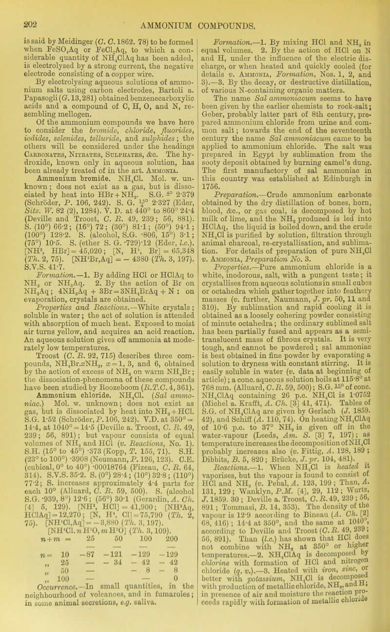 is said by Meidinger (0. G. 1862. 78) to be formed when FeS04Aq or FeGLAq, to which a con- siderable quantity of NH4ClAq has been added, is electrolysed by a strong current, the negative electrode consisting of a copper wire. By electrolysing aqueous solutions of ammo- nium salts using carbon electrodes, Bartoli a. Papasogli (G. 13,281) obtained benzenecarboxylic acids and a compound of C, H, 0, and N, re- sembling mellogen. Of the ammonium compounds we have here to consider the bromide, chloride, fluorides, iodides, selenides, telluride, and sulphides; the others will be considered under the headings Caebonates, Niteates, Sulphates, &c. The hy- droxide, known only in aqueous solution, has been already treated of in the art. Ammonia. Ammonium bromide. NH,C1. Mol. w. un- known ; does not exist as a gas, but is disso- ciated by heat into HBr + NH3. S.G. ±° 2-379 (Schroder, P. 106, 242). S. G. \5° 2-327 (Eder, Site. IF. 82 (2), 1284). V. D. at 440° to 860° 24-4 (Deville and Troost, G. R. 49, 239; 56, 881). S. (10°) 66-2; (16°) 72; (30°) 81-1; (50°) 94‘1; (100°) 128-2. S. (alcohol, S.G. -806, 15°) 3-1; (75°) 10-5. S. (ether S. G. -729)-12 (Eder, l.c.). [NH3, HBr] = 45,020; [N, PI1, Br] = 65,348 (Th. 2, 75). [NH'Bi-jAq] = - 4380 (Th. 3, 197). S.Y.S. 41-7. Formation.—1. By adding HOI or HClAq to NH3 or NH3Aq. 2. By the action of Br on NH3Aq; 4NH3Aq + 3Br = 3NH.,BrAq + N : on evaporation, crystals are obtained. Properties and Reactions.—White crystals ; soluble in water; the act of solution is attended with absorption of much heat. Exposed to moist air turns yellow, and acquires an acid reaction. An aqueous solution gives off ammonia at mode- rately low temperatures. Troost (C. B. 92, 715) describes three com- pounds, NH4Br.ccNH3, a3==l, 3, and 6, obtained by the action of excess of NH3 on warm NH.,Br; the dissociation-phenomena of these compounds have been studied by Boozeboom (B.T.G. 4,361). Ammonium chloride. N 11,01. (Sal ammo- niac.) Mol. w. unknown; does not exist as gas, but is dissociated by heat into NPI3 + HC1. S.G. 1-52 (Schroder, P. 106, 242). V.D. at 350° = 14-4, at 1040° = 14-5 (Deville a. Troost, G. B. 49, 239; 56, 891); but vapour consists of equal volumes of NH3 and HC1 (v. Reactions, No. 1). S.H. (15° to 45°) -373 (Kopp, T. 155, 71). S.H. (23° to 100°) -3908 (Neumann, P. 126,123). C.E. (cubical, 0° to 40°) -00018764 (Fizeau, C. B. 64, 314). S.V.S.35-2. S. (0°) 28-4; (10°) 32-8 ; (110°) 77-2; S. increases approximately 4-4 parts for each 10° (Alluard, C. B. 59, 500). S. (alcohol S.G. -939, 8°) 12-6 ; (56°) 30-1 (Gerardin, A. Gli. f4] 5, 129). [NH3, HC1] = 41,900; [NIFAq, HClAq] = 12,270; [N, H4, Cl] =75,790 (Th. 2, 75). [NIP'Cl.Aq] = -3,880 (Th. 3,197). [NH4C1. n H20, mH20] (Th. 3,109). n + m = 25 50 100 200 »= 10 -87 -121 -129 -129 „ 25 — - 34 - 42 - 42 „ 50 — - 8 - 8 „ 100 — — 0 Occurrence.— In small quantities, in the neighbourhood of volcanoes, and in fumaroles; in somo animal secretions, c.g. saliva. Formation.—1. By mixing HC1 and NH3 in equal volumes. 2. By the action of HC1 on N and H, under the influence of the electric dis- charge, or when heated and quickly cooled (for details v. Ammonia, Formation, Nos. 1, 2, and 3).—3. By the decay, or destructive distillation, of various N-containing organic matters. The name Sal ammoniacum seems to have been given by the earlier chemists to rock-salt; Geber, probably latter part of 8th century, pre- pared ammonium chloride from urine and com- mon salt; towards the end of the seventeenth century the name Sal ammoniacum came to be applied to ammonium chloride. The salt was prepared in Egypt by sublimation from the sooty deposit obtained by burning camel’s dung. The first manufactory of sal ammoniac in this country was established at Edinburgh in 1756. Preparation.—Crude ammonium carbonate obtained by the dry distillation of bones, horn, blood, &e., or gas coal, is decomposed by hot milk of lime, and the NH3 produced is led into HClAq, the liquid is boiled down, and the crude NH,C1 is purified by solution, filtration through animal charcoal, re-crystallisation, and sublima- tion. For details of preparation of pure NH4C1 v. Ammonia, Preparation No. 3. Properties.—Pure ammonium chloride is a white, inodorous, salt, with a pungent taste; it crystallises from aqueous solutions in small cubes or octahedra which gather together into feathery masses (v. further, Naumann, J.pr. 50,11 and 310). By sublimation and rapid cooling it is obtained as a loosely cohering powder consisting of minute octahedra; the ordinary sublimed salt has been partially fused and appears as a semi- translucent mass of fibrous crystals. It is very tough, and cannot be powdered ; sal ammoniac is best obtained in fine powder by evaporating a solution to dryness with constant stirring. It is easily soluble in water (v. data at beginning of article); a cone, aqueous solution boils at 115'8° at 768 mm. (Alluard, G. B. 59, 500); S.G. —0 of cone. NH,ClAq containing 26 p.c. NH4C1 is 1-0752 (Michel a. Krafit, A. Gh. [3] 41, 471). Tables of S.G. of NH4ClAq are given by Gerlach (J. 1859. 42), and Schiff (A. 110, 74). On heating NH4ClAq of 10-6 p.c. to 37° NH, is given off in the water-vapour (Leeds, Am. S. [3] 7, 197); as temperature increases the decomposition of NH ,C1 probably increases also (v. Fittig, A. 128,189 ; Dibbits, B. 5, 820; Briicke, J. pr. 104, 481). Reactions.—1. When NH,C1 is heated it vaporises, but the vapour is found to consist of HC1 and NH3 (v. Pebal, A. 123, 199 ; Than, A. 131, 129 ; Wanklyn, PM. [4], 29, 112 ; Wurtz, J. 1859. 30 ; Deville a. Troost, G. H.49, 239 ; 56, 891; Tommasi, B. 14, 353). The density of the vapour is 12*9 according to Bineau (A. Gh. [2] 68, 416) ; 14-4 at 350°, and the same at 1010 , according to Deville and Troost (C. B. 49, 239 ; 56, 891). Thau (l.c.) has shown that HC1 does not combine with NHa at 350° or higher temperatures.—2. NH4ClAq is decomposed by chlorine with formation of HOI and nitrogen clilorido (q. v.).—3. Heated with iron, zinc, or better with potassium, NH.,C1 is decompose with production of metallic chloride, NHS, and lx, in presence of air andmoisturo the reaction pro- ceeds rapidly with formation of metallic chlon e