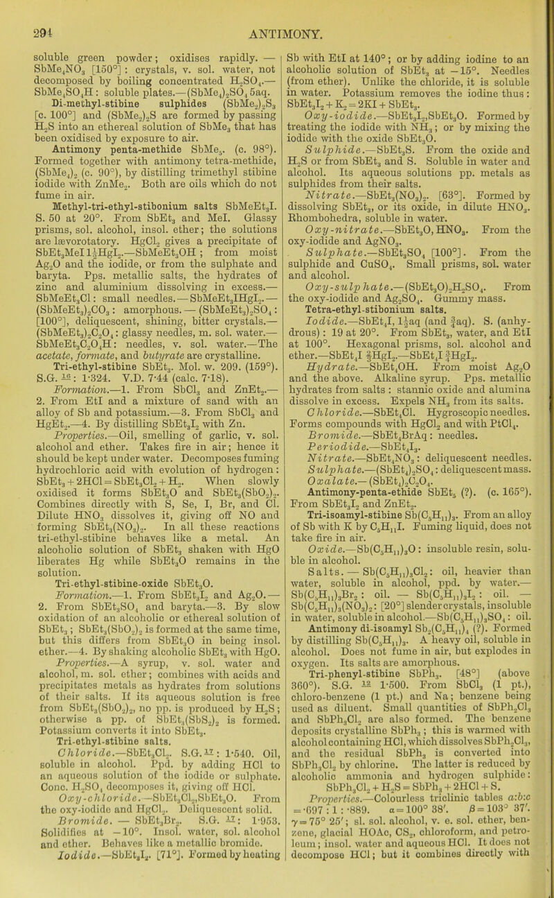 soluble green powder; oxidises rapidly. — SbMe4N03 [150°] : crystals, v. sol. water, not decomposed by boiling concentrated H2S04.— SbMe,SO,H : soluble plates.—(SbMe4)2S04 5aq. Di-methyl-stibine sulphides (SbMe2)2S3 [c. 100°] and (SbMe2)2S are formed by passing H2S into an ethereal solution of SbMe3 that has been oxidised by exposure to air. Antimony penta-methide SbMer>. (c. 98°). Formed together with antimony tetra-methide, (SbMe4)„ (c. 90°), by distilling trimethyl stibine iodide with ZnMe2. Both are oils which do not fume in air. Methyl-tri-ethyl-stibonium salts SbMeEt3I. S. 50 at 20°. From SbEt3 and Mel. Glassy prisms, sol. alcohol, insol. ether; the solutions are lsevorotatory. IigCL, gives a precipitate of SbEtjMel l|HgI2.—SbMeEt3OH ; from moist Ag20 and the iodide, or from the sulphate and baryta. Pps. metallic salts, the hydrates of zinc and aluminium dissolving in excess.— SbMeEtgCl: small needles. —SbMeEt3IHgI2.— (SbMeEt3)2C03: amorphous. — (SbMeEt3)2S04: [100°], deliquescent, shining, bitter crystals.— (SbMeEt3),C204: glassy needles, m. sol. water.— SbMeEt3C204H: needles, v. sol. water.—The acetate, formate, and butyrate are crystalline. Tri-ethyl-stibine SbEt3. Mol. w. 209. (159°). S.G. : 1-324. V.D. 7-44 (calc. 7-18). Formation.—1. From SbCl3 and ZnEt2.— 2. From EtI and a mixture of sand with an alloy of Sb and potassium.—3. From SbCl3 and HgEt2.—4. By distilling SbEt3I2 -with Zn. Properties.—Oil, smelling of garlic, v. sol. alcohol and ether. Takes fire in air; hence it should be kept under water. Decomposes fuming hydrochloric acid with evolution of hydrogen: SbEt3 + 2HC1 = SbEt3Cl2 + H.„ When slowly oxidised it forms SbEt30 and SbEt3(Sb02)2. Combines directly with S, Se, I, Br, and Cl. Dilute HN03 dissolves it, giving off NO and forming SbEt3(N03)2. In all these reactions tri-ethyl-stibine behaves like a metal. An alcoholic solution of SbEt3 shaken with HgO liberates Hg while SbEt30 remains in the solution. Tri-ethyl-stibine-oxide SbEt30. Formation.—1. From SbEt3I2 and Ag20.— 2. From SbEt3S04 and baryta.—3. By slow oxidation of an alcoholic or ethereal solution of SbEt3; SbEt3(Sb02)2 is formed at the same time, but this differs from SbEt30 in being insol. ether.—4. By shaking alcoholic SbEt., with HgO. Properties.—A syrup, v. sol. water and alcohol, m. sol. ether; combines with acids and precipitates metals as hydrates from solutions of their salts. If its aqueous solution is free from SbEt3(Sb02)2, no pp. is produced by H2S ; otherwise a pp. of SbEt3(SbS2)2 is formed. Potassium converts it into SbEt3. Tri-ethyl-stibine salts. Chloride.—SbEt3Cl2. S.G.i*: 1-540. Oil, soluble in alcohol. Ppd. by adding HC1 to an aqueous solution of the iodide or sulphate. Cone. H2SO, decomposes it, giving off HC1. Oxy-chloride.—SbEtaGL2,SbEtaO. From the oxy-iodide and IIgCl2. Deliquescent solid. Bromide. — SbEt3Br2. S.G. —: 1-953. Solidifies at —10°. Insol. water, sol. alcohol and ether. Behaves like a metallic bromide. Iodide.—SbEtaI2. [71°J. Formed by heating Sb with EtI at 140°; or by adding iodine to an alcoholic solution of SbEt3 at —15°. Needles (from ether). Unlike the chloride, it is soluble in water. Potassium removes the iodine thus : SbEt3I2 + K, = 2KI + SbEt3. Oxy-iodide.—SbEt3I2,SbEt30. Formed by treating the iodide with NH3; or by mixing the iodide with the oxide SbEt30. Sulphide.—SbEt3S. From the oxide and H2S or from SbEt3 and S. Soluble in water and alcohol. Its aqueous solutions pp. metals as sulphides from their salts. Nitrate.—SbEt3(N03)2. [63°]. Formed by dissolving SbEt3, or its oxide, in dilute HN03. Bhombohedra, soluble in water. Oxy-nitrate.—SbEt30,HN03. From the oxy-iodide and AgN03. Sulphate.—SbEt3S04 [100°]. From the sulphide and CuS04. Small prisms, sol. water and alcohol. Oxy-sulp hate.—(SbEt30)2H2S04. From the oxy-iodide and Ag2S04. Gummy mass. Tetra-ethyl-stibonium salts. Iodide.—SbEt4I, l|aq (and faq). S. (anhy- drous) : 19 at 20°. From SbEt3, water, and EtI at 100°. Hexagonal prisms, sol. alcohol and ether.—SbEt4I fHgl,.—SbEt4I fHgl2. Hydrate.—SbEt4OH. From moist Ag20 and the above. Alkaline syrup. Pps. metallic hydrates from salts : stannic oxide and alumina dissolve in excess. Expels NH3 from its salts. C h loride.—SbEt4Cl. Hygroscopic needles. Forms compounds with HgCL, and with PtCl4. Bromide.—SbEt,BrAq: needles. P er iodide.—SbEt4I3. Nitrate.—SbEt4N03: deliquescent needles. Sulphate.—(SbEt4),S04: deliquescent mass. Oxalate.— (SbEt4)2C204. Antimony-penta-eth’ide SbEt5 (?). (c. 165°). From SbEt3I2 and ZnEt2. Tri-isoamyl-stibine Sb(C5Hu)3. From an alloy of Sb with K by C3HnI. Fuming liquid, does not take fire in air. Oxide.—Sb(C5Hu)30 : insoluble resin, solu- ble in alcohol. Salts. — Sb(C5Hn)3Cl2: oil, heavier than water, soluble in alcohol, ppd. by water.— Sb(C,,Hu)3Br2: oil. - Sb(C5Hn)3I2: oil. - Sb(C5Hu)3(N03)2: [20°]slendercrystals, insoluble in water, soluble in alcohol.—SbfCyHn^SO.,: oil. Antimony di-isoamyl Sb2(CH,,)4 (?). Formed by distilling Sb(C5Hn)3. A heavy oil, soluble in alcohol. Does not fume in air, but explodes in oxygen. Its salts are amorphous. Tri-phenyl-stibine SbPh3. [48°] (above 360°). S.G. ^ 1-500. From SbCl3 (1 pt.), chloro-benzene (1 pt.) and Na; benzene being used as diluent. Small quantities of SbPh2Cl3 and SbPh3Cl2 are also formed. The benzene deposits crystalline SbPh3; this is warmed with alcohol containing HC1, which dissolves SbPh2Cl3, and the residual SbPh3 is converted into SbPhaCl2 by chlorine. The latter is reduced by alcoholic ammonia and hydrogen sulphide: SbPh3Cl2 + H.,S = SbPli3 + 2HC1 + S. Properties.—Colourless triclinic tables a:b:c = -697 :1: -889. a = 100° 38'. 0 = 103° 37'. 7 = 75° 25'; si. sol. alcohol, v. e. sol. ether, ben- zene, glacial HOAc, CS2, chloroform, and petro- leum ; insol. water and aqueous HC1. It does not decompose IlCl; but it combines directly with