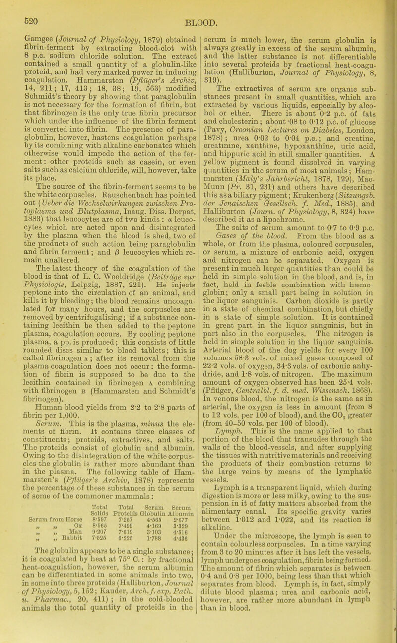 Gamgee (Journal of Physiology, 1879) obtained fibrin-ferment by extracting blood-clot with 8 p.c.. sodium chloride solution. The extract contained a small quantity of a globulin-like proteid, and had very marked power in inducing coagulation. Hammarsten (Pflilger's Archiv, 14, 211; 17, 413 ; 18, 38; 19, 563) modified Schmidt’s theory by showing that paraglobulin is not necessary for the formation of fibrin, but that fibrinogen is the only true fibrin precursor which under the influence of the fibrin ferment is converted into fibrin. The presence of para- globulin, however, hastens coagulation perhaps by its combining with alkaline carbonates which otherwise would impede the action of the fer- ment: other proteids such as casein, or even salts such as calcium chloride, will, however, take its place. The source of the fibrin-ferment seems to be the white corpuscles. Bauschenbach has pointed out (Ueber die Wechselwirkungen zwischen Pro- toplasma und Blutplasma, Inaug. Diss. Dorpat, 1883) that leucocytes are of two kinds : a leuco- cytes which are acted upon and disintegrated by the plasma when the blood is shed, two of the products of such action being paraglobulin and fibrin ferment; and /3 leucocytes which re- main unaltered. The latest theory of the coagulation of the blood is that of L. C. Wooldridge (Beitrdge zur Pliysiologie, Leipzig, 1887, 221). He injects peptone into the circulation of an animal, and kills it by bleeding; the blood remains uncoagu- lated for many hours, and the corpuscles are removed by centrifugalising; if a substance con- taining lecithin be then added to the peptone plasma, coagulation occurs. By cooling peptone j plasma, a pp. is produced; this consists of little rounded discs similar to blood tablets; this is called fibrinogen a ; after its removal from the plasma coagulation does not occur: the forma- tion of fibrin is supposed to be due to the lecithin contained in fibrinogen a combining with fibrinogen b (Hammarsten and Schmidt’s fibrinogen). Human blood yields from 2-2 to 2-8 parts of fibrin per 1,000. Serum. This is the plasma, minus the ele- ments of fibrin. It contains three classes of constituents; proteids, extractives, and salts. The proteids consist of globulin and albumin. Owing to the disintegration of the white corpus- cles the globulin is rather more abundant than in the plasma. The following table of Ham- marsten’s (Pflilger's Archiv, 1878) represents the percentage of these substances in the serum of some of the commoner mammals : Total Total Serum Serum Solids Proteids Globulin Albumin Serum from Horse 8-597 7-257 4-565 2-677 » » Ox 8-965 7-199 4-169 3-329 99 „ Man 9-207 7-619 3-103 4-516 »> „ Babbit 7-625 6-225 1-788 4-436 The globulin appoars to be a single substance; it is coagulated by heat at 75° C.: by fractional heat-coagulation, however, the serum albumin can be differentiated in some animals into two, in some into three proteids (Halliburton, Journal of Physiology, 5,152; Kauder, Arcli.f. exp. Path, u. Pha/rmac., 20, 411) ; in the cold-blooded animals the total quantity of proteids in the serum is much lower, the serum globulin is always greatly in excess of the serum albumin, and the latter substance is not differentiable into several proteids by fractional heat-coagu- lation (Halliburton, Journal of Physiology, 8, The extractives of serum are organic sub- stances present in small quantities, which are extracted by various liquids, especially by alco- hol or ether. There is about 0-2 p.c. of fats and cholesterin; about -08 to 0T2 p.c. of glucose (Pavy, Groonian Lectures on Diabetes, London, 1878) ; urea 002 to 0'04 p.c.; and creatine, creatinine, xanthine, hypoxanthine, uric acid, and hippurie acid in still smaller quantities. A yellow pigment is found dissolved in varying quantities in the serum of most animals; Ham- marsten (Maly's Jahrbericht, 1878, 129), Mae- Munn (Pr. 31, 231) and others have described this as a biliary pigment; Krukenberg (Sitzungsb. dcr Jenaischen Gesellsch. f. Med., 1885), and Halliburton (Joum. of Physiology, 8, 324) have described it as a lipochrome. The salts of serum amount to 0-7 to 0-9 p.c. Gases of the blood. From the blood as a whole, or from the plasma, coloured corpuscles, or serum, a mixture of carbonic acid, oxygen and nitrogen can be separated. Oxygen is present in much larger quantities than could be held in simple solution in the blood, and is, in fact, held in feeble combination with hiemo- globin; only a small part being in solution in the liquor sanguinis. Carbon dioxide is partly in a state of chemical combination, but chiefly in a state of simple solution. It is contained in great part in the liquor sanguinis, but in j part also in the corpuscles. The nitrogen is held in simple solution in the liquor sanguinis. Arterial blood of the dog yields for every 100 volumes 58-3 vols. of mixed gases composed of 22-2 vols. of oxygen, 34-3 vols. of carbonic anhy- dride, and 1-8 vols. of nitrogen. The maximum amount of oxygen observed has been 25’4 vols. (Pfluger, Gentralbl.f. d. med. Wissensch. 1868). In venous blood, the nitrogen is the same as in arterial, the oxygen is less in amount (from 8 to 12 vols. per 100 of blood), and the C02 greater (from 40-50 vols. per 100 of blood). Lymph. This is the name applied to that portion of the blood that transudes through the walls of the blood-vessels, and after supplying the tissues with nutritive materials and receiving the products of their combustion returns to the large veins by means of the lymphatic vessels. Lymph is a transparent liquid, which during digestion is more or less milky, owing to the sus- pension in it of fatty matters absorbed from the alimentary canal. Its specific gravity varies between 1-012 and 1-022, and its reaction is alkaline. Under the microscope, the lymph is seen to contain colourless corpuscles. In a time varying from 3 to 20 minutes after it has left the vessels, lymph undergoes coagulation, fibrin being formed. The amount of fibrin which separates is between 0-4 and 0'8 per 1000, being less than that which separates from blood. Lymph is, in fact, simply dilute blood plasma; urea and carbonic acid, however, are rather more abundant in lymph than in blood.