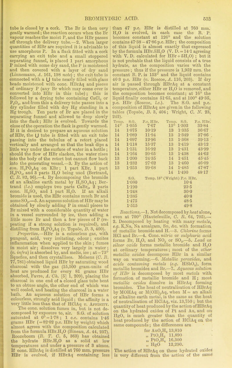 tube is closed by a cork. The Br is then very gently warmed; the reaction occurs when the Br vapour reaches the moist P, and the HBr passes off through the delivery tube. — 2. When larger quantities of HBr are required it is advisable to use amorphous P. In a flask fitted with a cork carrying an exit tube and a small stoppered separating funnel, is placed 1 part amorphous P mixed with some dry sand, the P is moistened and then covered with a layer of dry sand (Linnemann, A. 161, 198 note) ; the exit tube is connected with a U tube nearly filled with glass beads moistened with cone. HBrAq and pieces of ordinary P (any Br which may come over is converted into HBr in this tube); this is followed by a drying tube containing CaCl2 or P-A, and from this a delivery tube passes into a dry cylinder filled with dry Hg standing in a Hg trough. Ten parts of Br are placed in the separating funnel and allowed to drop slowly into the flask; HBr is evolved. Towards the close of the operation the flask is gently warmed. If it is desired to prepare an aqueous solution of HBr, the (J tube is fitted with an exit tube passing into the tubulus of a retort placed vertically and arranged so that the beak dips a little way under the surface of water in a bottle ; should the flow of HBr slacken, the water rises into the body of the retort but cannot flow back into the generating vessel.—3. By the action of con. H3P04Aq on KBr; 1 part KBr, 1 part H3P04, and 3 parts H20 being used (Bertrand, C. B. 82, 96).—4. By decomposing the bromide of an alkaline earth metal by H2S04Aq; Ber- trand (l.c.) employs two parts CaBr2, 2 parts cone. ILjSO,, and 1 part H20. If an alkali bromide is used, the HBr contains much Br and some S02.—5. An aqueous solution of HBr maybe obtained by slowly adding P in small pieces to Br mixed with a considerable quantity of water in a vessel surrounded by ice, then adding a little more Br and then a few pieces of P (re- peating if a strong solution is required), and distilling from H3PO,Aq (v. Topsoe, B. 3, 400). Properties.—HBr is a colourless gas, with pungent, acid, very irritating, odour ; excites inflammation when applied to the skin ; fumes in moist air; dissolves very largely in water ; (v. infra) is absorbed by, and melts, ice ; at — 73° liquefies, and then crystallises. Melsens (G. B. 77,781) obtained liquid HBr by saturating wood charcoal with the gas (15,500 gram-units of heat are produced for every 81 grams HBr absorbed, Favre, A. Ch. [5] 1, 209), placing the charcoal in one end of a closed glass tube bent to an obtuse angle, the other end of which was well cooled, and heating the charcoal in a water bath. An aqueous solution of HBr forms a colourless, strongly acid liquid ; the affinity is a very little less than that of HClAq v. Affinity. The cone, solution fumes in, but is not de- composed by exposure to, air. S.G. of solution saturated at 0° = l-78; 1 c.c. contains 1-46 grams HBr ( = 82-02 p.c. HBr by weight) which I almost agrees with the composition calculated from the formula HBr.H20 (Bineau, A. 44, 237). Roozeboom (B. T. C. 6, 363) has obtained the hydrate HBr.H20 as a solid at low temperatures and under a pressure of 3 atmos. If cone. HBrAq is distilled at 760 mm. pressure HBr is evolved, if HBrAq containing less than 47 p.c. HBr is distilled at 760 mm. H20 is evolved, in each case the B. P. becomes constant at 126° and the solution contains 47‘38 — 47-86 p.c. HBr; the composition of this liquid is almost exactly that expressed by the formula HBr.5H20 (V. D. = 14-1 agreeing with Y. D. calculated for HBr + 5H20) ; but it is not probable that the liquid consists of a true hydrate, as the composition varies with the pressure ; thus if the pressure is 1,952 mm. the constant B. P. is 153° and the liquid contains 46-3 p.c. HBr (v. Boscoe. A. 116, 203). If dry air is passed through HBrAq at a constant temperature, either HBr or H,0 is removed, and the composition becomes constant; at 16° the liquid finally contains 51-65, and at 100° 49-35, p.c. HBr (Boscoe, l.c.). The S.G. and p.c. composition of HBrAq are given in the following tables (Topsoe, B. 3, 404; Wright, G. N. 23, 242). Temp. S.G. P.c. HBr. Temp. S.G. P.c. HBr.' 14° 1-055 7-67 13° 1-302 33-84 14 1-075 10-19 13 1-335 36-67 14 1-089 11-94 13 1-349 37-86 14 1-097 12-96 13 1-368 39-13 14 1-118 15-37 13 1-419 43-12 14 1-131 16-92 13 1-431 43-99 14 1-164 20-65 13 1-438 44-62 13 1-200 24-35 14 1-451 45-45 13 1-232 27-62 13 1-460 46-09 13 1-253 29-6S 14 1-485 47-87 14 1-490 48-17 S.G. Temp. 15° (Wright) P.c. HBr. 1-080 10-4 1-190 23-5 1-248 30-0 1-385 40-8 1-475 48-5 1-515 49-8 Beactions.—1. Not decomposed by heat alone, even at 700° (Hautefeuille, G. B. 64, 705).—• 2. Decomposed by heating with many metals, e.g. K,Na, Na amalgam, Sn, &c. with formation, of metallic bromide and H.—3. Chlorine forms HC1 and Br.—4. Cone, nitric or sulphuric acid forms Br, H.,0, and N02 or S02.—5. Lead or silver oxide forms metallic bromide and H20 at ordinary temperatures; most of the other metallic oxides decompose HBr in a similar way on warming.—6. Metallic peroxides, and acids containing metals (e.g. HSbOa), form metallic bromides and Br.—7. Aqueous solution of HBr is decomposed by most metals with, formation of metallic bromide and II; most metallic oxides dissolve in HBrAq forming bromides. The heat of neutralisation of HBrAq by MOHAq or M(OH).Aq, when M = an alkali or alkaline earth metal, is the same as the heat of neutralisation of HClAq, viz. 13,750 ; but tha quantity of heat produced by the action of HBrAq. on the hydrated oxides of Pt and Au, and on; IlgO, is much greater than the quantity of heat produced by the action of HClAq on the same compounds; the differences are for AuO.,H3 13,810 „ PtO.,H2 11,890 „ PtO'H, 16,300 „ IlgO 12,290. The action of HBrAq on these hydrated oxides is very different from the action of the same'