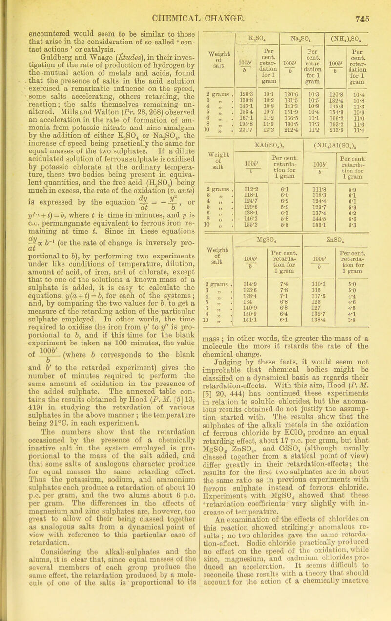 encountered would seem to be similar to those that arise in the consideration of so-called ‘ con- tact actions ’ or catalysis. Guldberg and Waage (Etudes), in their inves- tigation of the rate of production of hydrogen by the mutual action of metals and acids, found that the presence of salts in the acid solution exercised a remarkable influence on the speed, some salts accelerating, others retarding, the reaction; the salts themselves remaining un- altered. Mills and Walton (Pr. 28, 268) observed an acceleration in the rate of formation of am- monia from potassic nitrate and zinc amalgam by the addition of either K2S0., or Na2S04, the increase of speed being practically the same for equal masses of the two sulphates. If a dilute acidulated solution of ferrous sulphate is oxidised by potassic chlorate at the ordinary tempera- ture, these two bodies being present in equiva- lent quantities, and the free acid (H2S04) being much in excess, the rate of the oxidation (v. ante) is expressed by the equation ^ , or clt o yf'’. + t) — b, where t is time in minutes, and y is c.c. permanganate equivalent to ferrous iron re- maining at time t. Since in these equations — oc b~l (or the rate of change is inversely pro- at portional to b), by performing two experiments under like conditions of temperature, dilution, amount of acid, of iron, and of chlorate, except that to one of the solutions a known mass of a sulphate is added, it is easy to calculate the equations, y(a + t) = b, for each of the systems; and, by comparing the two values for b, to get a measure of the retarding action of the particular sulphate employed. In other words, the time required to oxidise the iron from y' to y is pro- portional to b, and if this time for the blank experiment be taken as 100 minutes, the value of (where b corresponds to the blank and b' to the retarded experiment) gives the number of minutes required to perform the same amount of oxidation in the presence of the added sulphate. The annexed table con- tains the results obtained by Hood (P. M. [5] 13, 419) in studying the retardation of various sulphates in the above manner ; the temperature being 21°C. in each experiment. The numbers show that the retardation occasioned by the presence of a chemically inactive salt in the system employed is pro- portional to the mass of the salt added, and that some salts of analogous character produce for equal masses the same retarding effect. Thus the potassium, sodium, and ammonium sulphates each produce a retardation of about 10 p.c. per gram, and the two alums about 6 p.c. per gram. The differences in the effects of magnesium and zinc sulphates are, however, too great to allow of their being classed together as analogous salts from a dynamical point of view with reference to this particular case of retardation. Considering the alkali-sulphates and the alums, it is clear that, since equal masses of the several members of each group produce the same effect, the retardation produced by a mole- cule of one of the salts is proportional to its Weight of salt K„S04 Na3S04 (NH4)3S04 1006' 6 Per cent, retar- dation for 1 gram 1006' 6 Per cent, retar- dation for 1 gram 1006' 6 Per cent, retar- dation for 1 gram 2 grams . 120-3 10-1 120-6 10-3 120-8 10-4 3 „ . 130-8 10-2 131-5 10-5 132-4 10-8 4 „ ■ 143-1 10-8 143-3 10-8 145-3 11-3 5 „ . 153-4 10-7 151-9 10-4 154-9 10-9 G „ . 167-1 11-2 166-5 11-1 166-2 11-0 8 „ . 195-8 11-9 190-5 11-3 193-2 11-6 10 „ . 221-7 12-2 212-4 11-2 213-9 11-4 W eight of salt KA1(S04)3 (NH4)A1(S04)3 1006' 6 Per cent, retarda- tion for 1 gram 1006' 5 Per cent, retarda- tion for 1 gram 2 grams 112-2 6-1 111-8 5-9 3 „ 118-1 6-0 118-3 6-1 4 „ 124-7 6-2 124-4 6-1 5 „ 129-6 5-9 129-7 6-9 6 „ 138-1 6-3 137-4 6-2 8 „ 146-2 5-8 144-5 5-6 10 „ 155-2 5-5 153-1 5-3 MgS04 ZnSO„ Weight Per cent. Per cent. 1006' retarda- 1006' retarda- 6 tion for b tion for 1 gram 1 gram 2 grams . 114-9 7-4 110-1 5-0 3 „ . 123-6 7-8 115 5-0 4 „ . 128-4 7-1 117-5 4-4 5 „ . 134 6-8 123 4-6 6 „ . 140-9 6-8 127 4-5 8 „ . 150-9 6-4 132-7 4-1 10 „ . 161-1 6-1 138-4 3-8 mass ; in other words, the greater the mass of a molecule the more it retards the rate of the chemical change. Judging by these facts, it would seem not improbable that chemical bodies might be classified on a dynamical basis as regards their retardation-effects. With this aim, Hood (P. M. [5] 20, 444) has continued these experiments in relation to soluble chlorides, but the anoma- lous results obtained do not justify the assump- tion started with. The results show that the sulphates of the alkali metals in the oxidation of ferrous chloride by KC103 produce an equal retarding effect, about 17 p.c. per gram, but that MgSO.„ ZnSO,„ and CdS04 (although usually classed together from a statical point of view) differ greatly in their retardation-effects; the results for the first two sulphates are in about the same ratio as in previous experiments with ferrous sulphate instead of ferrous chloride. Experiments with MgS04 showed that these 1 retardation coefficients ’ vary slightly with in- crease of temperature. An examination of the effects of chlorides on this reaction showed strikingly anomalous re- sults ; no two chlorides gave the same retarda- tion-effect. Sodic chloride practically produced no effect on the speed of the oxidation, while zinc, magnesium, and cadmium chlorides pro- duced an acceleration. It seems difficult to reconcile these results with a theory that should account for the action of a chemically inactive