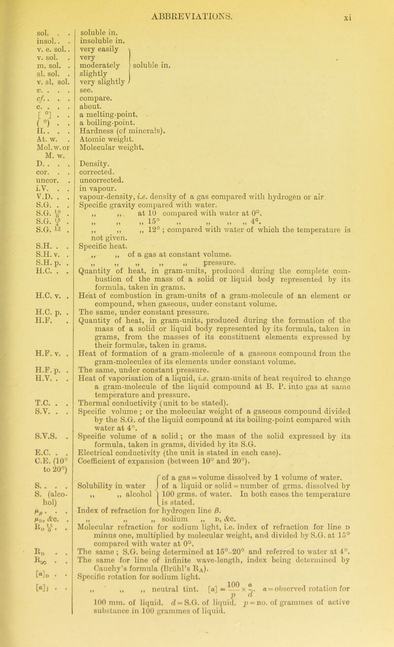 xi sol. . . insol.. . v. e. sol.. v. sol. m. sol. . si. sol. . v. si, sol. V. . . . c/.. . . c. . . . [ °] . • (°) • • EL. . . At. w. Mol.w. or M. w. D. . . . cor. . . uncor. i.V. . . V.D. . . S.G. . . B.G.V . S.G. . S.G. . soluble in. insoluble in. very easily very moderately soluble in. slightly very slightly . see. compare. about. a melting-point, a boiling-point. Hardness (of minerals). Atomic weight. Molecular weight. Density, corrected, uncorrected, in vapour. vapour-density, i.e. density of a gas compared with hydrogen or air Specific gravity compared with water. ,, „ at 10 compared with water at 0°, 15° 4° n »» »> -L^ » n >» ^ • ,, ,, ,, 12° ; compared with water of which the temperature is S.H. . . S.H.v. . S.H. p. . H.C. . . not given. Specific heat. „ „ of a gas at constant volume. „ „ „ „ „ pressure. Quantity of heat, in gram-units, produced during the complete com- bustion of the mass of a solid or liquid body represented by its formula, taken in grams. H.C. v. . Heat of combustion in gram-units of a gram-molecule of an element or compound, when gaseous, under constant volume. H.C. p. . H.F. The same, under constant pressure. Quantity of heat, in gram-units, produced during the formation of the mass of a solid or liquid body represented by its formula, taken in grams, from the masses of its constituent elements expressed by their formulas, taken in grams. H.F. v. . Heat of formation of a gram-molecule of a gaseous compound from the gram-molecules of its elements under constant volume. H.F. p. . H.V. . . The same, under constant pressure. Heat of vaporisation of a liquid, i.e. gram-units of heat required to change a gram-molecule of the liquid compound at B. P. into gas at same T.C. . . S.V. . . temperature and pressure. Thermal conductivity (unit to be stated). Specific volume ; or the molecular weight of a gaseous compound divided by the S.G. of the liquid compound at its boiling-point compared with water at 4°. S.V.S. . Specific volume of a solid; or the mass of the solid expressed by its formula, taken in grams, divided by its S.G. E.C. . . C.E. (10° to 20°) Electrical conductivity (the unit is stated in each case). Coefficient of expansion (between 10° and 20°). f of a gas = volume dissolved by 1 volume of water. S. . . . S. (alco- hol) #*/»• • • Mu, &C. . Solubility in water J of a liquid or solid = number of grms. dissolved by ,, ,, alcohol 1 100 grms. of water. In both cases the temperature bis stated. Index of refraction for hydrogen line 0. „ „ „ sodium „ n, &c. Molecular refraction for sodium light, i.e. index of refraction for line d minus one, multiplied by molecular weight, and divided by S.G. at 15° compared with water at 0°. R„ . . ltco • Mu • ■ [“]j • • The same ; S.G. being determined at 15°-20° and referred to water at 4°. The same for line of infinite wave-length, index being determined by Cauchy’s formula (Briihl’s Ha)- Specific rotation for sodium light. „ ' „ ,, neutral tint. [a]=^-x^. a = observed rotation for 2? cl 100 mm. of liquid. <Z = S.G. of liquid, p - no. of grammes of active substance in 100 grammes of liquid.